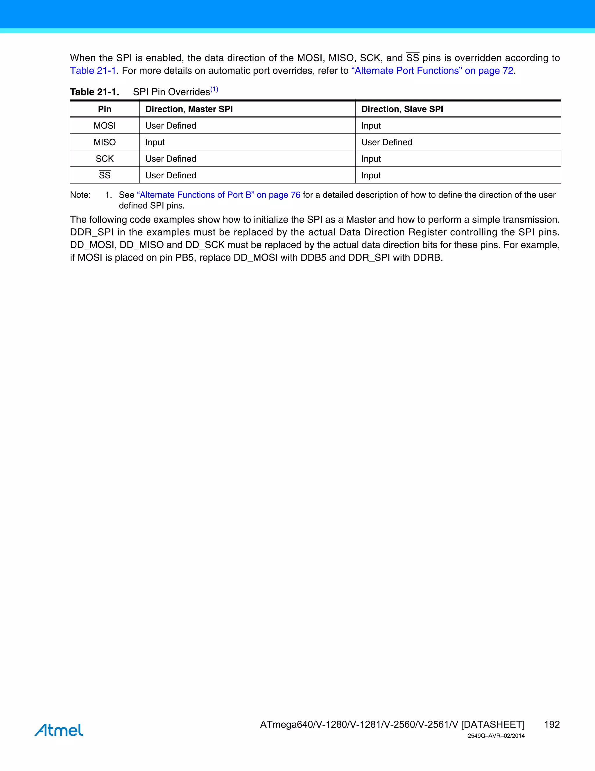 192
ATmega640/V-1280/V-1281/V-2560/V-2561/V [DATASHEET]
2549Q–AVR–02/2014
When the SPI is enabled, the data direction of the MOSI, MISO, SCK, and SS pins is overridden according to
Table 21-1. For more details on automatic port overrides, refer to “Alternate Port Functions” on page 72.
Note: 1. See “Alternate Functions of Port B” on page 76 for a detailed description of how to define the direction of the user
defined SPI pins.
The following code examples show how to initialize the SPI as a Master and how to perform a simple transmission.
DDR_SPI in the examples must be replaced by the actual Data Direction Register controlling the SPI pins.
DD_MOSI, DD_MISO and DD_SCK must be replaced by the actual data direction bits for these pins. For example,
if MOSI is placed on pin PB5, replace DD_MOSI with DDB5 and DDR_SPI with DDRB.
Table 21-1. SPI Pin Overrides(1)
Pin Direction, Master SPI Direction, Slave SPI
MOSI User Defined Input
MISO Input User Defined
SCK User Defined Input
SS User Defined Input
 