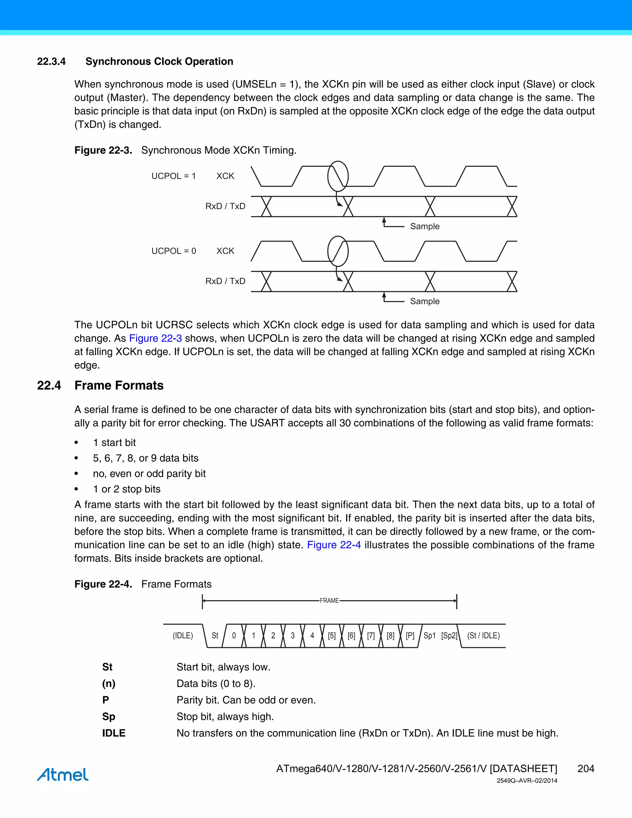 204
ATmega640/V-1280/V-1281/V-2560/V-2561/V [DATASHEET]
2549Q–AVR–02/2014
22.3.4 Synchronous Clock Operation
When synchronous mode is used (UMSELn = 1), the XCKn pin will be used as either clock input (Slave) or clock
output (Master). The dependency between the clock edges and data sampling or data change is the same. The
basic principle is that data input (on RxDn) is sampled at the opposite XCKn clock edge of the edge the data output
(TxDn) is changed.
Figure 22-3. Synchronous Mode XCKn Timing.
The UCPOLn bit UCRSC selects which XCKn clock edge is used for data sampling and which is used for data
change. As Figure 22-3 shows, when UCPOLn is zero the data will be changed at rising XCKn edge and sampled
at falling XCKn edge. If UCPOLn is set, the data will be changed at falling XCKn edge and sampled at rising XCKn
edge.
22.4 Frame Formats
A serial frame is defined to be one character of data bits with synchronization bits (start and stop bits), and option-
ally a parity bit for error checking. The USART accepts all 30 combinations of the following as valid frame formats:
• 1 start bit
• 5, 6, 7, 8, or 9 data bits
• no, even or odd parity bit
• 1 or 2 stop bits
A frame starts with the start bit followed by the least significant data bit. Then the next data bits, up to a total of
nine, are succeeding, ending with the most significant bit. If enabled, the parity bit is inserted after the data bits,
before the stop bits. When a complete frame is transmitted, it can be directly followed by a new frame, or the com-
munication line can be set to an idle (high) state. Figure 22-4 illustrates the possible combinations of the frame
formats. Bits inside brackets are optional.
Figure 22-4. Frame Formats
St Start bit, always low.
(n) Data bits (0 to 8).
P Parity bit. Can be odd or even.
Sp Stop bit, always high.
IDLE No transfers on the communication line (RxDn or TxDn). An IDLE line must be high.
RxD / TxD
XCK
RxD / TxD
XCK
UCPOL = 0
UCPOL = 1
Sample
Sample
1
0 2 3 4 [5] [6] [7] [8] [P]
St Sp1 [Sp2] (St / IDLE)
(IDLE)
FRAME
 