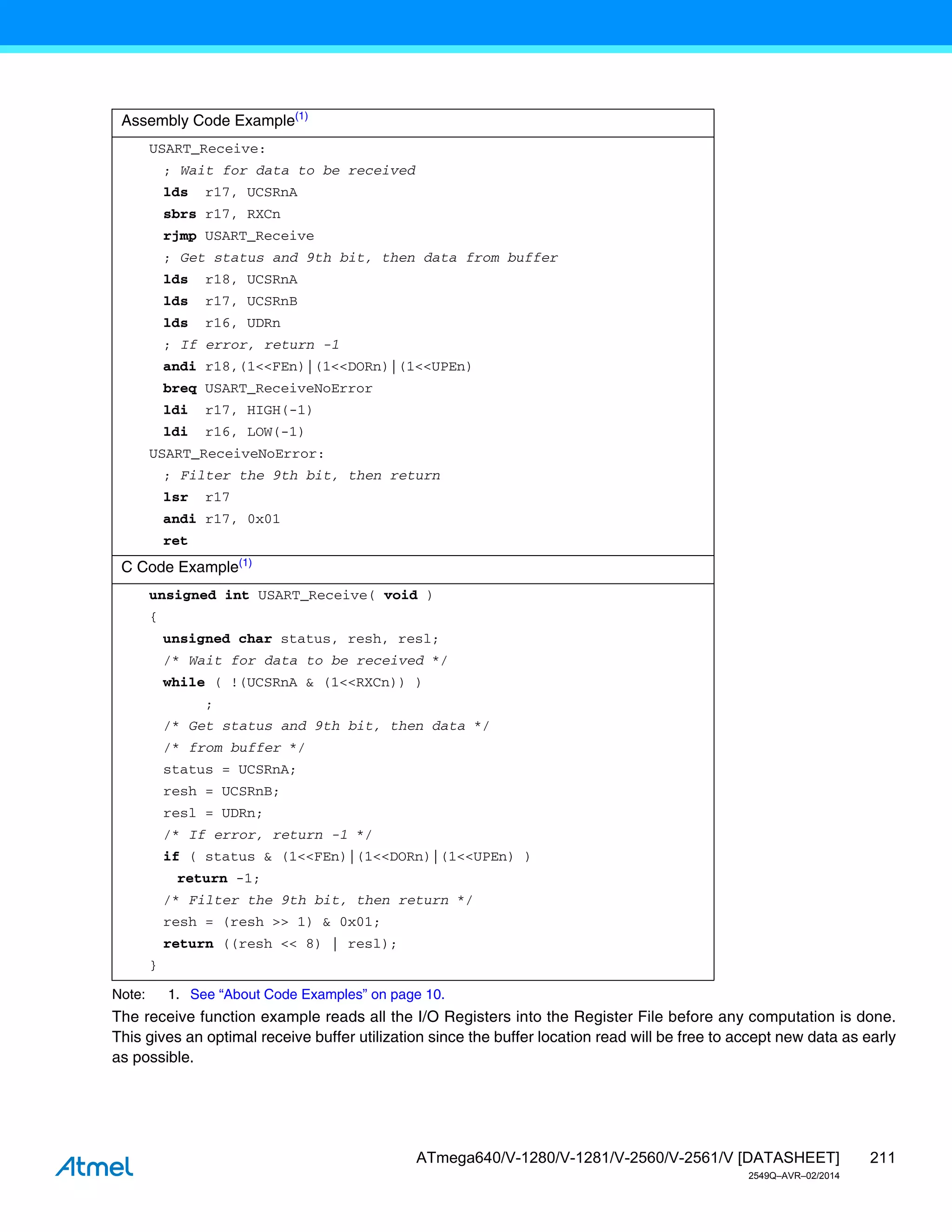 211
ATmega640/V-1280/V-1281/V-2560/V-2561/V [DATASHEET]
2549Q–AVR–02/2014
Note: 1. See “About Code Examples” on page 10.
The receive function example reads all the I/O Registers into the Register File before any computation is done.
This gives an optimal receive buffer utilization since the buffer location read will be free to accept new data as early
as possible.
Assembly Code Example(1)
USART_Receive:
; Wait for data to be received
lds r17, UCSRnA
sbrs r17, RXCn
rjmp USART_Receive
; Get status and 9th bit, then data from buffer
lds r18, UCSRnA
lds r17, UCSRnB
lds r16, UDRn
; If error, return -1
andi r18,(1<<FEn)|(1<<DORn)|(1<<UPEn)
breq USART_ReceiveNoError
ldi r17, HIGH(-1)
ldi r16, LOW(-1)
USART_ReceiveNoError:
; Filter the 9th bit, then return
lsr r17
andi r17, 0x01
ret
C Code Example(1)
unsigned int USART_Receive( void )
{
unsigned char status, resh, resl;
/* Wait for data to be received */
while ( !(UCSRnA & (1<<RXCn)) )
;
/* Get status and 9th bit, then data */
/* from buffer */
status = UCSRnA;
resh = UCSRnB;
resl = UDRn;
/* If error, return -1 */
if ( status & (1<<FEn)|(1<<DORn)|(1<<UPEn) )
return -1;
/* Filter the 9th bit, then return */
resh = (resh >> 1) & 0x01;
return ((resh << 8) | resl);
}
 