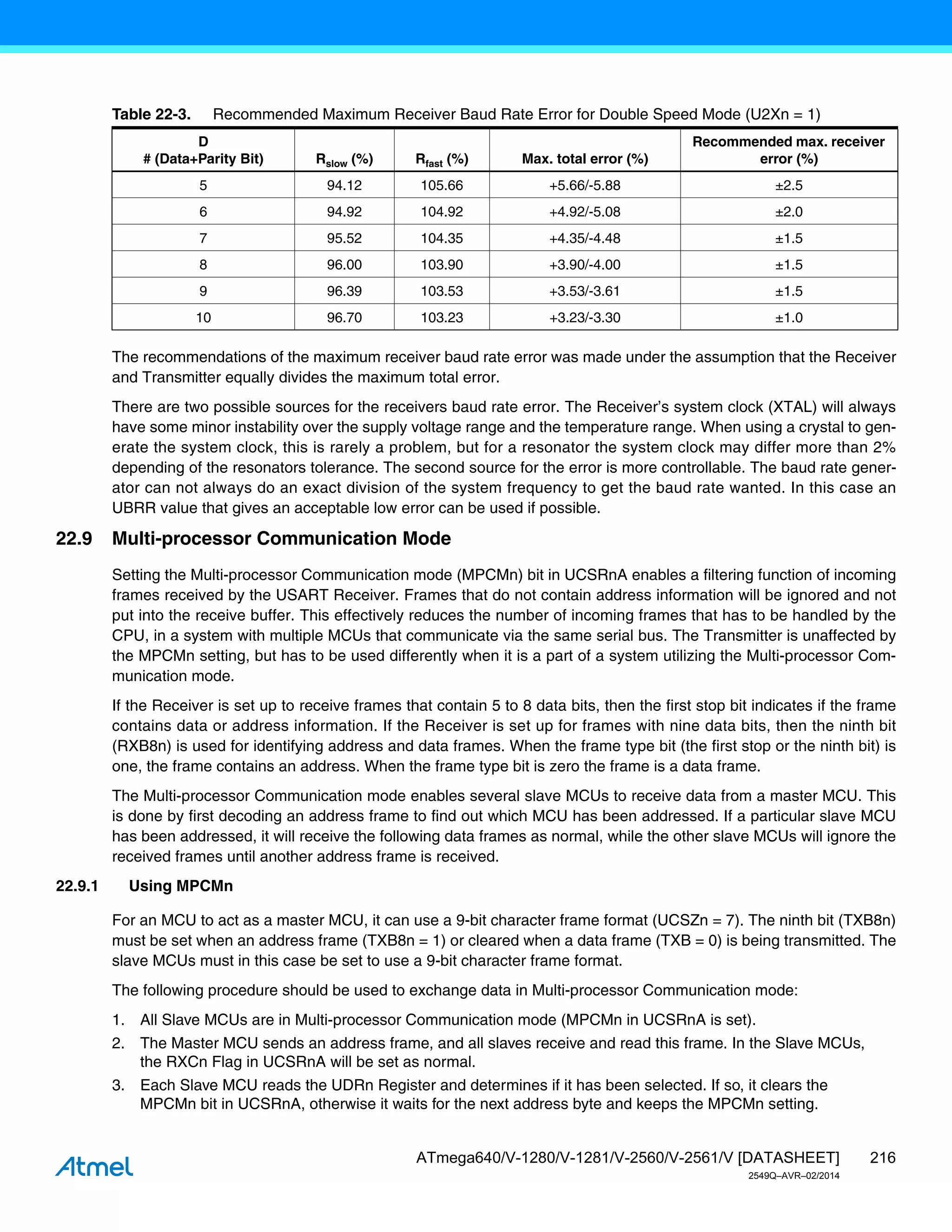216
ATmega640/V-1280/V-1281/V-2560/V-2561/V [DATASHEET]
2549Q–AVR–02/2014
The recommendations of the maximum receiver baud rate error was made under the assumption that the Receiver
and Transmitter equally divides the maximum total error.
There are two possible sources for the receivers baud rate error. The Receiver’s system clock (XTAL) will always
have some minor instability over the supply voltage range and the temperature range. When using a crystal to gen-
erate the system clock, this is rarely a problem, but for a resonator the system clock may differ more than 2%
depending of the resonators tolerance. The second source for the error is more controllable. The baud rate gener-
ator can not always do an exact division of the system frequency to get the baud rate wanted. In this case an
UBRR value that gives an acceptable low error can be used if possible.
22.9 Multi-processor Communication Mode
Setting the Multi-processor Communication mode (MPCMn) bit in UCSRnA enables a filtering function of incoming
frames received by the USART Receiver. Frames that do not contain address information will be ignored and not
put into the receive buffer. This effectively reduces the number of incoming frames that has to be handled by the
CPU, in a system with multiple MCUs that communicate via the same serial bus. The Transmitter is unaffected by
the MPCMn setting, but has to be used differently when it is a part of a system utilizing the Multi-processor Com-
munication mode.
If the Receiver is set up to receive frames that contain 5 to 8 data bits, then the first stop bit indicates if the frame
contains data or address information. If the Receiver is set up for frames with nine data bits, then the ninth bit
(RXB8n) is used for identifying address and data frames. When the frame type bit (the first stop or the ninth bit) is
one, the frame contains an address. When the frame type bit is zero the frame is a data frame.
The Multi-processor Communication mode enables several slave MCUs to receive data from a master MCU. This
is done by first decoding an address frame to find out which MCU has been addressed. If a particular slave MCU
has been addressed, it will receive the following data frames as normal, while the other slave MCUs will ignore the
received frames until another address frame is received.
22.9.1 Using MPCMn
For an MCU to act as a master MCU, it can use a 9-bit character frame format (UCSZn = 7). The ninth bit (TXB8n)
must be set when an address frame (TXB8n = 1) or cleared when a data frame (TXB = 0) is being transmitted. The
slave MCUs must in this case be set to use a 9-bit character frame format.
The following procedure should be used to exchange data in Multi-processor Communication mode:
1. All Slave MCUs are in Multi-processor Communication mode (MPCMn in UCSRnA is set).
2. The Master MCU sends an address frame, and all slaves receive and read this frame. In the Slave MCUs,
the RXCn Flag in UCSRnA will be set as normal.
3. Each Slave MCU reads the UDRn Register and determines if it has been selected. If so, it clears the
MPCMn bit in UCSRnA, otherwise it waits for the next address byte and keeps the MPCMn setting.
Table 22-3. Recommended Maximum Receiver Baud Rate Error for Double Speed Mode (U2Xn = 1)
D
# (Data+Parity Bit) Rslow (%) Rfast (%) Max. total error (%)
Recommended max. receiver
error (%)
5 94.12 105.66 +5.66/-5.88 ±2.5
6 94.92 104.92 +4.92/-5.08 ±2.0
7 95.52 104.35 +4.35/-4.48 ±1.5
8 96.00 103.90 +3.90/-4.00 ±1.5
9 96.39 103.53 +3.53/-3.61 ±1.5
10 96.70 103.23 +3.23/-3.30 ±1.0
 