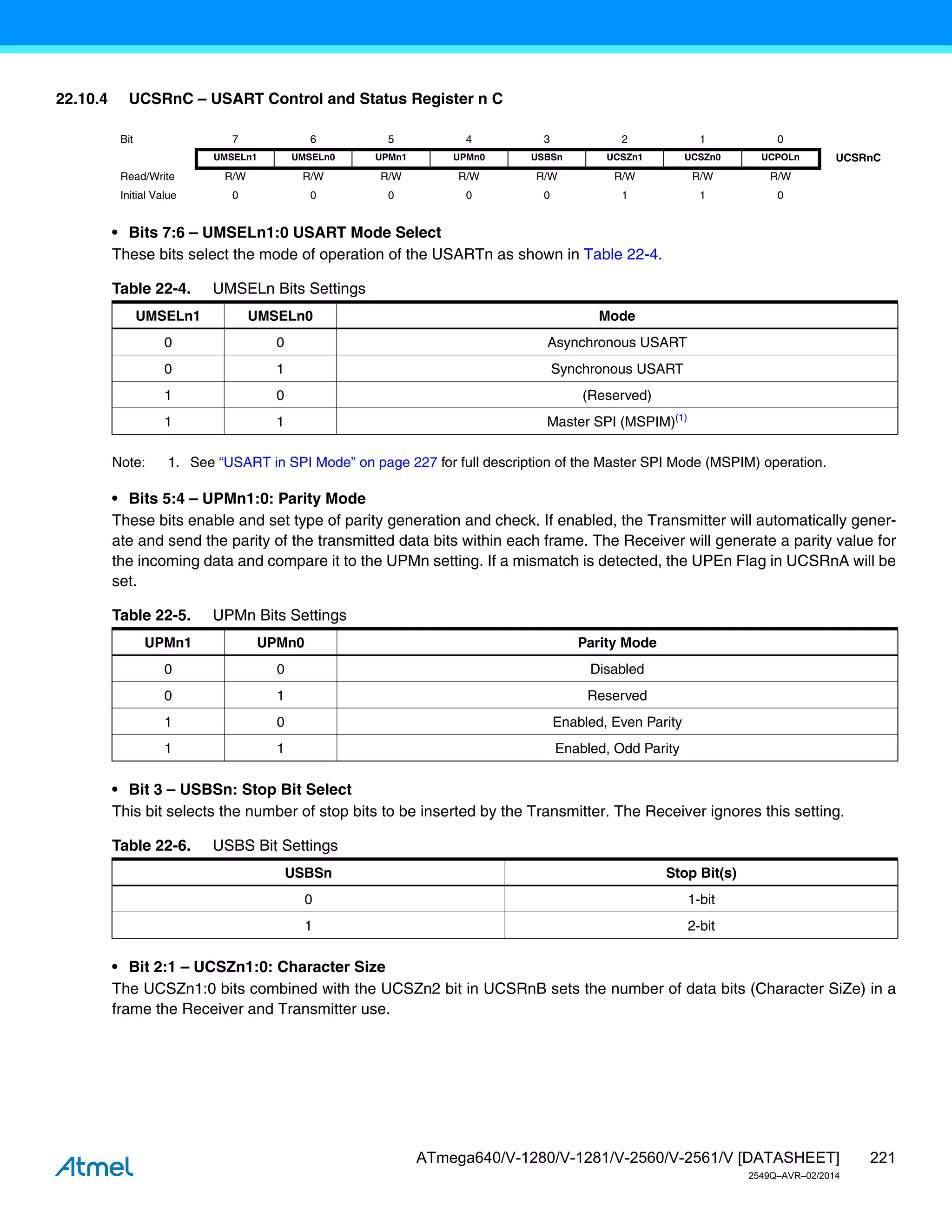 221
ATmega640/V-1280/V-1281/V-2560/V-2561/V [DATASHEET]
2549Q–AVR–02/2014
22.10.4 UCSRnC – USART Control and Status Register n C
• Bits 7:6 – UMSELn1:0 USART Mode Select
These bits select the mode of operation of the USARTn as shown in Table 22-4.
Note: 1. See “USART in SPI Mode” on page 227 for full description of the Master SPI Mode (MSPIM) operation.
• Bits 5:4 – UPMn1:0: Parity Mode
These bits enable and set type of parity generation and check. If enabled, the Transmitter will automatically gener-
ate and send the parity of the transmitted data bits within each frame. The Receiver will generate a parity value for
the incoming data and compare it to the UPMn setting. If a mismatch is detected, the UPEn Flag in UCSRnA will be
set.
• Bit 3 – USBSn: Stop Bit Select
This bit selects the number of stop bits to be inserted by the Transmitter. The Receiver ignores this setting.
• Bit 2:1 – UCSZn1:0: Character Size
The UCSZn1:0 bits combined with the UCSZn2 bit in UCSRnB sets the number of data bits (Character SiZe) in a
frame the Receiver and Transmitter use.
Bit 7 6 5 4 3 2 1 0
UMSELn1 UMSELn0 UPMn1 UPMn0 USBSn UCSZn1 UCSZn0 UCPOLn UCSRnC
Read/Write R/W R/W R/W R/W R/W R/W R/W R/W
Initial Value 0 0 0 0 0 1 1 0
Table 22-4. UMSELn Bits Settings
UMSELn1 UMSELn0 Mode
0 0 Asynchronous USART
0 1 Synchronous USART
1 0 (Reserved)
1 1 Master SPI (MSPIM)(1)
Table 22-5. UPMn Bits Settings
UPMn1 UPMn0 Parity Mode
0 0 Disabled
0 1 Reserved
1 0 Enabled, Even Parity
1 1 Enabled, Odd Parity
Table 22-6. USBS Bit Settings
USBSn Stop Bit(s)
0 1-bit
1 2-bit
 