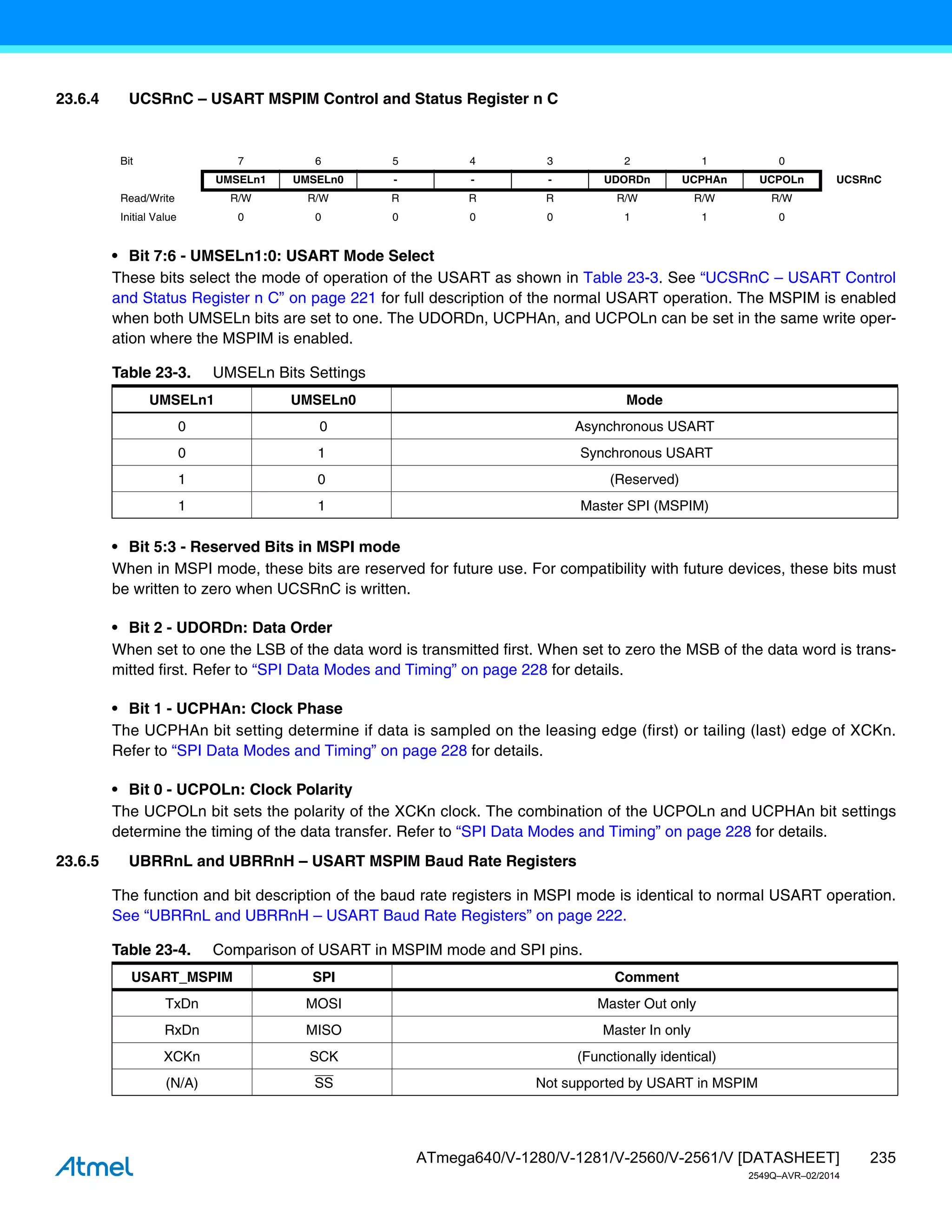 235
ATmega640/V-1280/V-1281/V-2560/V-2561/V [DATASHEET]
2549Q–AVR–02/2014
23.6.4 UCSRnC – USART MSPIM Control and Status Register n C
• Bit 7:6 - UMSELn1:0: USART Mode Select
These bits select the mode of operation of the USART as shown in Table 23-3. See “UCSRnC – USART Control
and Status Register n C” on page 221 for full description of the normal USART operation. The MSPIM is enabled
when both UMSELn bits are set to one. The UDORDn, UCPHAn, and UCPOLn can be set in the same write oper-
ation where the MSPIM is enabled.
• Bit 5:3 - Reserved Bits in MSPI mode
When in MSPI mode, these bits are reserved for future use. For compatibility with future devices, these bits must
be written to zero when UCSRnC is written.
• Bit 2 - UDORDn: Data Order
When set to one the LSB of the data word is transmitted first. When set to zero the MSB of the data word is trans-
mitted first. Refer to “SPI Data Modes and Timing” on page 228 for details.
• Bit 1 - UCPHAn: Clock Phase
The UCPHAn bit setting determine if data is sampled on the leasing edge (first) or tailing (last) edge of XCKn.
Refer to “SPI Data Modes and Timing” on page 228 for details.
• Bit 0 - UCPOLn: Clock Polarity
The UCPOLn bit sets the polarity of the XCKn clock. The combination of the UCPOLn and UCPHAn bit settings
determine the timing of the data transfer. Refer to “SPI Data Modes and Timing” on page 228 for details.
23.6.5 UBRRnL and UBRRnH – USART MSPIM Baud Rate Registers
The function and bit description of the baud rate registers in MSPI mode is identical to normal USART operation.
See “UBRRnL and UBRRnH – USART Baud Rate Registers” on page 222.
Bit 7 6 5 4 3 2 1 0
UMSELn1 UMSELn0 - - - UDORDn UCPHAn UCPOLn UCSRnC
Read/Write R/W R/W R R R R/W R/W R/W
Initial Value 0 0 0 0 0 1 1 0
Table 23-3. UMSELn Bits Settings
UMSELn1 UMSELn0 Mode
0 0 Asynchronous USART
0 1 Synchronous USART
1 0 (Reserved)
1 1 Master SPI (MSPIM)
Table 23-4. Comparison of USART in MSPIM mode and SPI pins.
USART_MSPIM SPI Comment
TxDn MOSI Master Out only
RxDn MISO Master In only
XCKn SCK (Functionally identical)
(N/A) SS Not supported by USART in MSPIM
 