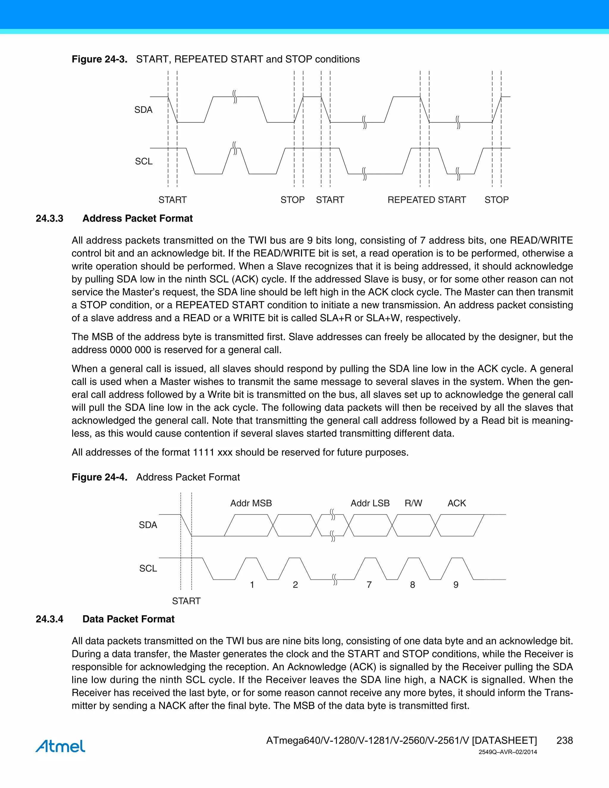 238
ATmega640/V-1280/V-1281/V-2560/V-2561/V [DATASHEET]
2549Q–AVR–02/2014
Figure 24-3. START, REPEATED START and STOP conditions
24.3.3 Address Packet Format
All address packets transmitted on the TWI bus are 9 bits long, consisting of 7 address bits, one READ/WRITE
control bit and an acknowledge bit. If the READ/WRITE bit is set, a read operation is to be performed, otherwise a
write operation should be performed. When a Slave recognizes that it is being addressed, it should acknowledge
by pulling SDA low in the ninth SCL (ACK) cycle. If the addressed Slave is busy, or for some other reason can not
service the Master’s request, the SDA line should be left high in the ACK clock cycle. The Master can then transmit
a STOP condition, or a REPEATED START condition to initiate a new transmission. An address packet consisting
of a slave address and a READ or a WRITE bit is called SLA+R or SLA+W, respectively.
The MSB of the address byte is transmitted first. Slave addresses can freely be allocated by the designer, but the
address 0000 000 is reserved for a general call.
When a general call is issued, all slaves should respond by pulling the SDA line low in the ACK cycle. A general
call is used when a Master wishes to transmit the same message to several slaves in the system. When the gen-
eral call address followed by a Write bit is transmitted on the bus, all slaves set up to acknowledge the general call
will pull the SDA line low in the ack cycle. The following data packets will then be received by all the slaves that
acknowledged the general call. Note that transmitting the general call address followed by a Read bit is meaning-
less, as this would cause contention if several slaves started transmitting different data.
All addresses of the format 1111 xxx should be reserved for future purposes.
Figure 24-4. Address Packet Format
24.3.4 Data Packet Format
All data packets transmitted on the TWI bus are nine bits long, consisting of one data byte and an acknowledge bit.
During a data transfer, the Master generates the clock and the START and STOP conditions, while the Receiver is
responsible for acknowledging the reception. An Acknowledge (ACK) is signalled by the Receiver pulling the SDA
line low during the ninth SCL cycle. If the Receiver leaves the SDA line high, a NACK is signalled. When the
Receiver has received the last byte, or for some reason cannot receive any more bytes, it should inform the Trans-
mitter by sending a NACK after the final byte. The MSB of the data byte is transmitted first.
SDA
SCL
START STOP
REPEATED START
STOP START
SDA
SCL
START
1 2 7 8 9
Addr MSB Addr LSB R/W ACK
 