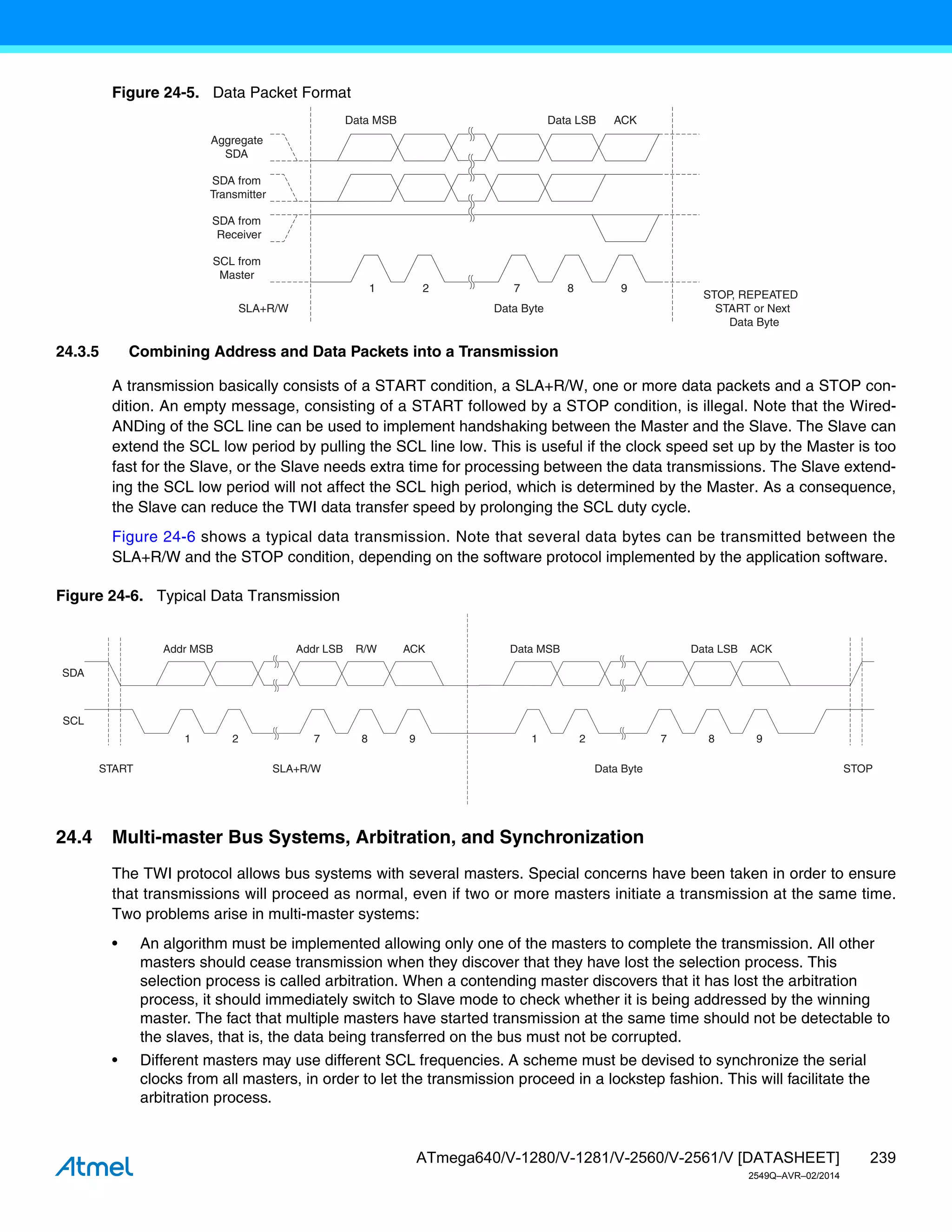 239
ATmega640/V-1280/V-1281/V-2560/V-2561/V [DATASHEET]
2549Q–AVR–02/2014
Figure 24-5. Data Packet Format
24.3.5 Combining Address and Data Packets into a Transmission
A transmission basically consists of a START condition, a SLA+R/W, one or more data packets and a STOP con-
dition. An empty message, consisting of a START followed by a STOP condition, is illegal. Note that the Wired-
ANDing of the SCL line can be used to implement handshaking between the Master and the Slave. The Slave can
extend the SCL low period by pulling the SCL line low. This is useful if the clock speed set up by the Master is too
fast for the Slave, or the Slave needs extra time for processing between the data transmissions. The Slave extend-
ing the SCL low period will not affect the SCL high period, which is determined by the Master. As a consequence,
the Slave can reduce the TWI data transfer speed by prolonging the SCL duty cycle.
Figure 24-6 shows a typical data transmission. Note that several data bytes can be transmitted between the
SLA+R/W and the STOP condition, depending on the software protocol implemented by the application software.
Figure 24-6. Typical Data Transmission
24.4 Multi-master Bus Systems, Arbitration, and Synchronization
The TWI protocol allows bus systems with several masters. Special concerns have been taken in order to ensure
that transmissions will proceed as normal, even if two or more masters initiate a transmission at the same time.
Two problems arise in multi-master systems:
• An algorithm must be implemented allowing only one of the masters to complete the transmission. All other
masters should cease transmission when they discover that they have lost the selection process. This
selection process is called arbitration. When a contending master discovers that it has lost the arbitration
process, it should immediately switch to Slave mode to check whether it is being addressed by the winning
master. The fact that multiple masters have started transmission at the same time should not be detectable to
the slaves, that is, the data being transferred on the bus must not be corrupted.
• Different masters may use different SCL frequencies. A scheme must be devised to synchronize the serial
clocks from all masters, in order to let the transmission proceed in a lockstep fashion. This will facilitate the
arbitration process.
1 2 7 8 9
Data MSB Data LSB ACK
Aggregate
SDA
SDA from
Transmitter
SDA from
Receiver
SCL from
Master
SLA+R/W Data Byte
STOP, REPEATED
START or Next
Data Byte
1 2 7 8 9
Data Byte
Data MSB Data LSB ACK
SDA
SCL
START
1 2 7 8 9
Addr MSB Addr LSB R/W ACK
SLA+R/W STOP
 