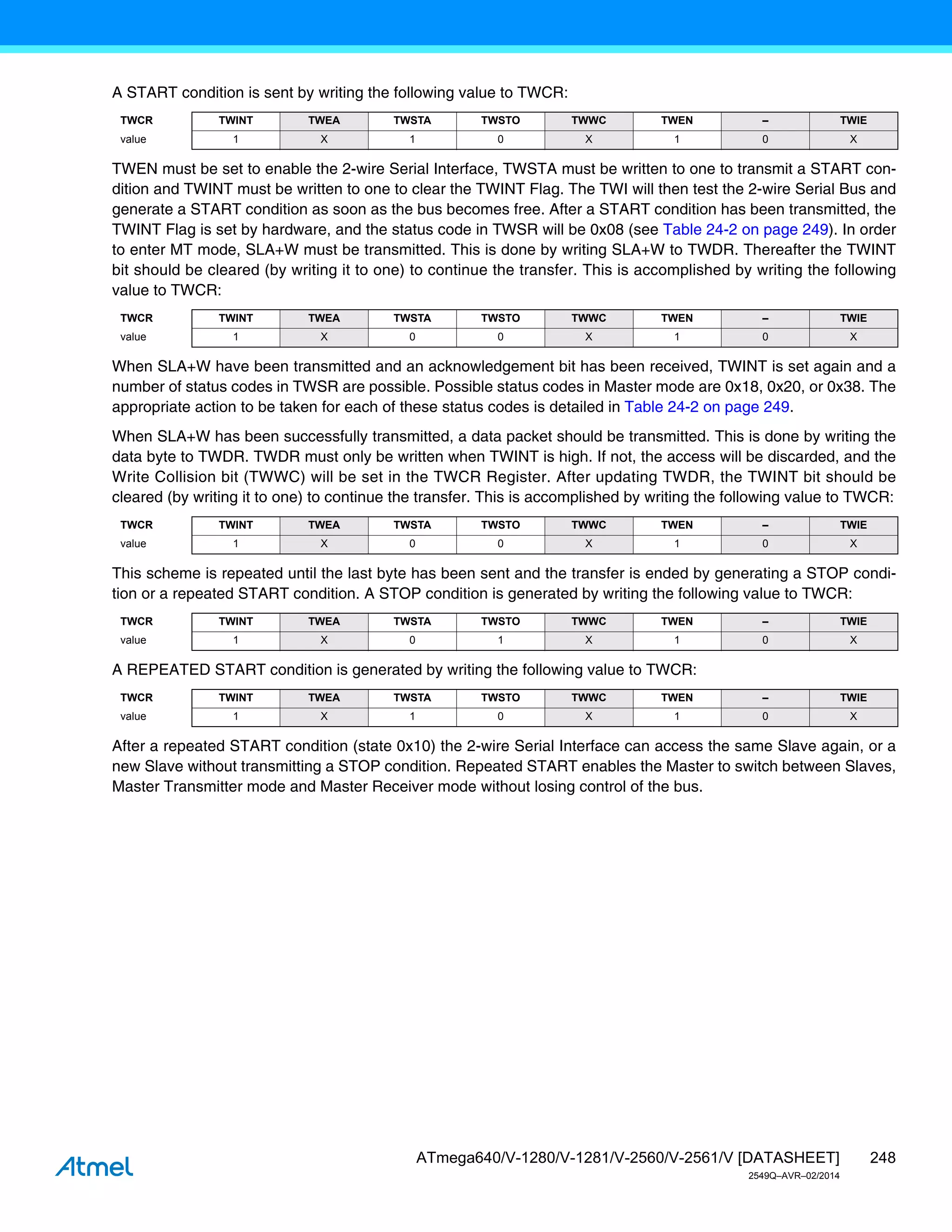 248
ATmega640/V-1280/V-1281/V-2560/V-2561/V [DATASHEET]
2549Q–AVR–02/2014
A START condition is sent by writing the following value to TWCR:
TWEN must be set to enable the 2-wire Serial Interface, TWSTA must be written to one to transmit a START con-
dition and TWINT must be written to one to clear the TWINT Flag. The TWI will then test the 2-wire Serial Bus and
generate a START condition as soon as the bus becomes free. After a START condition has been transmitted, the
TWINT Flag is set by hardware, and the status code in TWSR will be 0x08 (see Table 24-2 on page 249). In order
to enter MT mode, SLA+W must be transmitted. This is done by writing SLA+W to TWDR. Thereafter the TWINT
bit should be cleared (by writing it to one) to continue the transfer. This is accomplished by writing the following
value to TWCR:
When SLA+W have been transmitted and an acknowledgement bit has been received, TWINT is set again and a
number of status codes in TWSR are possible. Possible status codes in Master mode are 0x18, 0x20, or 0x38. The
appropriate action to be taken for each of these status codes is detailed in Table 24-2 on page 249.
When SLA+W has been successfully transmitted, a data packet should be transmitted. This is done by writing the
data byte to TWDR. TWDR must only be written when TWINT is high. If not, the access will be discarded, and the
Write Collision bit (TWWC) will be set in the TWCR Register. After updating TWDR, the TWINT bit should be
cleared (by writing it to one) to continue the transfer. This is accomplished by writing the following value to TWCR:
This scheme is repeated until the last byte has been sent and the transfer is ended by generating a STOP condi-
tion or a repeated START condition. A STOP condition is generated by writing the following value to TWCR:
A REPEATED START condition is generated by writing the following value to TWCR:
After a repeated START condition (state 0x10) the 2-wire Serial Interface can access the same Slave again, or a
new Slave without transmitting a STOP condition. Repeated START enables the Master to switch between Slaves,
Master Transmitter mode and Master Receiver mode without losing control of the bus.
TWCR TWINT TWEA TWSTA TWSTO TWWC TWEN – TWIE
value 1 X 1 0 X 1 0 X
TWCR TWINT TWEA TWSTA TWSTO TWWC TWEN – TWIE
value 1 X 0 0 X 1 0 X
TWCR TWINT TWEA TWSTA TWSTO TWWC TWEN – TWIE
value 1 X 0 0 X 1 0 X
TWCR TWINT TWEA TWSTA TWSTO TWWC TWEN – TWIE
value 1 X 0 1 X 1 0 X
TWCR TWINT TWEA TWSTA TWSTO TWWC TWEN – TWIE
value 1 X 1 0 X 1 0 X
 