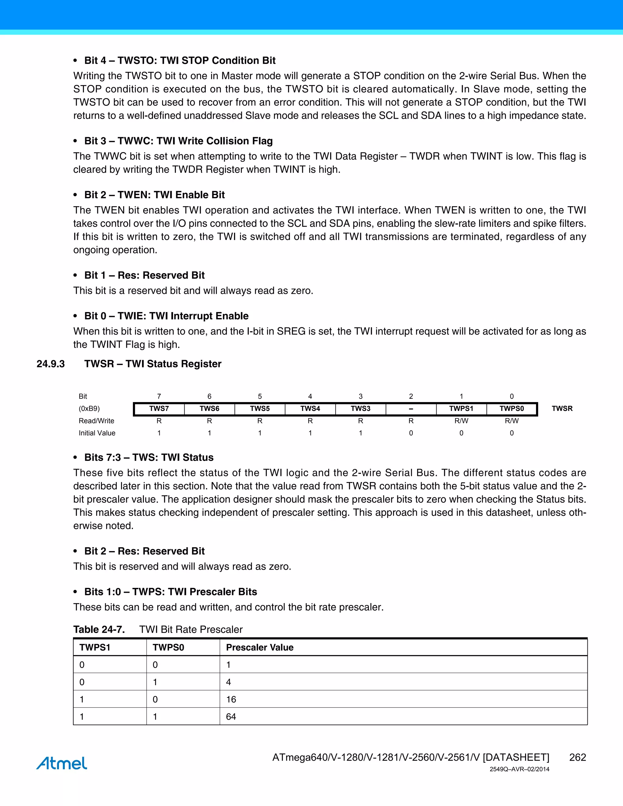 262
ATmega640/V-1280/V-1281/V-2560/V-2561/V [DATASHEET]
2549Q–AVR–02/2014
• Bit 4 – TWSTO: TWI STOP Condition Bit
Writing the TWSTO bit to one in Master mode will generate a STOP condition on the 2-wire Serial Bus. When the
STOP condition is executed on the bus, the TWSTO bit is cleared automatically. In Slave mode, setting the
TWSTO bit can be used to recover from an error condition. This will not generate a STOP condition, but the TWI
returns to a well-defined unaddressed Slave mode and releases the SCL and SDA lines to a high impedance state.
• Bit 3 – TWWC: TWI Write Collision Flag
The TWWC bit is set when attempting to write to the TWI Data Register – TWDR when TWINT is low. This flag is
cleared by writing the TWDR Register when TWINT is high.
• Bit 2 – TWEN: TWI Enable Bit
The TWEN bit enables TWI operation and activates the TWI interface. When TWEN is written to one, the TWI
takes control over the I/O pins connected to the SCL and SDA pins, enabling the slew-rate limiters and spike filters.
If this bit is written to zero, the TWI is switched off and all TWI transmissions are terminated, regardless of any
ongoing operation.
• Bit 1 – Res: Reserved Bit
This bit is a reserved bit and will always read as zero.
• Bit 0 – TWIE: TWI Interrupt Enable
When this bit is written to one, and the I-bit in SREG is set, the TWI interrupt request will be activated for as long as
the TWINT Flag is high.
24.9.3 TWSR – TWI Status Register
• Bits 7:3 – TWS: TWI Status
These five bits reflect the status of the TWI logic and the 2-wire Serial Bus. The different status codes are
described later in this section. Note that the value read from TWSR contains both the 5-bit status value and the 2-
bit prescaler value. The application designer should mask the prescaler bits to zero when checking the Status bits.
This makes status checking independent of prescaler setting. This approach is used in this datasheet, unless oth-
erwise noted.
• Bit 2 – Res: Reserved Bit
This bit is reserved and will always read as zero.
• Bits 1:0 – TWPS: TWI Prescaler Bits
These bits can be read and written, and control the bit rate prescaler.
Bit 7 6 5 4 3 2 1 0
(0xB9) TWS7 TWS6 TWS5 TWS4 TWS3 – TWPS1 TWPS0 TWSR
Read/Write R R R R R R R/W R/W
Initial Value 1 1 1 1 1 0 0 0
Table 24-7. TWI Bit Rate Prescaler
TWPS1 TWPS0 Prescaler Value
0 0 1
0 1 4
1 0 16
1 1 64
 