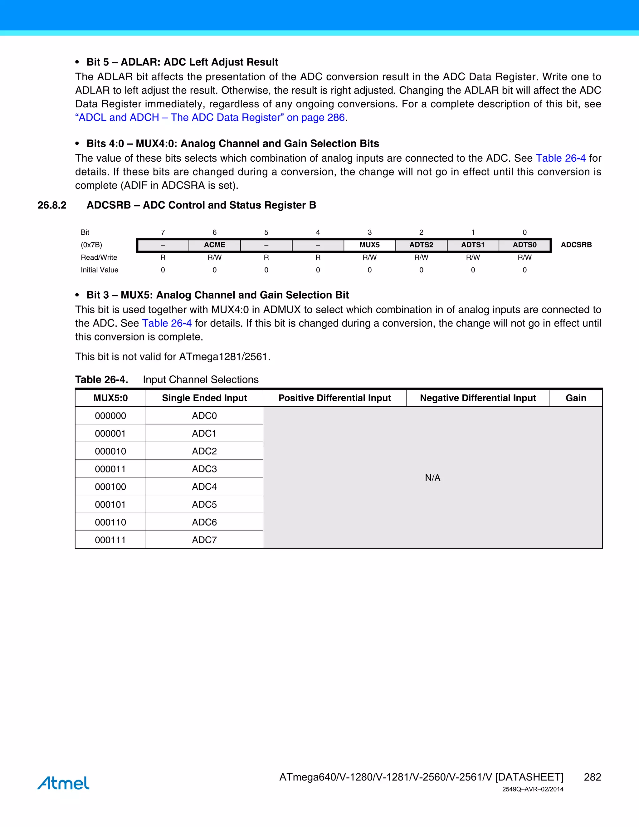 282
ATmega640/V-1280/V-1281/V-2560/V-2561/V [DATASHEET]
2549Q–AVR–02/2014
• Bit 5 – ADLAR: ADC Left Adjust Result
The ADLAR bit affects the presentation of the ADC conversion result in the ADC Data Register. Write one to
ADLAR to left adjust the result. Otherwise, the result is right adjusted. Changing the ADLAR bit will affect the ADC
Data Register immediately, regardless of any ongoing conversions. For a complete description of this bit, see
“ADCL and ADCH – The ADC Data Register” on page 286.
• Bits 4:0 – MUX4:0: Analog Channel and Gain Selection Bits
The value of these bits selects which combination of analog inputs are connected to the ADC. See Table 26-4 for
details. If these bits are changed during a conversion, the change will not go in effect until this conversion is
complete (ADIF in ADCSRA is set).
26.8.2 ADCSRB – ADC Control and Status Register B
• Bit 3 – MUX5: Analog Channel and Gain Selection Bit
This bit is used together with MUX4:0 in ADMUX to select which combination in of analog inputs are connected to
the ADC. See Table 26-4 for details. If this bit is changed during a conversion, the change will not go in effect until
this conversion is complete.
This bit is not valid for ATmega1281/2561.
Bit 7 6 5 4 3 2 1 0
(0x7B) – ACME – – MUX5 ADTS2 ADTS1 ADTS0 ADCSRB
Read/Write R R/W R R R/W R/W R/W R/W
Initial Value 0 0 0 0 0 0 0 0
Table 26-4. Input Channel Selections
MUX5:0 Single Ended Input Positive Differential Input Negative Differential Input Gain
000000 ADC0
N/A
000001 ADC1
000010 ADC2
000011 ADC3
000100 ADC4
000101 ADC5
000110 ADC6
000111 ADC7
 
