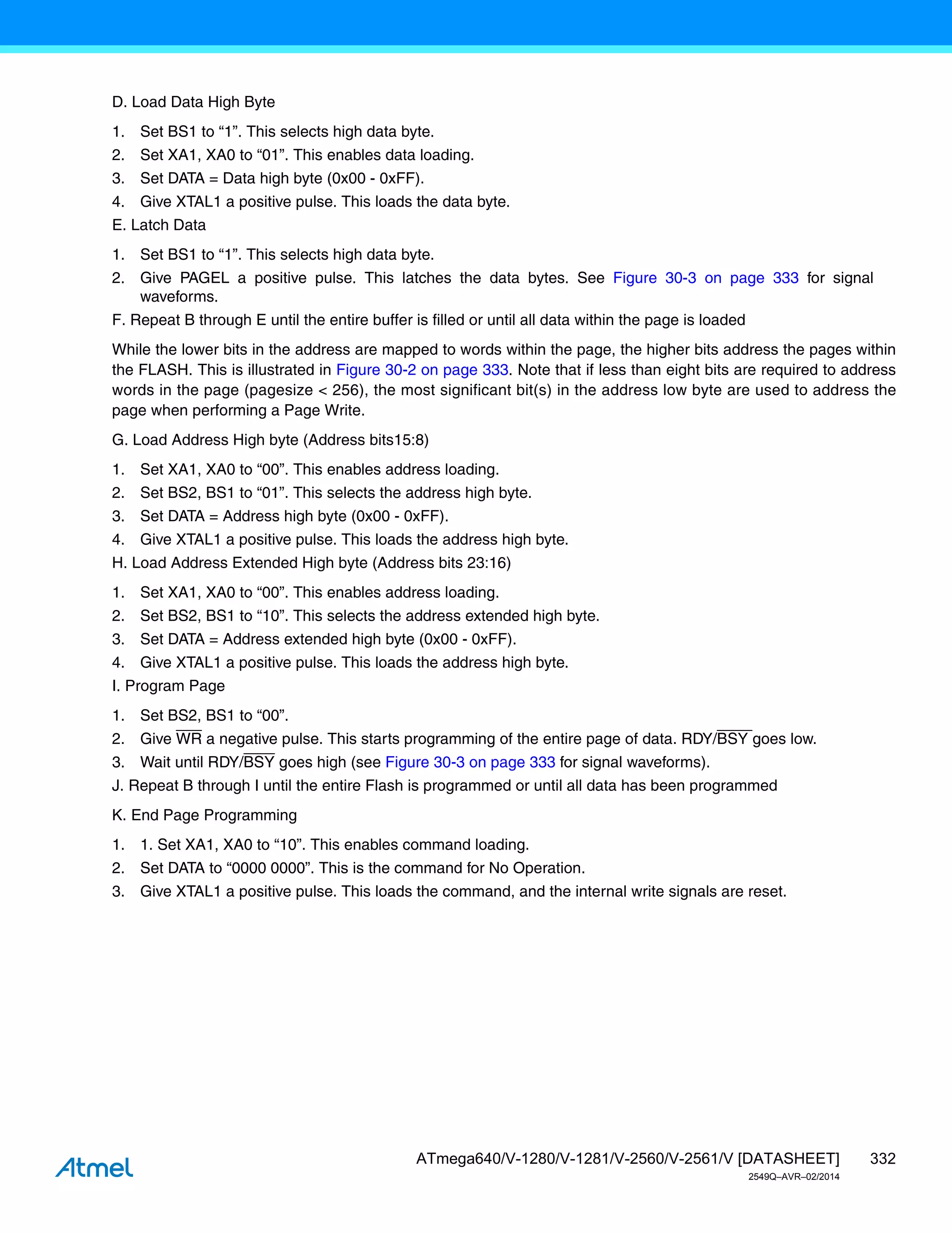 332
ATmega640/V-1280/V-1281/V-2560/V-2561/V [DATASHEET]
2549Q–AVR–02/2014
D. Load Data High Byte
1. Set BS1 to “1”. This selects high data byte.
2. Set XA1, XA0 to “01”. This enables data loading.
3. Set DATA = Data high byte (0x00 - 0xFF).
4. Give XTAL1 a positive pulse. This loads the data byte.
E. Latch Data
1. Set BS1 to “1”. This selects high data byte.
2. Give PAGEL a positive pulse. This latches the data bytes. See Figure 30-3 on page 333 for signal
waveforms.
F. Repeat B through E until the entire buffer is filled or until all data within the page is loaded
While the lower bits in the address are mapped to words within the page, the higher bits address the pages within
the FLASH. This is illustrated in Figure 30-2 on page 333. Note that if less than eight bits are required to address
words in the page (pagesize < 256), the most significant bit(s) in the address low byte are used to address the
page when performing a Page Write.
G. Load Address High byte (Address bits15:8)
1. Set XA1, XA0 to “00”. This enables address loading.
2. Set BS2, BS1 to “01”. This selects the address high byte.
3. Set DATA = Address high byte (0x00 - 0xFF).
4. Give XTAL1 a positive pulse. This loads the address high byte.
H. Load Address Extended High byte (Address bits 23:16)
1. Set XA1, XA0 to “00”. This enables address loading.
2. Set BS2, BS1 to “10”. This selects the address extended high byte.
3. Set DATA = Address extended high byte (0x00 - 0xFF).
4. Give XTAL1 a positive pulse. This loads the address high byte.
I. Program Page
1. Set BS2, BS1 to “00”.
2. Give WR a negative pulse. This starts programming of the entire page of data. RDY/BSY goes low.
3. Wait until RDY/BSY goes high (see Figure 30-3 on page 333 for signal waveforms).
J. Repeat B through I until the entire Flash is programmed or until all data has been programmed
K. End Page Programming
1. 1. Set XA1, XA0 to “10”. This enables command loading.
2. Set DATA to “0000 0000”. This is the command for No Operation.
3. Give XTAL1 a positive pulse. This loads the command, and the internal write signals are reset.
 
