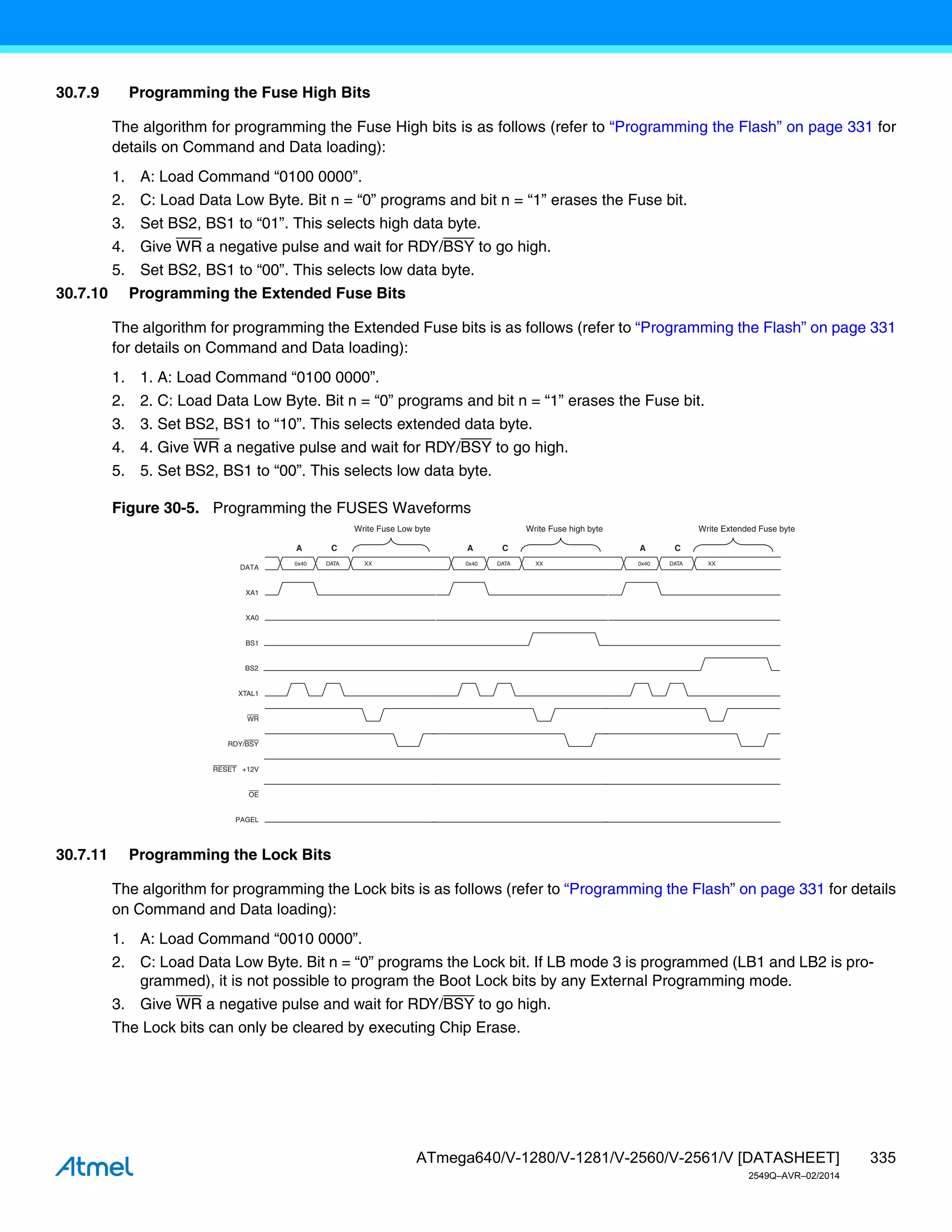335
ATmega640/V-1280/V-1281/V-2560/V-2561/V [DATASHEET]
2549Q–AVR–02/2014
30.7.9 Programming the Fuse High Bits
The algorithm for programming the Fuse High bits is as follows (refer to “Programming the Flash” on page 331 for
details on Command and Data loading):
1. A: Load Command “0100 0000”.
2. C: Load Data Low Byte. Bit n = “0” programs and bit n = “1” erases the Fuse bit.
3. Set BS2, BS1 to “01”. This selects high data byte.
4. Give WR a negative pulse and wait for RDY/BSY to go high.
5. Set BS2, BS1 to “00”. This selects low data byte.
30.7.10 Programming the Extended Fuse Bits
The algorithm for programming the Extended Fuse bits is as follows (refer to “Programming the Flash” on page 331
for details on Command and Data loading):
1. 1. A: Load Command “0100 0000”.
2. 2. C: Load Data Low Byte. Bit n = “0” programs and bit n = “1” erases the Fuse bit.
3. 3. Set BS2, BS1 to “10”. This selects extended data byte.
4. 4. Give WR a negative pulse and wait for RDY/BSY to go high.
5. 5. Set BS2, BS1 to “00”. This selects low data byte.
Figure 30-5. Programming the FUSES Waveforms
30.7.11 Programming the Lock Bits
The algorithm for programming the Lock bits is as follows (refer to “Programming the Flash” on page 331 for details
on Command and Data loading):
1. A: Load Command “0010 0000”.
2. C: Load Data Low Byte. Bit n = “0” programs the Lock bit. If LB mode 3 is programmed (LB1 and LB2 is pro-
grammed), it is not possible to program the Boot Lock bits by any External Programming mode.
3. Give WR a negative pulse and wait for RDY/BSY to go high.
The Lock bits can only be cleared by executing Chip Erase.
RDY/BSY
WR
OE
RESET +12V
PAGEL
0x40
DATA
DATA XX
XA1
XA0
BS1
XTAL1
A C
0x40 DATA XX
A C
Write Fuse Low byte Write Fuse high byte
0x40 DATA XX
A C
Write Extended Fuse byte
BS2
 