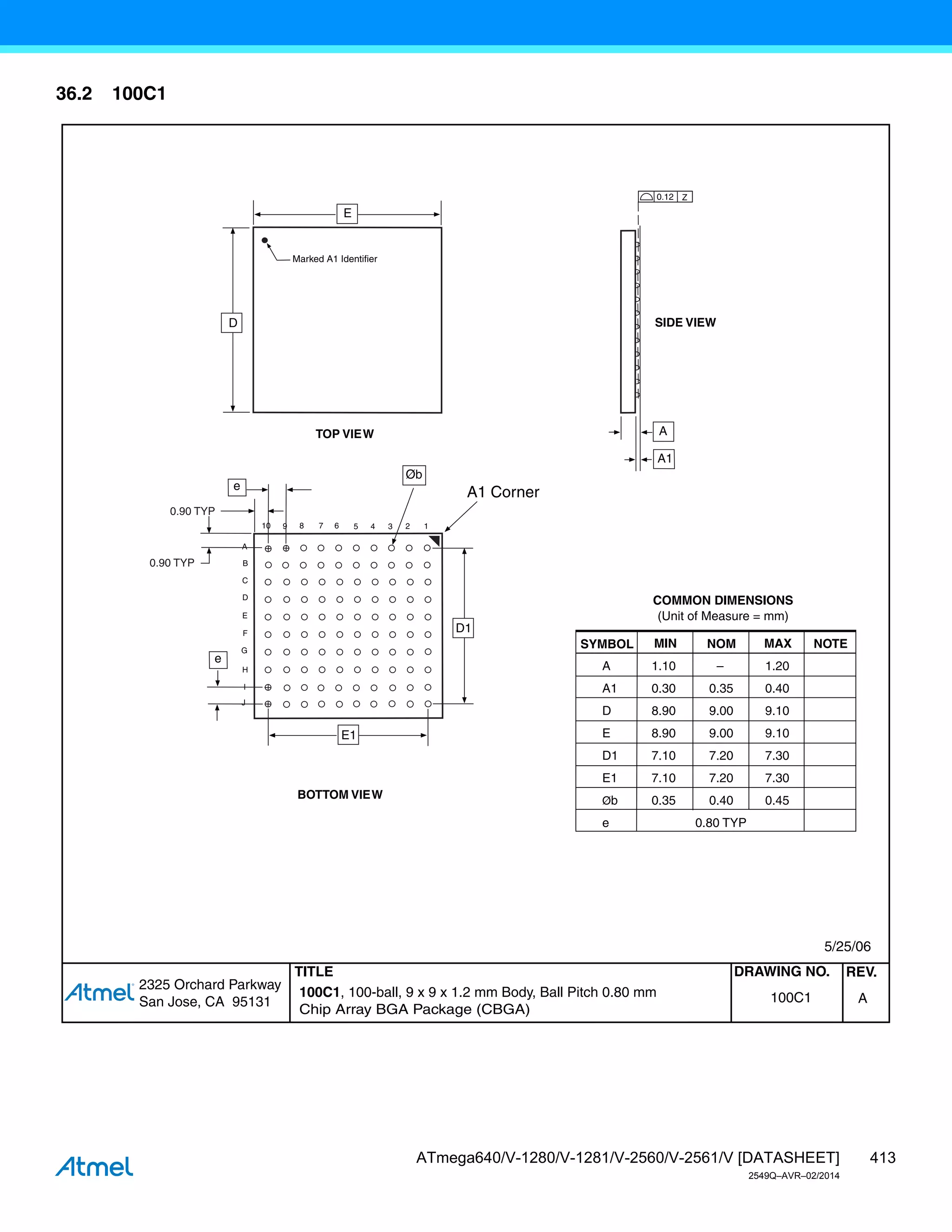 413
ATmega640/V-1280/V-1281/V-2560/V-2561/V [DATASHEET]
2549Q–AVR–02/2014
36.2 100C1
2325 Orchard Parkway
San Jose, CA 95131
TITLE DRAWING NO. REV.
100C1, 100-ball, 9 x 9 x 1.2 mm Body, Ball Pitch 0.80 mm
Chip Array BGA Package (CBGA)
A
100C1
5/25/06
TOP VIEW
SIDE VIEW
BOTTOM VIEW
COMMON DIMENSIONS
(Unit of Measure = mm)
SYMBOL MIN NOM MAX NOTE
A 1.10 – 1.20
A1 0.30 0.35 0.40
D 8.90 9.00 9.10
E 8.90 9.00 9.10
D1 7.10 7.20 7.30
E1 7.10 7.20 7.30
Øb 0.35 0.40 0.45
e 0.80 TYP
Marked A1 Identifier
1
2
3
4
5
6
7
8
A
B
C
D
E
9
F
G
H
I
J
10
0.90 TYP
0.90 TYP
A1 Corner
0.12 Z
E
D
e
e
Øb
A
A1
E1
D1
 