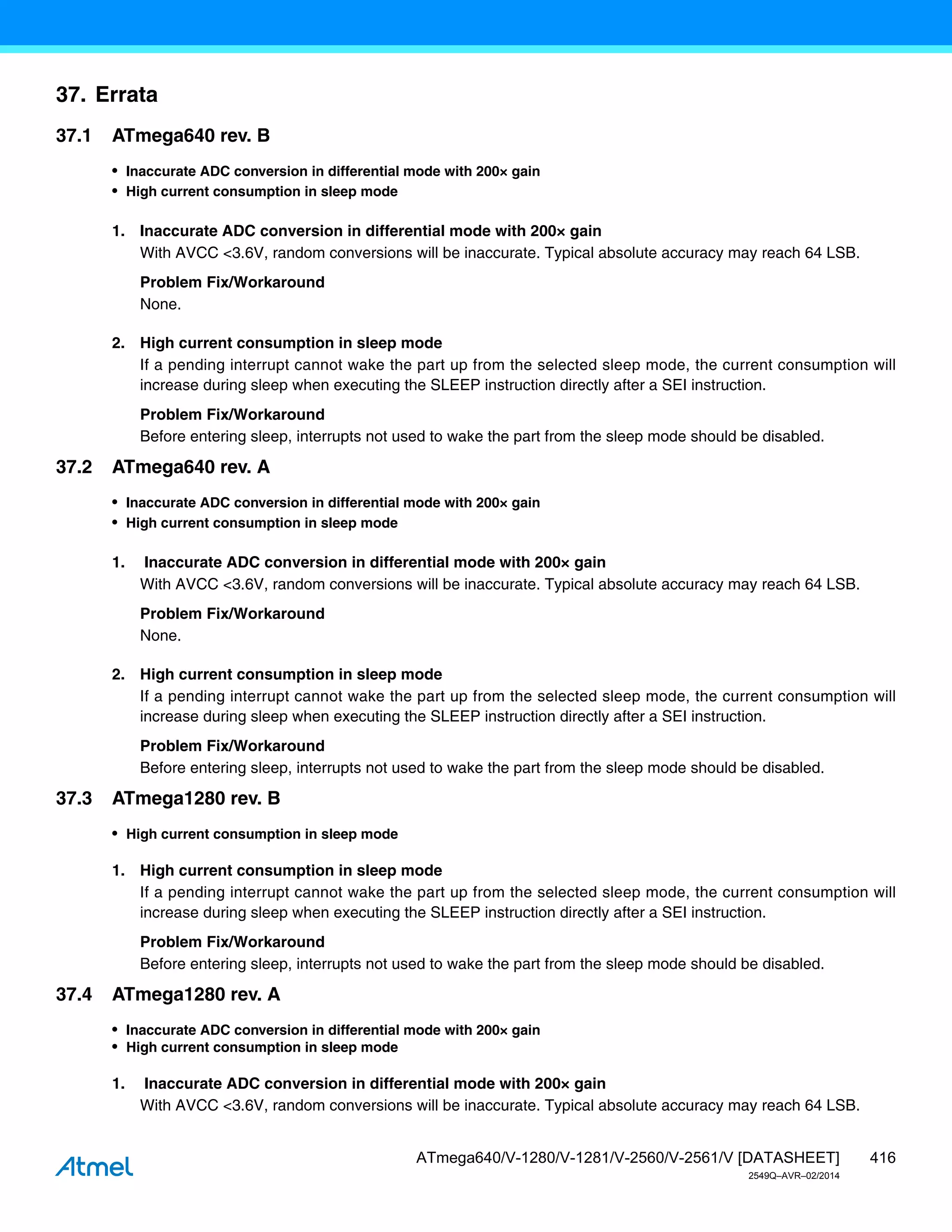 416
ATmega640/V-1280/V-1281/V-2560/V-2561/V [DATASHEET]
2549Q–AVR–02/2014
37. Errata
37.1 ATmega640 rev. B
• Inaccurate ADC conversion in differential mode with 200× gain
• High current consumption in sleep mode
1. Inaccurate ADC conversion in differential mode with 200× gain
With AVCC <3.6V, random conversions will be inaccurate. Typical absolute accuracy may reach 64 LSB.
Problem Fix/Workaround
None.
2. High current consumption in sleep mode
If a pending interrupt cannot wake the part up from the selected sleep mode, the current consumption will
increase during sleep when executing the SLEEP instruction directly after a SEI instruction.
Problem Fix/Workaround
Before entering sleep, interrupts not used to wake the part from the sleep mode should be disabled.
37.2 ATmega640 rev. A
• Inaccurate ADC conversion in differential mode with 200× gain
• High current consumption in sleep mode
1. Inaccurate ADC conversion in differential mode with 200× gain
With AVCC <3.6V, random conversions will be inaccurate. Typical absolute accuracy may reach 64 LSB.
Problem Fix/Workaround
None.
2. High current consumption in sleep mode
If a pending interrupt cannot wake the part up from the selected sleep mode, the current consumption will
increase during sleep when executing the SLEEP instruction directly after a SEI instruction.
Problem Fix/Workaround
Before entering sleep, interrupts not used to wake the part from the sleep mode should be disabled.
37.3 ATmega1280 rev. B
• High current consumption in sleep mode
1. High current consumption in sleep mode
If a pending interrupt cannot wake the part up from the selected sleep mode, the current consumption will
increase during sleep when executing the SLEEP instruction directly after a SEI instruction.
Problem Fix/Workaround
Before entering sleep, interrupts not used to wake the part from the sleep mode should be disabled.
37.4 ATmega1280 rev. A
• Inaccurate ADC conversion in differential mode with 200× gain
• High current consumption in sleep mode
1. Inaccurate ADC conversion in differential mode with 200× gain
With AVCC <3.6V, random conversions will be inaccurate. Typical absolute accuracy may reach 64 LSB.
 