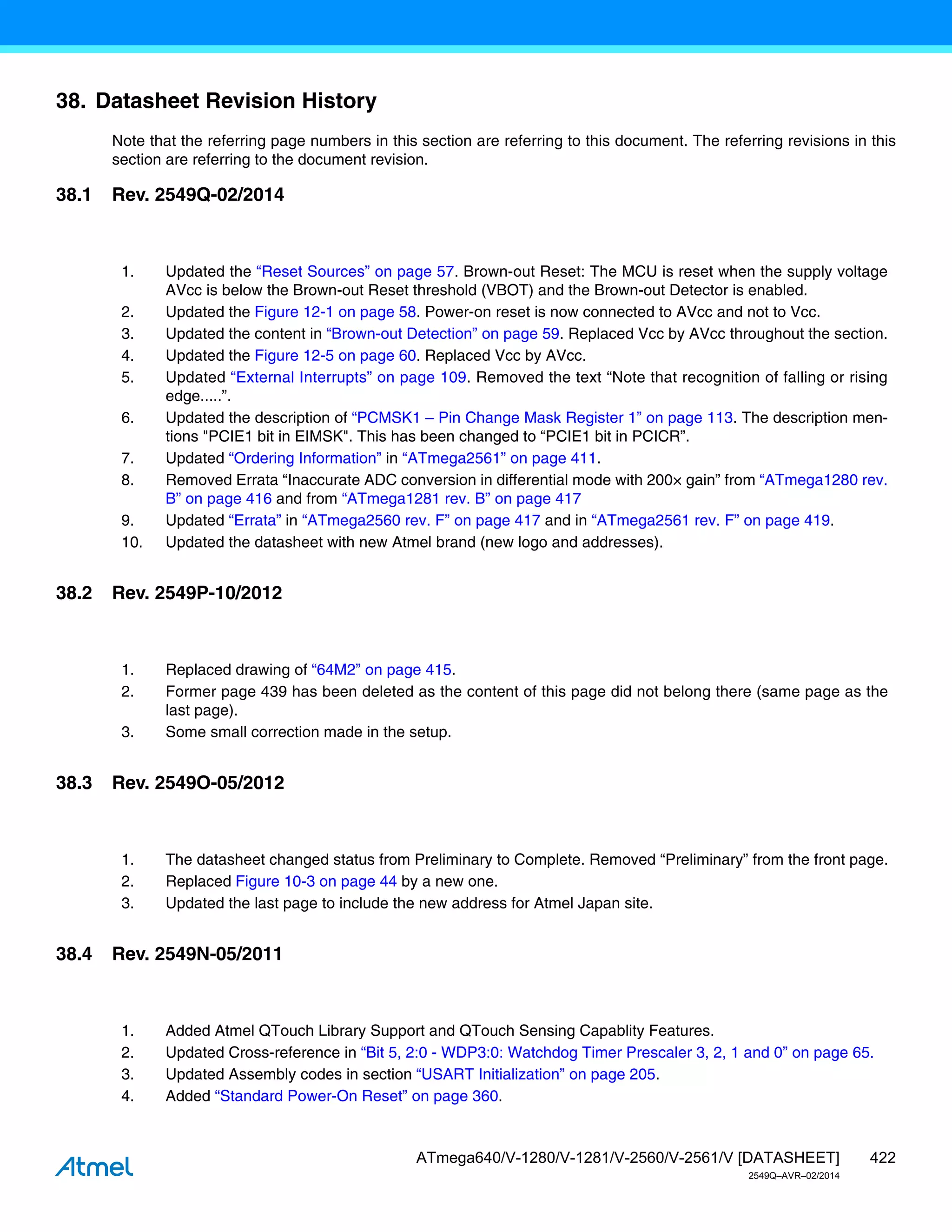 422
ATmega640/V-1280/V-1281/V-2560/V-2561/V [DATASHEET]
2549Q–AVR–02/2014
38. Datasheet Revision History
Note that the referring page numbers in this section are referring to this document. The referring revisions in this
section are referring to the document revision.
38.1 Rev. 2549Q-02/2014
38.2 Rev. 2549P-10/2012
38.3 Rev. 2549O-05/2012
38.4 Rev. 2549N-05/2011
1. Updated the “Reset Sources” on page 57. Brown-out Reset: The MCU is reset when the supply voltage
AVcc is below the Brown-out Reset threshold (VBOT) and the Brown-out Detector is enabled.
2. Updated the Figure 12-1 on page 58. Power-on reset is now connected to AVcc and not to Vcc.
3. Updated the content in “Brown-out Detection” on page 59. Replaced Vcc by AVcc throughout the section.
4. Updated the Figure 12-5 on page 60. Replaced Vcc by AVcc.
5. Updated “External Interrupts” on page 109. Removed the text “Note that recognition of falling or rising
edge.....”.
6. Updated the description of “PCMSK1 – Pin Change Mask Register 1” on page 113. The description men-
tions "PCIE1 bit in EIMSK". This has been changed to “PCIE1 bit in PCICR”.
7. Updated “Ordering Information” in “ATmega2561” on page 411.
8. Removed Errata “Inaccurate ADC conversion in differential mode with 200× gain” from “ATmega1280 rev.
B” on page 416 and from “ATmega1281 rev. B” on page 417
9. Updated “Errata” in “ATmega2560 rev. F” on page 417 and in “ATmega2561 rev. F” on page 419.
10. Updated the datasheet with new Atmel brand (new logo and addresses).
1. Replaced drawing of “64M2” on page 415.
2. Former page 439 has been deleted as the content of this page did not belong there (same page as the
last page).
3. Some small correction made in the setup.
1. The datasheet changed status from Preliminary to Complete. Removed “Preliminary” from the front page.
2. Replaced Figure 10-3 on page 44 by a new one.
3. Updated the last page to include the new address for Atmel Japan site.
1. Added Atmel QTouch Library Support and QTouch Sensing Capablity Features.
2. Updated Cross-reference in “Bit 5, 2:0 - WDP3:0: Watchdog Timer Prescaler 3, 2, 1 and 0” on page 65.
3. Updated Assembly codes in section “USART Initialization” on page 205.
4. Added “Standard Power-On Reset” on page 360.
 