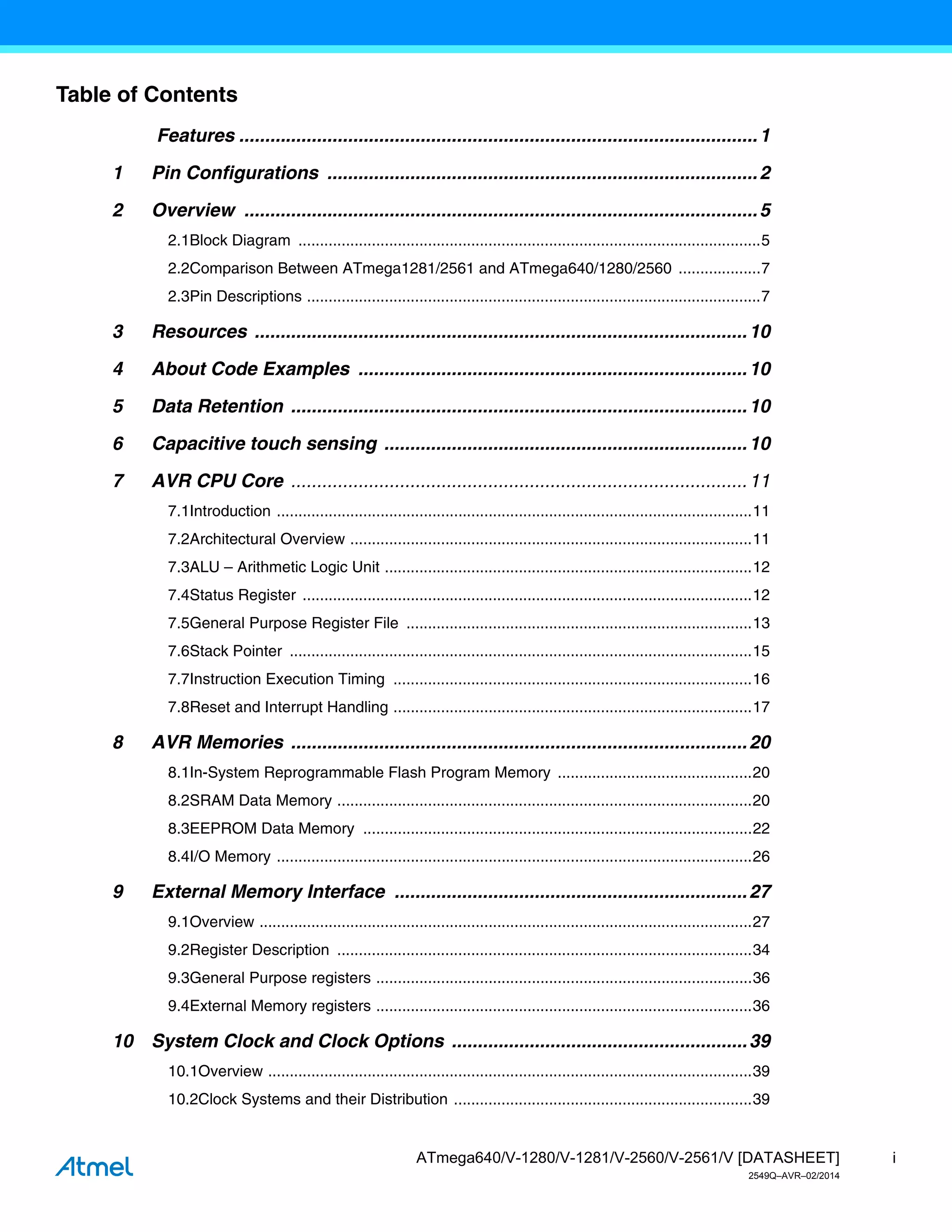 i
ATmega640/V-1280/V-1281/V-2560/V-2561/V [DATASHEET]
2549Q–AVR–02/2014
Table of Contents
Features ....................................................................................................1
1 Pin Configurations ...................................................................................2
2 Overview ...................................................................................................5
2.1Block Diagram ...........................................................................................................5
2.2Comparison Between ATmega1281/2561 and ATmega640/1280/2560 ...................7
2.3Pin Descriptions .........................................................................................................7
3 Resources ...............................................................................................10
4 About Code Examples ...........................................................................10
5 Data Retention ........................................................................................10
6 Capacitive touch sensing ......................................................................10
7 AVR CPU Core ........................................................................................11
7.1Introduction ..............................................................................................................11
7.2Architectural Overview .............................................................................................11
7.3ALU – Arithmetic Logic Unit .....................................................................................12
7.4Status Register ........................................................................................................12
7.5General Purpose Register File ................................................................................13
7.6Stack Pointer ...........................................................................................................15
7.7Instruction Execution Timing ...................................................................................16
7.8Reset and Interrupt Handling ...................................................................................17
8 AVR Memories ........................................................................................20
8.1In-System Reprogrammable Flash Program Memory .............................................20
8.2SRAM Data Memory ................................................................................................20
8.3EEPROM Data Memory ..........................................................................................22
8.4I/O Memory ..............................................................................................................26
9 External Memory Interface ....................................................................27
9.1Overview ..................................................................................................................27
9.2Register Description ................................................................................................34
9.3General Purpose registers .......................................................................................36
9.4External Memory registers .......................................................................................36
10 System Clock and Clock Options .........................................................39
10.1Overview ................................................................................................................39
10.2Clock Systems and their Distribution .....................................................................39
 