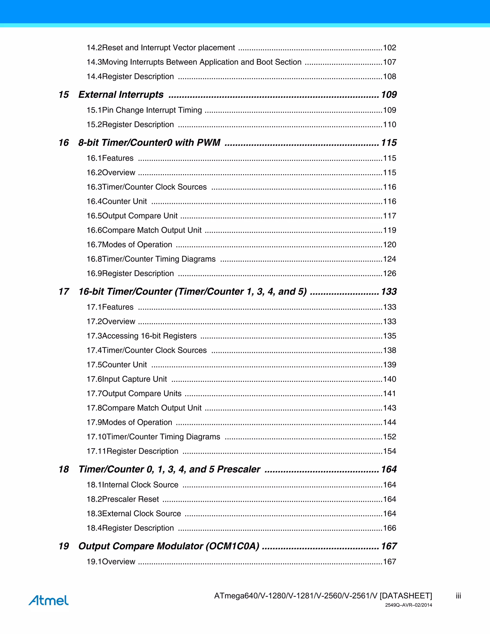 iii
ATmega640/V-1280/V-1281/V-2560/V-2561/V [DATASHEET]
2549Q–AVR–02/2014
14.2Reset and Interrupt Vector placement .................................................................102
14.3Moving Interrupts Between Application and Boot Section ...................................107
14.4Register Description ............................................................................................108
15 External Interrupts ...............................................................................109
15.1Pin Change Interrupt Timing ................................................................................109
15.2Register Description ............................................................................................110
16 8-bit Timer/Counter0 with PWM ..........................................................115
16.1Features ..............................................................................................................115
16.2Overview ..............................................................................................................115
16.3Timer/Counter Clock Sources .............................................................................116
16.4Counter Unit ........................................................................................................116
16.5Output Compare Unit ...........................................................................................117
16.6Compare Match Output Unit ................................................................................119
16.7Modes of Operation .............................................................................................120
16.8Timer/Counter Timing Diagrams .........................................................................124
16.9Register Description ............................................................................................126
17 16-bit Timer/Counter (Timer/Counter 1, 3, 4, and 5) ..........................133
17.1Features ..............................................................................................................133
17.2Overview ..............................................................................................................133
17.3Accessing 16-bit Registers ..................................................................................135
17.4Timer/Counter Clock Sources .............................................................................138
17.5Counter Unit ........................................................................................................139
17.6Input Capture Unit ...............................................................................................140
17.7Output Compare Units .........................................................................................141
17.8Compare Match Output Unit ................................................................................143
17.9Modes of Operation .............................................................................................144
17.10Timer/Counter Timing Diagrams .......................................................................152
17.11Register Description ..........................................................................................154
18 Timer/Counter 0, 1, 3, 4, and 5 Prescaler ...........................................164
18.1Internal Clock Source ..........................................................................................164
18.2Prescaler Reset ...................................................................................................164
18.3External Clock Source .........................................................................................164
18.4Register Description ............................................................................................166
19 Output Compare Modulator (OCM1C0A) ............................................167
19.1Overview ..............................................................................................................167
 