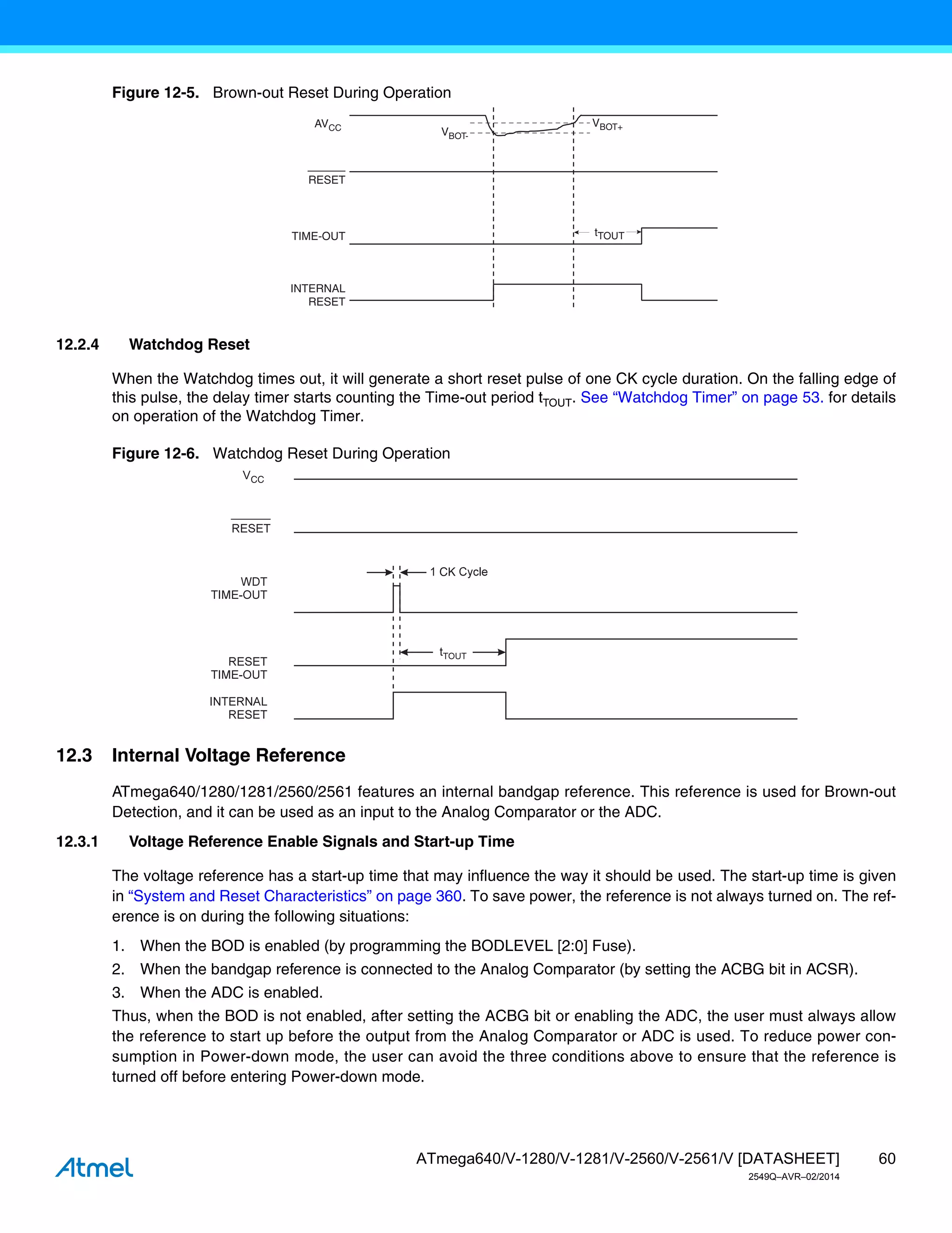 60
ATmega640/V-1280/V-1281/V-2560/V-2561/V [DATASHEET]
2549Q–AVR–02/2014
Figure 12-5. Brown-out Reset During Operation
12.2.4 Watchdog Reset
When the Watchdog times out, it will generate a short reset pulse of one CK cycle duration. On the falling edge of
this pulse, the delay timer starts counting the Time-out period tTOUT. See “Watchdog Timer” on page 53. for details
on operation of the Watchdog Timer.
Figure 12-6. Watchdog Reset During Operation
12.3 Internal Voltage Reference
ATmega640/1280/1281/2560/2561 features an internal bandgap reference. This reference is used for Brown-out
Detection, and it can be used as an input to the Analog Comparator or the ADC.
12.3.1 Voltage Reference Enable Signals and Start-up Time
The voltage reference has a start-up time that may influence the way it should be used. The start-up time is given
in “System and Reset Characteristics” on page 360. To save power, the reference is not always turned on. The ref-
erence is on during the following situations:
1. When the BOD is enabled (by programming the BODLEVEL [2:0] Fuse).
2. When the bandgap reference is connected to the Analog Comparator (by setting the ACBG bit in ACSR).
3. When the ADC is enabled.
Thus, when the BOD is not enabled, after setting the ACBG bit or enabling the ADC, the user must always allow
the reference to start up before the output from the Analog Comparator or ADC is used. To reduce power con-
sumption in Power-down mode, the user can avoid the three conditions above to ensure that the reference is
turned off before entering Power-down mode.
AVCC
RESET
TIME-OUT
INTERNAL
RESET
VBOT-
VBOT+
tTOUT
CK
CC
 