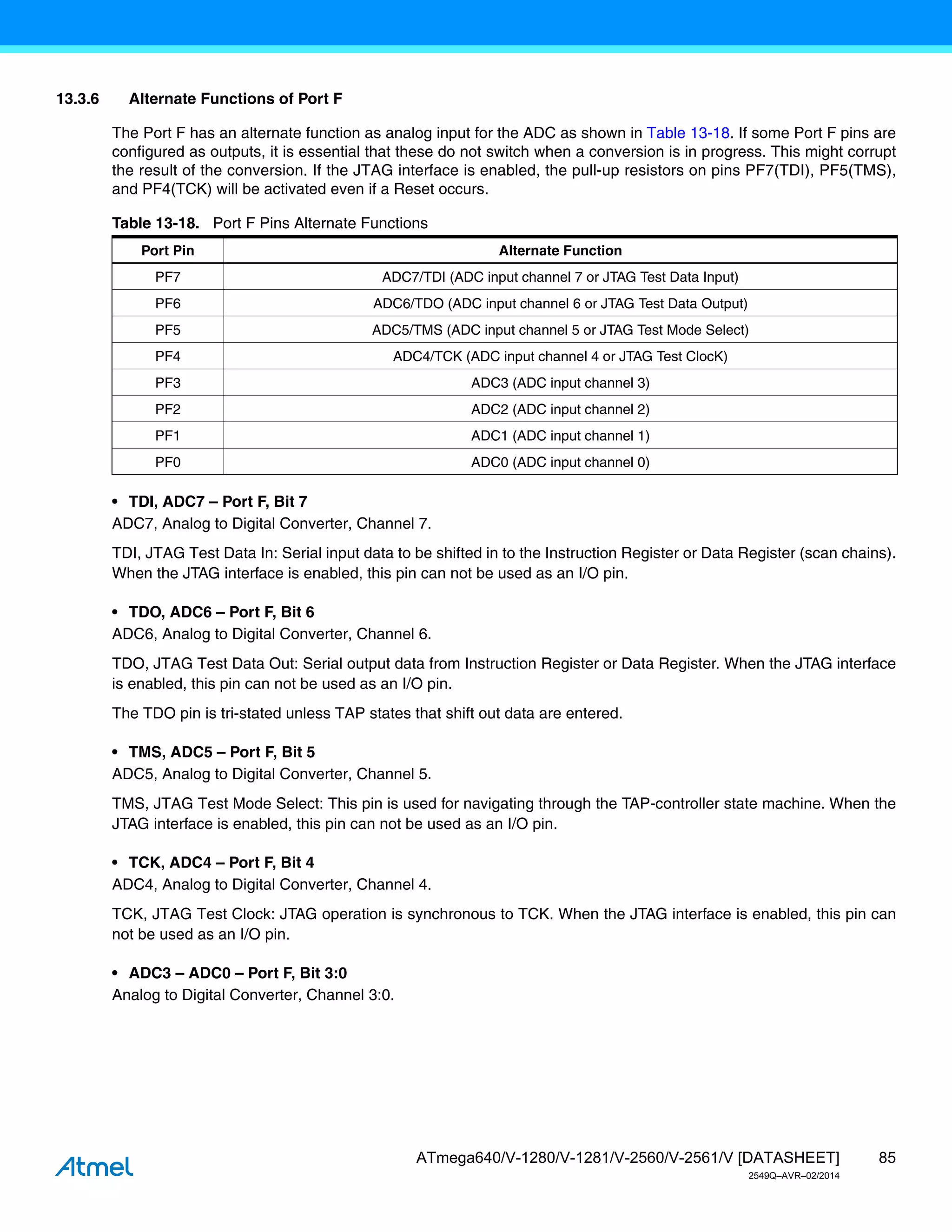 85
ATmega640/V-1280/V-1281/V-2560/V-2561/V [DATASHEET]
2549Q–AVR–02/2014
13.3.6 Alternate Functions of Port F
The Port F has an alternate function as analog input for the ADC as shown in Table 13-18. If some Port F pins are
configured as outputs, it is essential that these do not switch when a conversion is in progress. This might corrupt
the result of the conversion. If the JTAG interface is enabled, the pull-up resistors on pins PF7(TDI), PF5(TMS),
and PF4(TCK) will be activated even if a Reset occurs.
• TDI, ADC7 – Port F, Bit 7
ADC7, Analog to Digital Converter, Channel 7.
TDI, JTAG Test Data In: Serial input data to be shifted in to the Instruction Register or Data Register (scan chains).
When the JTAG interface is enabled, this pin can not be used as an I/O pin.
• TDO, ADC6 – Port F, Bit 6
ADC6, Analog to Digital Converter, Channel 6.
TDO, JTAG Test Data Out: Serial output data from Instruction Register or Data Register. When the JTAG interface
is enabled, this pin can not be used as an I/O pin.
The TDO pin is tri-stated unless TAP states that shift out data are entered.
• TMS, ADC5 – Port F, Bit 5
ADC5, Analog to Digital Converter, Channel 5.
TMS, JTAG Test Mode Select: This pin is used for navigating through the TAP-controller state machine. When the
JTAG interface is enabled, this pin can not be used as an I/O pin.
• TCK, ADC4 – Port F, Bit 4
ADC4, Analog to Digital Converter, Channel 4.
TCK, JTAG Test Clock: JTAG operation is synchronous to TCK. When the JTAG interface is enabled, this pin can
not be used as an I/O pin.
• ADC3 – ADC0 – Port F, Bit 3:0
Analog to Digital Converter, Channel 3:0.
Table 13-18. Port F Pins Alternate Functions
Port Pin Alternate Function
PF7 ADC7/TDI (ADC input channel 7 or JTAG Test Data Input)
PF6 ADC6/TDO (ADC input channel 6 or JTAG Test Data Output)
PF5 ADC5/TMS (ADC input channel 5 or JTAG Test Mode Select)
PF4 ADC4/TCK (ADC input channel 4 or JTAG Test ClocK)
PF3 ADC3 (ADC input channel 3)
PF2 ADC2 (ADC input channel 2)
PF1 ADC1 (ADC input channel 1)
PF0 ADC0 (ADC input channel 0)
 