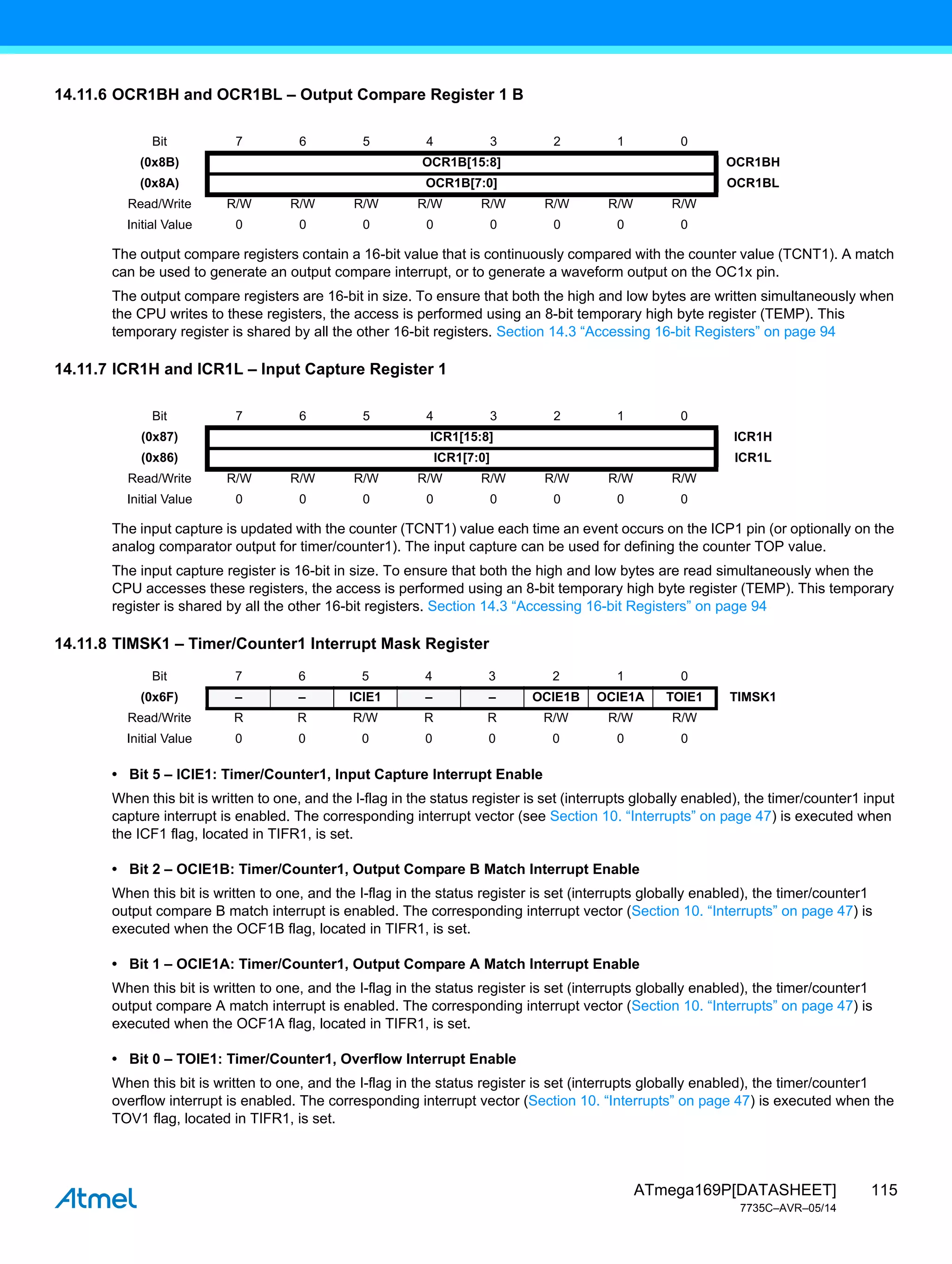 115
ATmega169P[DATASHEET]
7735C–AVR–05/14
14.11.6 OCR1BH and OCR1BL – Output Compare Register 1 B
The output compare registers contain a 16-bit value that is continuously compared with the counter value (TCNT1). A match
can be used to generate an output compare interrupt, or to generate a waveform output on the OC1x pin.
The output compare registers are 16-bit in size. To ensure that both the high and low bytes are written simultaneously when
the CPU writes to these registers, the access is performed using an 8-bit temporary high byte register (TEMP). This
temporary register is shared by all the other 16-bit registers. Section 14.3 “Accessing 16-bit Registers” on page 94
14.11.7 ICR1H and ICR1L – Input Capture Register 1
The input capture is updated with the counter (TCNT1) value each time an event occurs on the ICP1 pin (or optionally on the
analog comparator output for timer/counter1). The input capture can be used for defining the counter TOP value.
The input capture register is 16-bit in size. To ensure that both the high and low bytes are read simultaneously when the
CPU accesses these registers, the access is performed using an 8-bit temporary high byte register (TEMP). This temporary
register is shared by all the other 16-bit registers. Section 14.3 “Accessing 16-bit Registers” on page 94
14.11.8 TIMSK1 – Timer/Counter1 Interrupt Mask Register
• Bit 5 – ICIE1: Timer/Counter1, Input Capture Interrupt Enable
When this bit is written to one, and the I-flag in the status register is set (interrupts globally enabled), the timer/counter1 input
capture interrupt is enabled. The corresponding interrupt vector (see Section 10. “Interrupts” on page 47) is executed when
the ICF1 flag, located in TIFR1, is set.
• Bit 2 – OCIE1B: Timer/Counter1, Output Compare B Match Interrupt Enable
When this bit is written to one, and the I-flag in the status register is set (interrupts globally enabled), the timer/counter1
output compare B match interrupt is enabled. The corresponding interrupt vector (Section 10. “Interrupts” on page 47) is
executed when the OCF1B flag, located in TIFR1, is set.
• Bit 1 – OCIE1A: Timer/Counter1, Output Compare A Match Interrupt Enable
When this bit is written to one, and the I-flag in the status register is set (interrupts globally enabled), the timer/counter1
output compare A match interrupt is enabled. The corresponding interrupt vector (Section 10. “Interrupts” on page 47) is
executed when the OCF1A flag, located in TIFR1, is set.
• Bit 0 – TOIE1: Timer/Counter1, Overflow Interrupt Enable
When this bit is written to one, and the I-flag in the status register is set (interrupts globally enabled), the timer/counter1
overflow interrupt is enabled. The corresponding interrupt vector (Section 10. “Interrupts” on page 47) is executed when the
TOV1 flag, located in TIFR1, is set.
Bit 7 6 5 4 3 2 1 0
(0x8B) OCR1B[15:8] OCR1BH
(0x8A) OCR1B[7:0] OCR1BL
Read/Write R/W R/W R/W R/W R/W R/W R/W R/W
Initial Value 0 0 0 0 0 0 0 0
Bit 7 6 5 4 3 2 1 0
(0x87) ICR1[15:8] ICR1H
(0x86) ICR1[7:0] ICR1L
Read/Write R/W R/W R/W R/W R/W R/W R/W R/W
Initial Value 0 0 0 0 0 0 0 0
Bit 7 6 5 4 3 2 1 0
(0x6F) – – ICIE1 – – OCIE1B OCIE1A TOIE1 TIMSK1
Read/Write R R R/W R R R/W R/W R/W
Initial Value 0 0 0 0 0 0 0 0
 