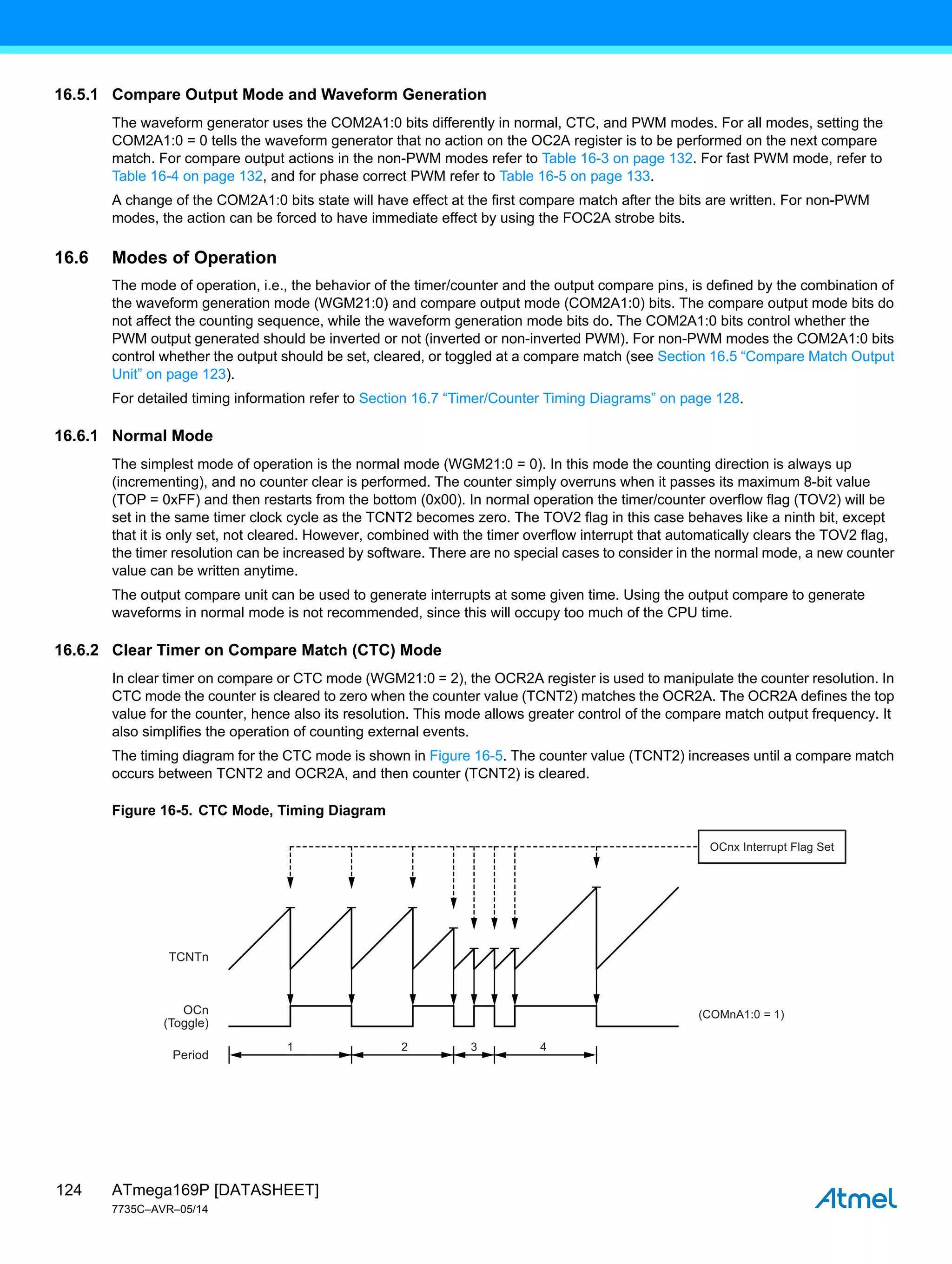 ATmega169P [DATASHEET]
7735C–AVR–05/14
124
16.5.1 Compare Output Mode and Waveform Generation
The waveform generator uses the COM2A1:0 bits differently in normal, CTC, and PWM modes. For all modes, setting the
COM2A1:0 = 0 tells the waveform generator that no action on the OC2A register is to be performed on the next compare
match. For compare output actions in the non-PWM modes refer to Table 16-3 on page 132. For fast PWM mode, refer to
Table 16-4 on page 132, and for phase correct PWM refer to Table 16-5 on page 133.
A change of the COM2A1:0 bits state will have effect at the first compare match after the bits are written. For non-PWM
modes, the action can be forced to have immediate effect by using the FOC2A strobe bits.
16.6 Modes of Operation
The mode of operation, i.e., the behavior of the timer/counter and the output compare pins, is defined by the combination of
the waveform generation mode (WGM21:0) and compare output mode (COM2A1:0) bits. The compare output mode bits do
not affect the counting sequence, while the waveform generation mode bits do. The COM2A1:0 bits control whether the
PWM output generated should be inverted or not (inverted or non-inverted PWM). For non-PWM modes the COM2A1:0 bits
control whether the output should be set, cleared, or toggled at a compare match (see Section 16.5 “Compare Match Output
Unit” on page 123).
For detailed timing information refer to Section 16.7 “Timer/Counter Timing Diagrams” on page 128.
16.6.1 Normal Mode
The simplest mode of operation is the normal mode (WGM21:0 = 0). In this mode the counting direction is always up
(incrementing), and no counter clear is performed. The counter simply overruns when it passes its maximum 8-bit value
(TOP = 0xFF) and then restarts from the bottom (0x00). In normal operation the timer/counter overflow flag (TOV2) will be
set in the same timer clock cycle as the TCNT2 becomes zero. The TOV2 flag in this case behaves like a ninth bit, except
that it is only set, not cleared. However, combined with the timer overflow interrupt that automatically clears the TOV2 flag,
the timer resolution can be increased by software. There are no special cases to consider in the normal mode, a new counter
value can be written anytime.
The output compare unit can be used to generate interrupts at some given time. Using the output compare to generate
waveforms in normal mode is not recommended, since this will occupy too much of the CPU time.
16.6.2 Clear Timer on Compare Match (CTC) Mode
In clear timer on compare or CTC mode (WGM21:0 = 2), the OCR2A register is used to manipulate the counter resolution. In
CTC mode the counter is cleared to zero when the counter value (TCNT2) matches the OCR2A. The OCR2A defines the top
value for the counter, hence also its resolution. This mode allows greater control of the compare match output frequency. It
also simplifies the operation of counting external events.
The timing diagram for the CTC mode is shown in Figure 16-5. The counter value (TCNT2) increases until a compare match
occurs between TCNT2 and OCR2A, and then counter (TCNT2) is cleared.
Figure 16-5. CTC Mode, Timing Diagram
1 2
TCNTn
(COMnA1:0 = 1)
OCn
(Toggle)
Period
3
OCnx Interrupt Flag Set
4
 