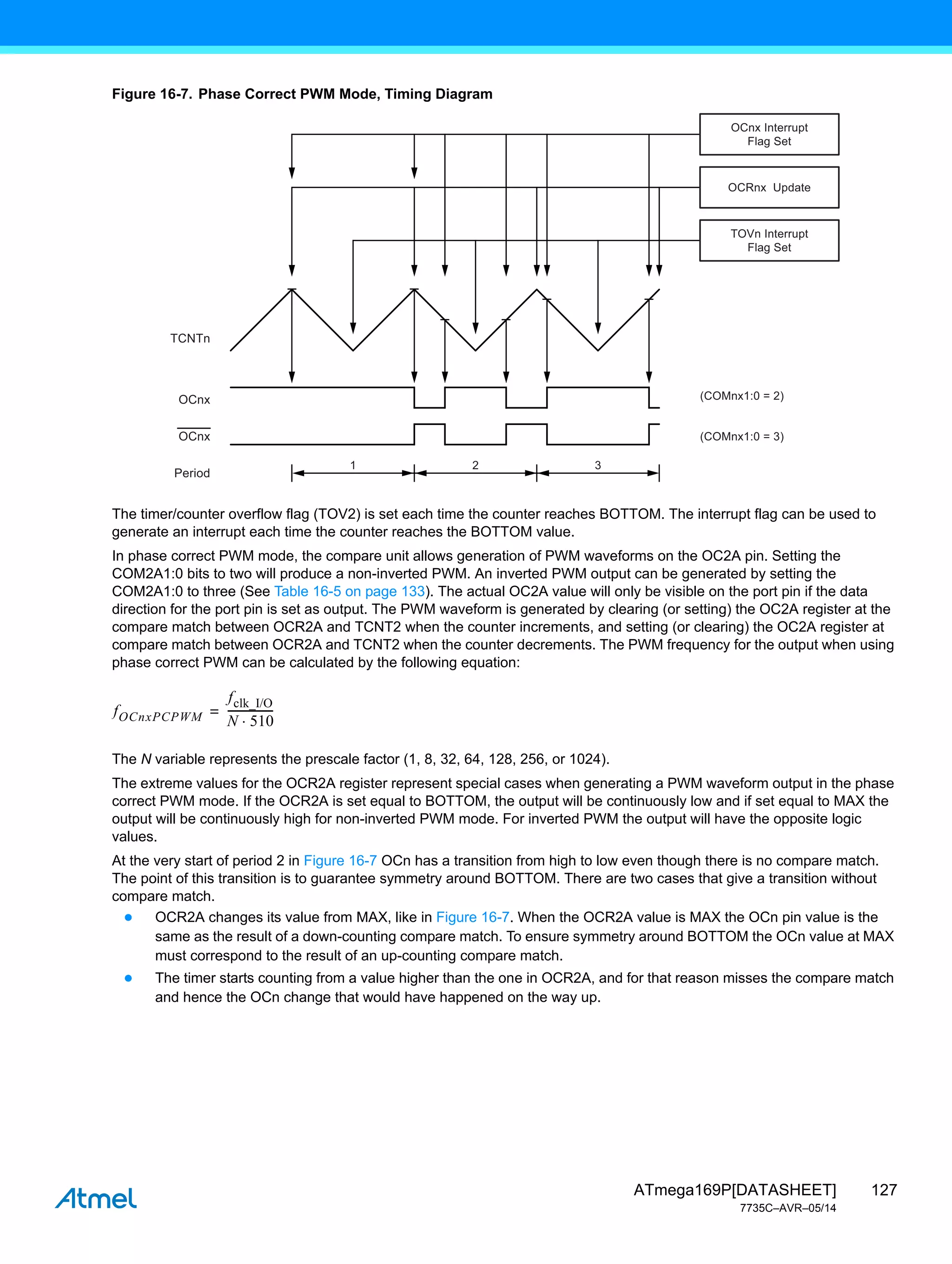 127
ATmega169P[DATASHEET]
7735C–AVR–05/14
Figure 16-7. Phase Correct PWM Mode, Timing Diagram
The timer/counter overflow flag (TOV2) is set each time the counter reaches BOTTOM. The interrupt flag can be used to
generate an interrupt each time the counter reaches the BOTTOM value.
In phase correct PWM mode, the compare unit allows generation of PWM waveforms on the OC2A pin. Setting the
COM2A1:0 bits to two will produce a non-inverted PWM. An inverted PWM output can be generated by setting the
COM2A1:0 to three (See Table 16-5 on page 133). The actual OC2A value will only be visible on the port pin if the data
direction for the port pin is set as output. The PWM waveform is generated by clearing (or setting) the OC2A register at the
compare match between OCR2A and TCNT2 when the counter increments, and setting (or clearing) the OC2A register at
compare match between OCR2A and TCNT2 when the counter decrements. The PWM frequency for the output when using
phase correct PWM can be calculated by the following equation:
The N variable represents the prescale factor (1, 8, 32, 64, 128, 256, or 1024).
The extreme values for the OCR2A register represent special cases when generating a PWM waveform output in the phase
correct PWM mode. If the OCR2A is set equal to BOTTOM, the output will be continuously low and if set equal to MAX the
output will be continuously high for non-inverted PWM mode. For inverted PWM the output will have the opposite logic
values.
At the very start of period 2 in Figure 16-7 OCn has a transition from high to low even though there is no compare match.
The point of this transition is to guarantee symmetry around BOTTOM. There are two cases that give a transition without
compare match.
● OCR2A changes its value from MAX, like in Figure 16-7. When the OCR2A value is MAX the OCn pin value is the
same as the result of a down-counting compare match. To ensure symmetry around BOTTOM the OCn value at MAX
must correspond to the result of an up-counting compare match.
● The timer starts counting from a value higher than the one in OCR2A, and for that reason misses the compare match
and hence the OCn change that would have happened on the way up.
1 2 3
TCNTn
(COMnx1:0 = 2)
(COMnx1:0 = 3)
OCnx
OCnx
Period
TOVn Interrupt
Flag Set
OCRnx Update
OCnx Interrupt
Flag Set
fOCnxPCPWM
fclk_I/O
N 510

----------------
-
=
 