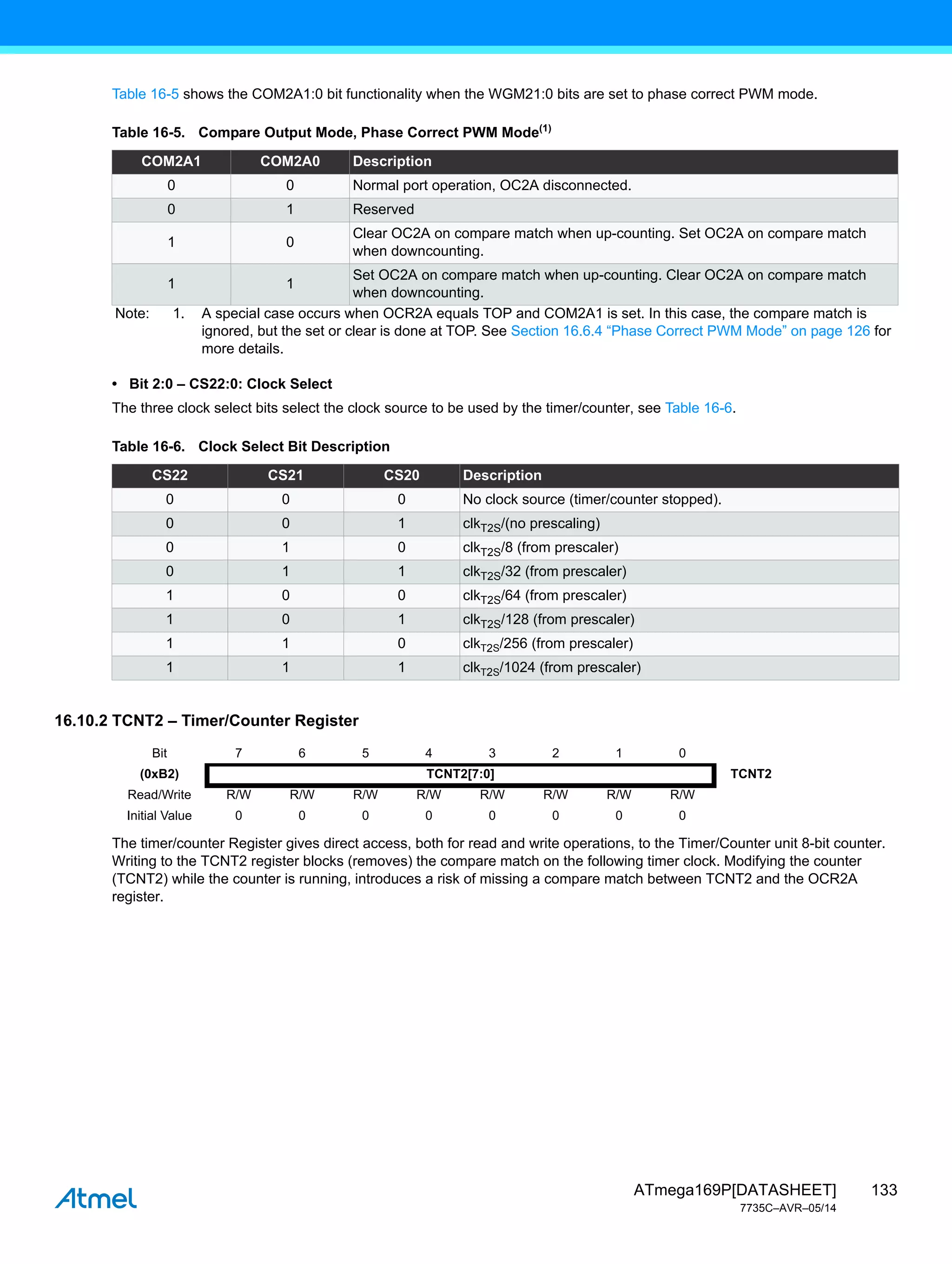 133
ATmega169P[DATASHEET]
7735C–AVR–05/14
Table 16-5 shows the COM2A1:0 bit functionality when the WGM21:0 bits are set to phase correct PWM mode.
• Bit 2:0 – CS22:0: Clock Select
The three clock select bits select the clock source to be used by the timer/counter, see Table 16-6.
16.10.2 TCNT2 – Timer/Counter Register
The timer/counter Register gives direct access, both for read and write operations, to the Timer/Counter unit 8-bit counter.
Writing to the TCNT2 register blocks (removes) the compare match on the following timer clock. Modifying the counter
(TCNT2) while the counter is running, introduces a risk of missing a compare match between TCNT2 and the OCR2A
register.
Table 16-5. Compare Output Mode, Phase Correct PWM Mode(1)
COM2A1 COM2A0 Description
0 0 Normal port operation, OC2A disconnected.
0 1 Reserved
1 0
Clear OC2A on compare match when up-counting. Set OC2A on compare match
when downcounting.
1 1
Set OC2A on compare match when up-counting. Clear OC2A on compare match
when downcounting.
Note: 1. A special case occurs when OCR2A equals TOP and COM2A1 is set. In this case, the compare match is
ignored, but the set or clear is done at TOP. See Section 16.6.4 “Phase Correct PWM Mode” on page 126 for
more details.
Table 16-6. Clock Select Bit Description
CS22 CS21 CS20 Description
0 0 0 No clock source (timer/counter stopped).
0 0 1 clkT2S/(no prescaling)
0 1 0 clkT2S/8 (from prescaler)
0 1 1 clkT2S/32 (from prescaler)
1 0 0 clkT2S/64 (from prescaler)
1 0 1 clkT2S/128 (from prescaler)
1 1 0 clkT2S/256 (from prescaler)
1 1 1 clkT2S/1024 (from prescaler)
Bit 7 6 5 4 3 2 1 0
(0xB2) TCNT2[7:0] TCNT2
Read/Write R/W R/W R/W R/W R/W R/W R/W R/W
Initial Value 0 0 0 0 0 0 0 0
 