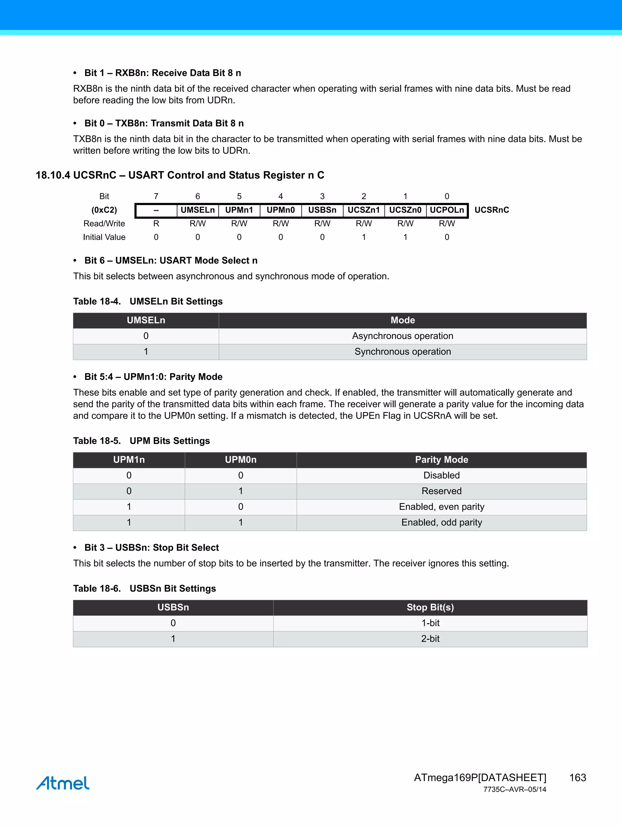 163
ATmega169P[DATASHEET]
7735C–AVR–05/14
• Bit 1 – RXB8n: Receive Data Bit 8 n
RXB8n is the ninth data bit of the received character when operating with serial frames with nine data bits. Must be read
before reading the low bits from UDRn.
• Bit 0 – TXB8n: Transmit Data Bit 8 n
TXB8n is the ninth data bit in the character to be transmitted when operating with serial frames with nine data bits. Must be
written before writing the low bits to UDRn.
18.10.4 UCSRnC – USART Control and Status Register n C
• Bit 6 – UMSELn: USART Mode Select n
This bit selects between asynchronous and synchronous mode of operation.
• Bit 5:4 – UPMn1:0: Parity Mode
These bits enable and set type of parity generation and check. If enabled, the transmitter will automatically generate and
send the parity of the transmitted data bits within each frame. The receiver will generate a parity value for the incoming data
and compare it to the UPM0n setting. If a mismatch is detected, the UPEn Flag in UCSRnA will be set.
• Bit 3 – USBSn: Stop Bit Select
This bit selects the number of stop bits to be inserted by the transmitter. The receiver ignores this setting.
Bit 7 6 5 4 3 2 1 0
(0xC2) – UMSELn UPMn1 UPMn0 USBSn UCSZn1 UCSZn0 UCPOLn UCSRnC
Read/Write R R/W R/W R/W R/W R/W R/W R/W
Initial Value 0 0 0 0 0 1 1 0
Table 18-4. UMSELn Bit Settings
UMSELn Mode
0 Asynchronous operation
1 Synchronous operation
Table 18-5. UPM Bits Settings
UPM1n UPM0n Parity Mode
0 0 Disabled
0 1 Reserved
1 0 Enabled, even parity
1 1 Enabled, odd parity
Table 18-6. USBSn Bit Settings
USBSn Stop Bit(s)
0 1-bit
1 2-bit
 