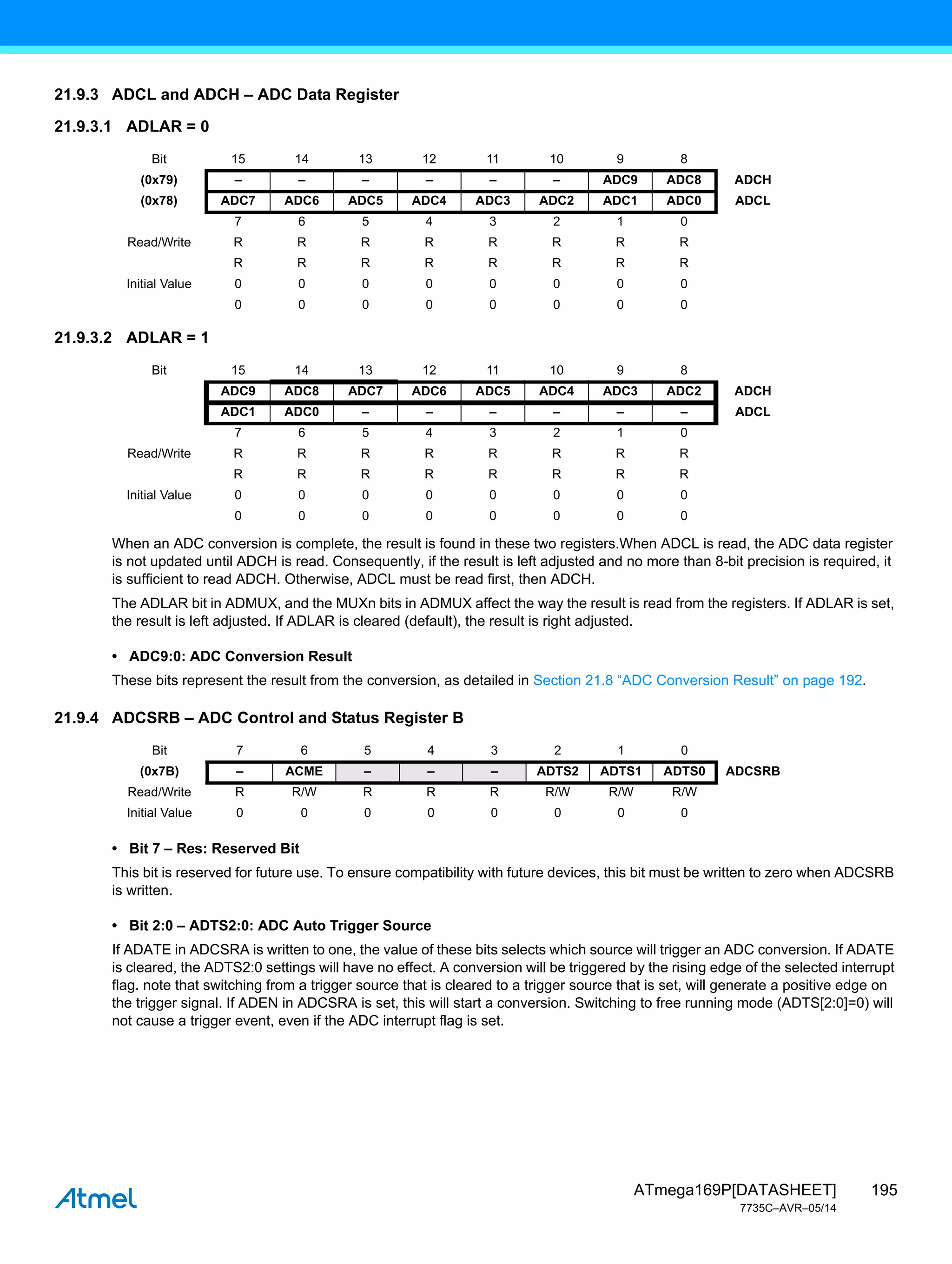 195
ATmega169P[DATASHEET]
7735C–AVR–05/14
21.9.3 ADCL and ADCH – ADC Data Register
21.9.3.1 ADLAR = 0
21.9.3.2 ADLAR = 1
When an ADC conversion is complete, the result is found in these two registers.When ADCL is read, the ADC data register
is not updated until ADCH is read. Consequently, if the result is left adjusted and no more than 8-bit precision is required, it
is sufficient to read ADCH. Otherwise, ADCL must be read first, then ADCH.
The ADLAR bit in ADMUX, and the MUXn bits in ADMUX affect the way the result is read from the registers. If ADLAR is set,
the result is left adjusted. If ADLAR is cleared (default), the result is right adjusted.
• ADC9:0: ADC Conversion Result
These bits represent the result from the conversion, as detailed in Section 21.8 “ADC Conversion Result” on page 192.
21.9.4 ADCSRB – ADC Control and Status Register B
• Bit 7 – Res: Reserved Bit
This bit is reserved for future use. To ensure compatibility with future devices, this bit must be written to zero when ADCSRB
is written.
• Bit 2:0 – ADTS2:0: ADC Auto Trigger Source
If ADATE in ADCSRA is written to one, the value of these bits selects which source will trigger an ADC conversion. If ADATE
is cleared, the ADTS2:0 settings will have no effect. A conversion will be triggered by the rising edge of the selected interrupt
flag. note that switching from a trigger source that is cleared to a trigger source that is set, will generate a positive edge on
the trigger signal. If ADEN in ADCSRA is set, this will start a conversion. Switching to free running mode (ADTS[2:0]=0) will
not cause a trigger event, even if the ADC interrupt flag is set.
Bit 15 14 13 12 11 10 9 8
(0x79) – – – – – – ADC9 ADC8 ADCH
(0x78) ADC7 ADC6 ADC5 ADC4 ADC3 ADC2 ADC1 ADC0 ADCL
7 6 5 4 3 2 1 0
Read/Write R R R R R R R R
R R R R R R R R
Initial Value 0 0 0 0 0 0 0 0
0 0 0 0 0 0 0 0
Bit 15 14 13 12 11 10 9 8
ADC9 ADC8 ADC7 ADC6 ADC5 ADC4 ADC3 ADC2 ADCH
ADC1 ADC0 – – – – – – ADCL
7 6 5 4 3 2 1 0
Read/Write R R R R R R R R
R R R R R R R R
Initial Value 0 0 0 0 0 0 0 0
0 0 0 0 0 0 0 0
Bit 7 6 5 4 3 2 1 0
(0x7B) – ACME – – – ADTS2 ADTS1 ADTS0 ADCSRB
Read/Write R R/W R R R R/W R/W R/W
Initial Value 0 0 0 0 0 0 0 0
 