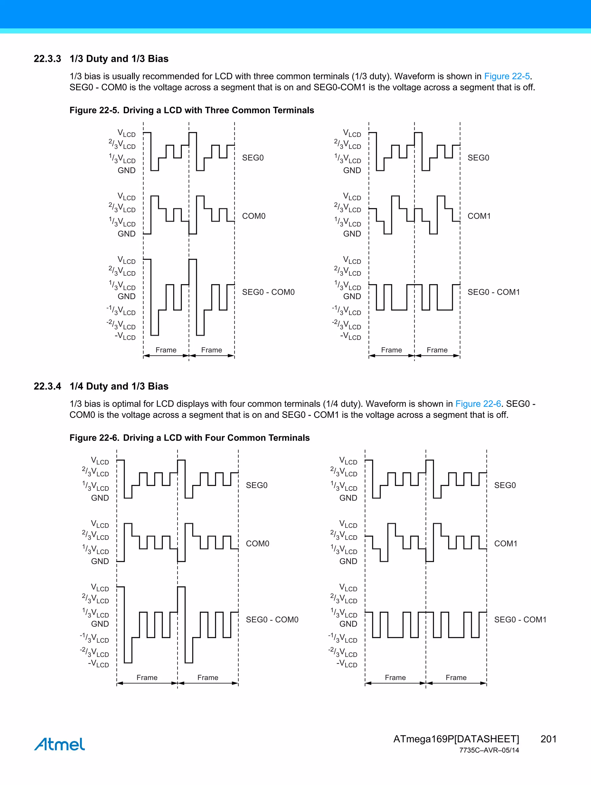 201
ATmega169P[DATASHEET]
7735C–AVR–05/14
22.3.3 1/3 Duty and 1/3 Bias
1/3 bias is usually recommended for LCD with three common terminals (1/3 duty). Waveform is shown in Figure 22-5.
SEG0 - COM0 is the voltage across a segment that is on and SEG0-COM1 is the voltage across a segment that is off.
Figure 22-5. Driving a LCD with Three Common Terminals
22.3.4 1/4 Duty and 1/3 Bias
1/3 bias is optimal for LCD displays with four common terminals (1/4 duty). Waveform is shown in Figure 22-6. SEG0 -
COM0 is the voltage across a segment that is on and SEG0 - COM1 is the voltage across a segment that is off.
Figure 22-6. Driving a LCD with Four Common Terminals
Frame Frame
VLCD
SEG0
SEG0 - COM0
COM0
GND
2/3VLCD
1/3VLCD
VLCD
GND
2/3VLCD
1/3VLCD
VLCD
-VLCD
GND
2/3VLCD
1/3VLCD
-1/3VLCD
-2/3VLCD
VLCD
GND
2/3VLCD
1/3VLCD
VLCD
GND
2/3VLCD
1/3VLCD
VLCD
-VLCD
GND
2/3VLCD
1/3VLCD
-1/3VLCD
-2/3VLCD
Frame Frame
SEG0
SEG0 - COM1
COM1
Frame Frame
VLCD
SEG0
SEG0 - COM0
COM0
GND
2/3VLCD
1/3VLCD
VLCD
GND
2/3VLCD
1/3VLCD
VLCD
-VLCD
GND
2/3VLCD
1/3VLCD
-1/3VLCD
-2/3VLCD
Frame Frame
VLCD
SEG0
SEG0 - COM1
COM1
GND
2/3VLCD
1/3VLCD
VLCD
GND
2/3VLCD
1/3VLCD
VLCD
-VLCD
GND
2/3VLCD
1/3VLCD
-1/3VLCD
-2/3VLCD
 
