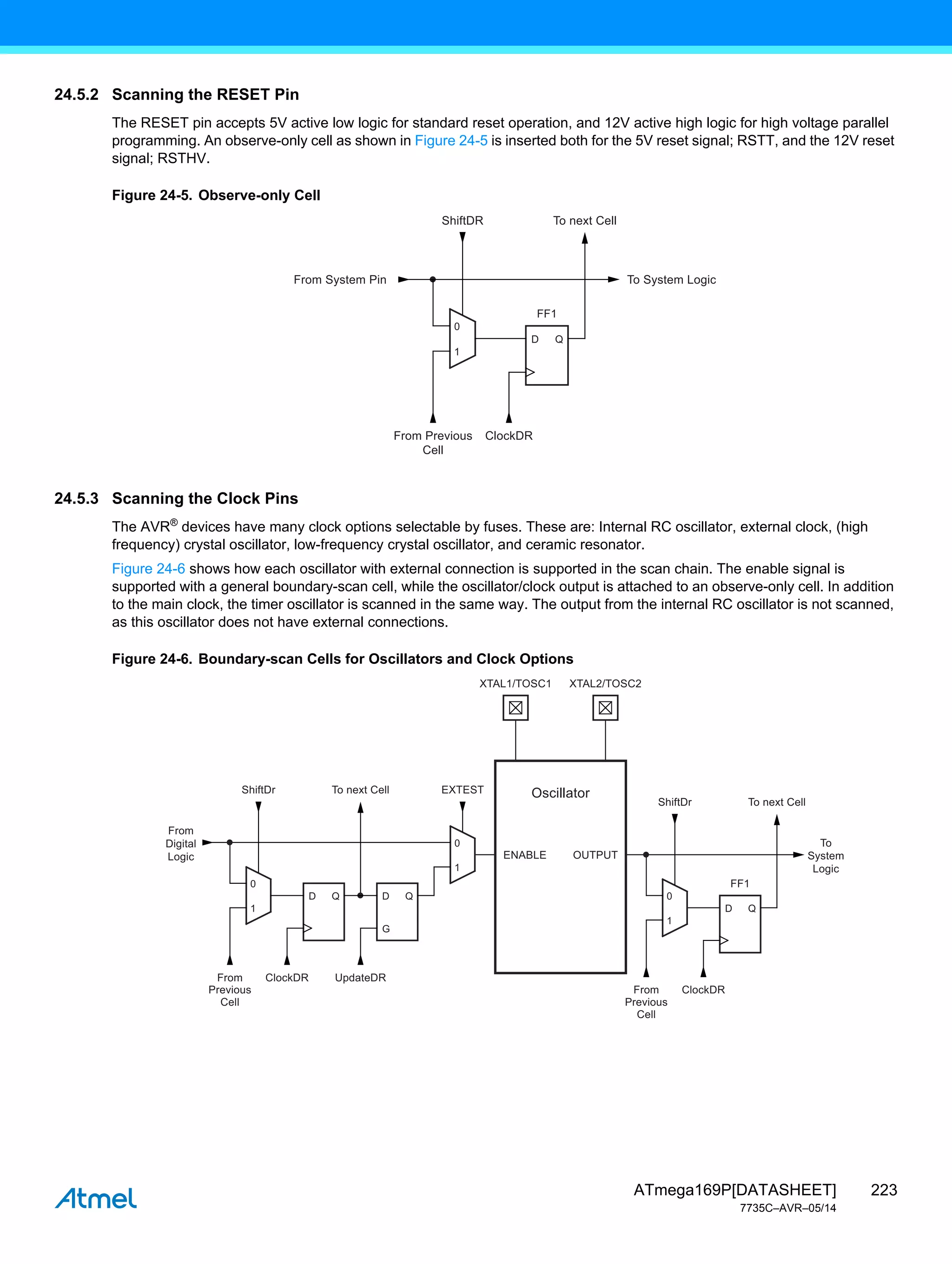 223
ATmega169P[DATASHEET]
7735C–AVR–05/14
24.5.2 Scanning the RESET Pin
The RESET pin accepts 5V active low logic for standard reset operation, and 12V active high logic for high voltage parallel
programming. An observe-only cell as shown in Figure 24-5 is inserted both for the 5V reset signal; RSTT, and the 12V reset
signal; RSTHV.
Figure 24-5. Observe-only Cell
24.5.3 Scanning the Clock Pins
The AVR®
devices have many clock options selectable by fuses. These are: Internal RC oscillator, external clock, (high
frequency) crystal oscillator, low-frequency crystal oscillator, and ceramic resonator.
Figure 24-6 shows how each oscillator with external connection is supported in the scan chain. The enable signal is
supported with a general boundary-scan cell, while the oscillator/clock output is attached to an observe-only cell. In addition
to the main clock, the timer oscillator is scanned in the same way. The output from the internal RC oscillator is not scanned,
as this oscillator does not have external connections.
Figure 24-6. Boundary-scan Cells for Oscillators and Clock Options
FF1
ShiftDR
From System Pin To System Logic
To next Cell
From Previous
Cell
ClockDR
D
0
1
Q
FF1
From
Digital
Logic
To
System
Logic
From
Previous
Cell
ClockDR UpdateDR
To next Cell
ShiftDr EXTEST
XTAL1/TOSC1 XTAL2/TOSC2
ENABLE OUTPUT
Oscillator
0
1
D
0
1
Q D
G
Q
From
Previous
Cell
ClockDR
To next Cell
ShiftDr
D
0
1
Q
 
