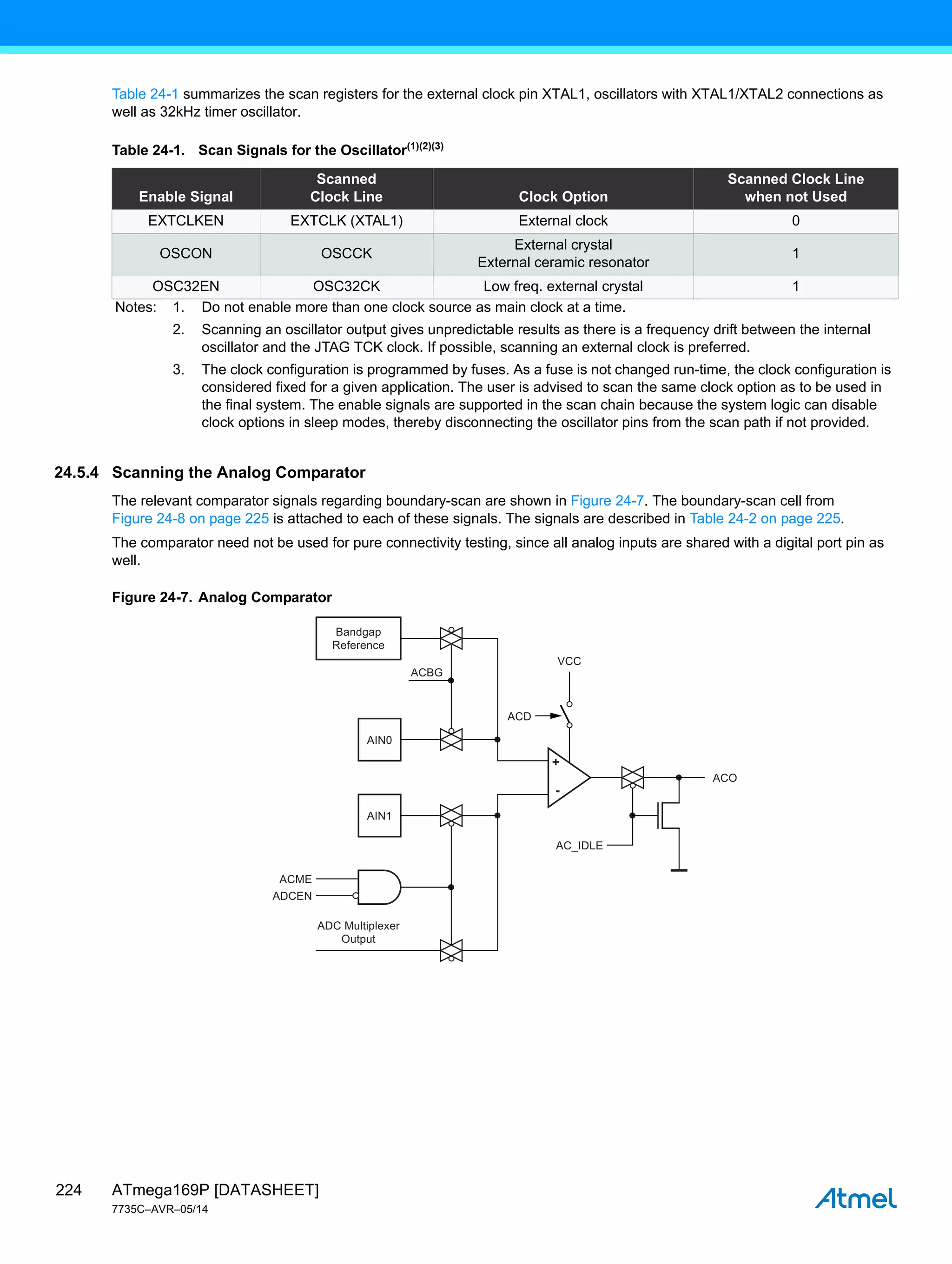 ATmega169P [DATASHEET]
7735C–AVR–05/14
224
Table 24-1 summarizes the scan registers for the external clock pin XTAL1, oscillators with XTAL1/XTAL2 connections as
well as 32kHz timer oscillator.
24.5.4 Scanning the Analog Comparator
The relevant comparator signals regarding boundary-scan are shown in Figure 24-7. The boundary-scan cell from
Figure 24-8 on page 225 is attached to each of these signals. The signals are described in Table 24-2 on page 225.
The comparator need not be used for pure connectivity testing, since all analog inputs are shared with a digital port pin as
well.
Figure 24-7. Analog Comparator
Table 24-1. Scan Signals for the Oscillator(1)(2)(3)
Enable Signal
Scanned
Clock Line Clock Option
Scanned Clock Line
when not Used
EXTCLKEN EXTCLK (XTAL1) External clock 0
OSCON OSCCK
External crystal
External ceramic resonator
1
OSC32EN OSC32CK Low freq. external crystal 1
Notes: 1. Do not enable more than one clock source as main clock at a time.
2. Scanning an oscillator output gives unpredictable results as there is a frequency drift between the internal
oscillator and the JTAG TCK clock. If possible, scanning an external clock is preferred.
3. The clock configuration is programmed by fuses. As a fuse is not changed run-time, the clock configuration is
considered fixed for a given application. The user is advised to scan the same clock option as to be used in
the final system. The enable signals are supported in the scan chain because the system logic can disable
clock options in sleep modes, thereby disconnecting the oscillator pins from the scan path if not provided.
Bandgap
Reference
AIN0
VCC
ADC Multiplexer
Output
ACBG
ACME
ADCEN
ACD
ACO
AC_IDLE
+
-
AIN1
 