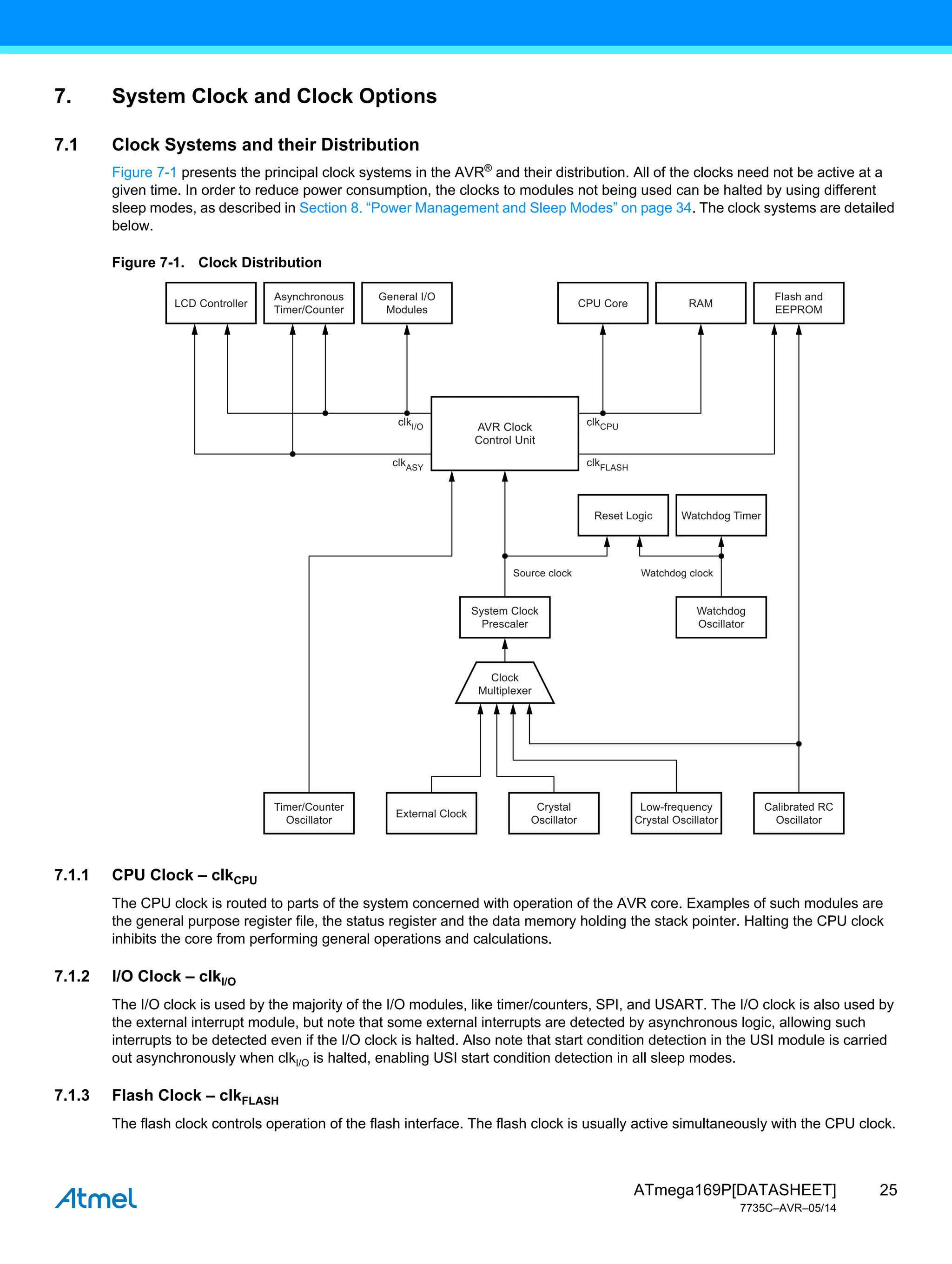 25
ATmega169P[DATASHEET]
7735C–AVR–05/14
7. System Clock and Clock Options
7.1 Clock Systems and their Distribution
Figure 7-1 presents the principal clock systems in the AVR®
and their distribution. All of the clocks need not be active at a
given time. In order to reduce power consumption, the clocks to modules not being used can be halted by using different
sleep modes, as described in Section 8. “Power Management and Sleep Modes” on page 34. The clock systems are detailed
below.
Figure 7-1. Clock Distribution
7.1.1 CPU Clock – clkCPU
The CPU clock is routed to parts of the system concerned with operation of the AVR core. Examples of such modules are
the general purpose register file, the status register and the data memory holding the stack pointer. Halting the CPU clock
inhibits the core from performing general operations and calculations.
7.1.2 I/O Clock – clkI/O
The I/O clock is used by the majority of the I/O modules, like timer/counters, SPI, and USART. The I/O clock is also used by
the external interrupt module, but note that some external interrupts are detected by asynchronous logic, allowing such
interrupts to be detected even if the I/O clock is halted. Also note that start condition detection in the USI module is carried
out asynchronously when clkI/O is halted, enabling USI start condition detection in all sleep modes.
7.1.3 Flash Clock – clkFLASH
The flash clock controls operation of the flash interface. The flash clock is usually active simultaneously with the CPU clock.
Asynchronous
Timer/Counter
Flash and
EEPROM
Timer/Counter
Oscillator
Calibrated RC
Oscillator
Low-frequency
Crystal Oscillator
Crystal
Oscillator
Watchdog
Oscillator
System Clock
Prescaler
General I/O
Modules
AVR Clock
Control Unit
LCD Controller
External Clock
CPU Core
Source clock Watchdog clock
RAM
Reset Logic Watchdog Timer
clkI/O
clkASY
clkCPU
clkFLASH
Clock
Multiplexer
 