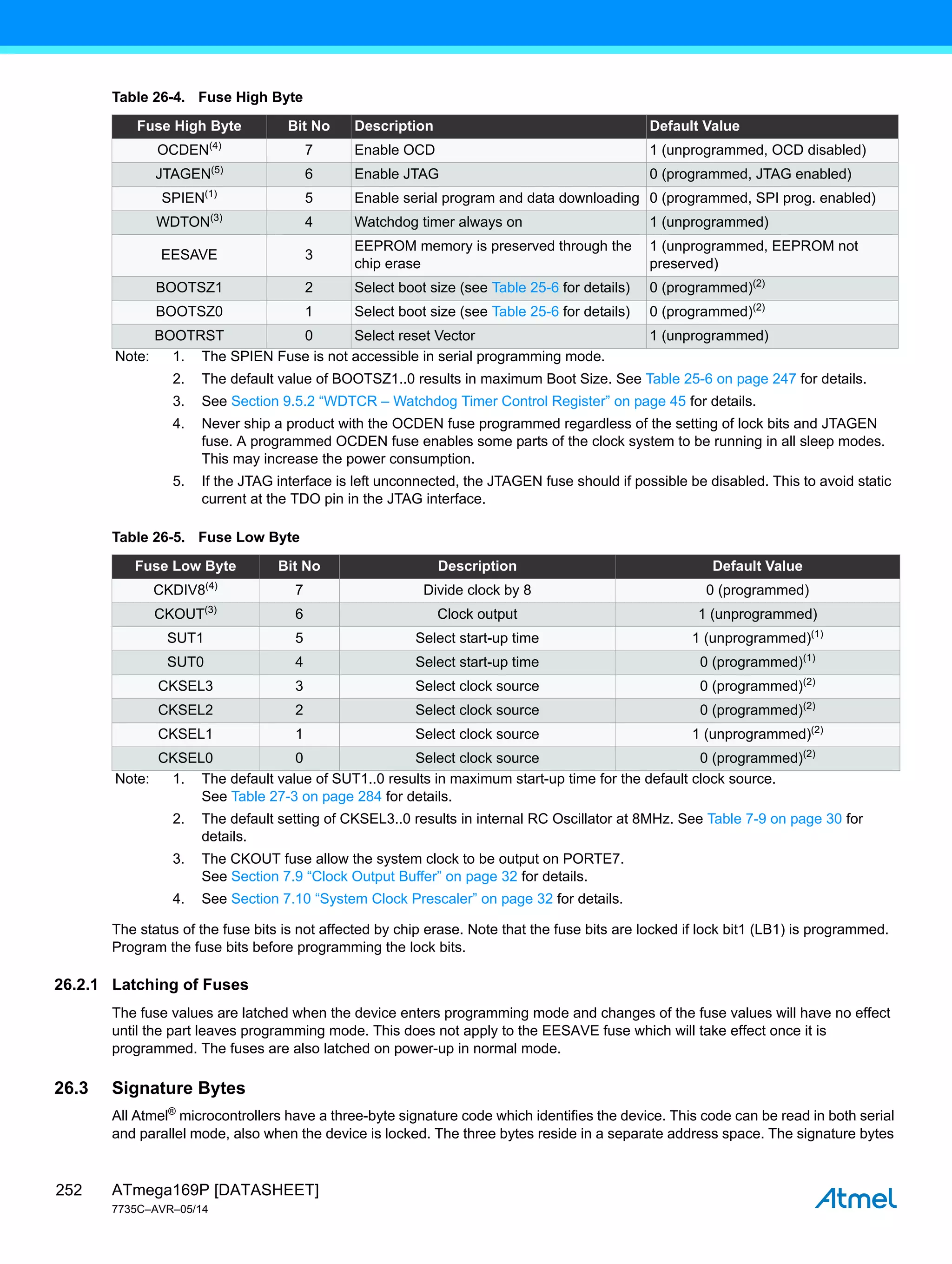 ATmega169P [DATASHEET]
7735C–AVR–05/14
252
The status of the fuse bits is not affected by chip erase. Note that the fuse bits are locked if lock bit1 (LB1) is programmed.
Program the fuse bits before programming the lock bits.
26.2.1 Latching of Fuses
The fuse values are latched when the device enters programming mode and changes of the fuse values will have no effect
until the part leaves programming mode. This does not apply to the EESAVE fuse which will take effect once it is
programmed. The fuses are also latched on power-up in normal mode.
26.3 Signature Bytes
All Atmel®
microcontrollers have a three-byte signature code which identifies the device. This code can be read in both serial
and parallel mode, also when the device is locked. The three bytes reside in a separate address space. The signature bytes
Table 26-4. Fuse High Byte
Fuse High Byte Bit No Description Default Value
OCDEN(4)
7 Enable OCD 1 (unprogrammed, OCD disabled)
JTAGEN(5)
6 Enable JTAG 0 (programmed, JTAG enabled)
SPIEN(1)
5 Enable serial program and data downloading 0 (programmed, SPI prog. enabled)
WDTON(3)
4 Watchdog timer always on 1 (unprogrammed)
EESAVE 3
EEPROM memory is preserved through the
chip erase
1 (unprogrammed, EEPROM not
preserved)
BOOTSZ1 2 Select boot size (see Table 25-6 for details) 0 (programmed)(2)
BOOTSZ0 1 Select boot size (see Table 25-6 for details) 0 (programmed)(2)
BOOTRST 0 Select reset Vector 1 (unprogrammed)
Note: 1. The SPIEN Fuse is not accessible in serial programming mode.
2. The default value of BOOTSZ1..0 results in maximum Boot Size. See Table 25-6 on page 247 for details.
3. See Section 9.5.2 “WDTCR – Watchdog Timer Control Register” on page 45 for details.
4. Never ship a product with the OCDEN fuse programmed regardless of the setting of lock bits and JTAGEN
fuse. A programmed OCDEN fuse enables some parts of the clock system to be running in all sleep modes.
This may increase the power consumption.
5. If the JTAG interface is left unconnected, the JTAGEN fuse should if possible be disabled. This to avoid static
current at the TDO pin in the JTAG interface.
Table 26-5. Fuse Low Byte
Fuse Low Byte Bit No Description Default Value
CKDIV8(4)
7 Divide clock by 8 0 (programmed)
CKOUT(3)
6 Clock output 1 (unprogrammed)
SUT1 5 Select start-up time 1 (unprogrammed)(1)
SUT0 4 Select start-up time 0 (programmed)(1)
CKSEL3 3 Select clock source 0 (programmed)(2)
CKSEL2 2 Select clock source 0 (programmed)(2)
CKSEL1 1 Select clock source 1 (unprogrammed)(2)
CKSEL0 0 Select clock source 0 (programmed)(2)
Note: 1. The default value of SUT1..0 results in maximum start-up time for the default clock source.
See Table 27-3 on page 284 for details.
2. The default setting of CKSEL3..0 results in internal RC Oscillator at 8MHz. See Table 7-9 on page 30 for
details.
3. The CKOUT fuse allow the system clock to be output on PORTE7.
See Section 7.9 “Clock Output Buffer” on page 32 for details.
4. See Section 7.10 “System Clock Prescaler” on page 32 for details.
 