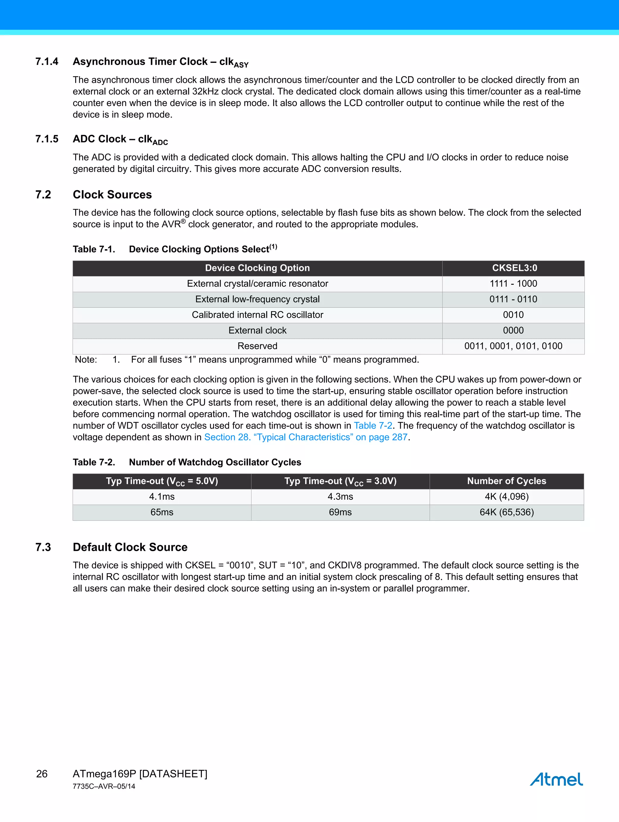 ATmega169P [DATASHEET]
7735C–AVR–05/14
26
7.1.4 Asynchronous Timer Clock – clkASY
The asynchronous timer clock allows the asynchronous timer/counter and the LCD controller to be clocked directly from an
external clock or an external 32kHz clock crystal. The dedicated clock domain allows using this timer/counter as a real-time
counter even when the device is in sleep mode. It also allows the LCD controller output to continue while the rest of the
device is in sleep mode.
7.1.5 ADC Clock – clkADC
The ADC is provided with a dedicated clock domain. This allows halting the CPU and I/O clocks in order to reduce noise
generated by digital circuitry. This gives more accurate ADC conversion results.
7.2 Clock Sources
The device has the following clock source options, selectable by flash fuse bits as shown below. The clock from the selected
source is input to the AVR®
clock generator, and routed to the appropriate modules.
The various choices for each clocking option is given in the following sections. When the CPU wakes up from power-down or
power-save, the selected clock source is used to time the start-up, ensuring stable oscillator operation before instruction
execution starts. When the CPU starts from reset, there is an additional delay allowing the power to reach a stable level
before commencing normal operation. The watchdog oscillator is used for timing this real-time part of the start-up time. The
number of WDT oscillator cycles used for each time-out is shown in Table 7-2. The frequency of the watchdog oscillator is
voltage dependent as shown in Section 28. “Typical Characteristics” on page 287.
7.3 Default Clock Source
The device is shipped with CKSEL = “0010”, SUT = “10”, and CKDIV8 programmed. The default clock source setting is the
internal RC oscillator with longest start-up time and an initial system clock prescaling of 8. This default setting ensures that
all users can make their desired clock source setting using an in-system or parallel programmer.
Table 7-1. Device Clocking Options Select(1)
Device Clocking Option CKSEL3:0
External crystal/ceramic resonator 1111 - 1000
External low-frequency crystal 0111 - 0110
Calibrated internal RC oscillator 0010
External clock 0000
Reserved 0011, 0001, 0101, 0100
Note: 1. For all fuses “1” means unprogrammed while “0” means programmed.
Table 7-2. Number of Watchdog Oscillator Cycles
Typ Time-out (VCC = 5.0V) Typ Time-out (VCC = 3.0V) Number of Cycles
4.1ms 4.3ms 4K (4,096)
65ms 69ms 64K (65,536)
 