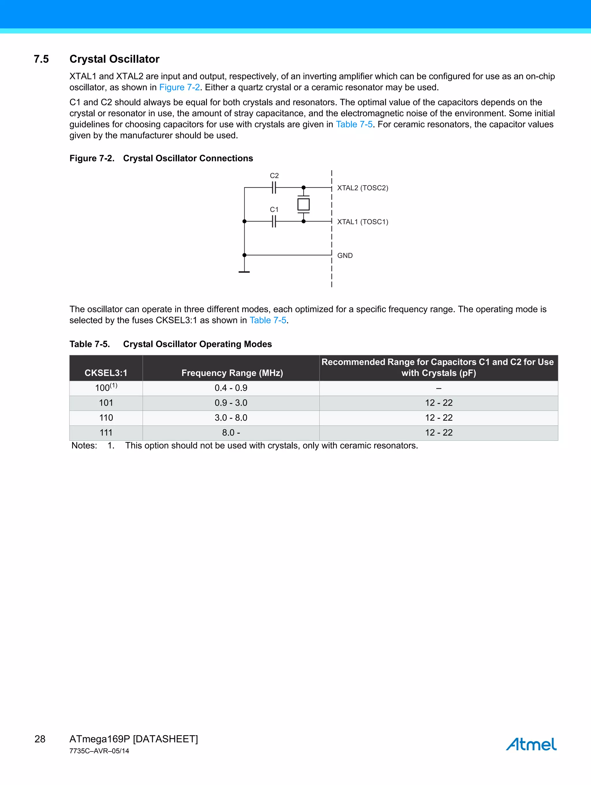 ATmega169P [DATASHEET]
7735C–AVR–05/14
28
7.5 Crystal Oscillator
XTAL1 and XTAL2 are input and output, respectively, of an inverting amplifier which can be configured for use as an on-chip
oscillator, as shown in Figure 7-2. Either a quartz crystal or a ceramic resonator may be used.
C1 and C2 should always be equal for both crystals and resonators. The optimal value of the capacitors depends on the
crystal or resonator in use, the amount of stray capacitance, and the electromagnetic noise of the environment. Some initial
guidelines for choosing capacitors for use with crystals are given in Table 7-5. For ceramic resonators, the capacitor values
given by the manufacturer should be used.
Figure 7-2. Crystal Oscillator Connections
The oscillator can operate in three different modes, each optimized for a specific frequency range. The operating mode is
selected by the fuses CKSEL3:1 as shown in Table 7-5.
Table 7-5. Crystal Oscillator Operating Modes
CKSEL3:1 Frequency Range (MHz)
Recommended Range for Capacitors C1 and C2 for Use
with Crystals (pF)
100(1)
0.4 - 0.9 –
101 0.9 - 3.0 12 - 22
110 3.0 - 8.0 12 - 22
111 8.0 - 12 - 22
Notes: 1. This option should not be used with crystals, only with ceramic resonators.
C2
XTAL2 (TOSC2)
XTAL1 (TOSC1)
GND
C1
 