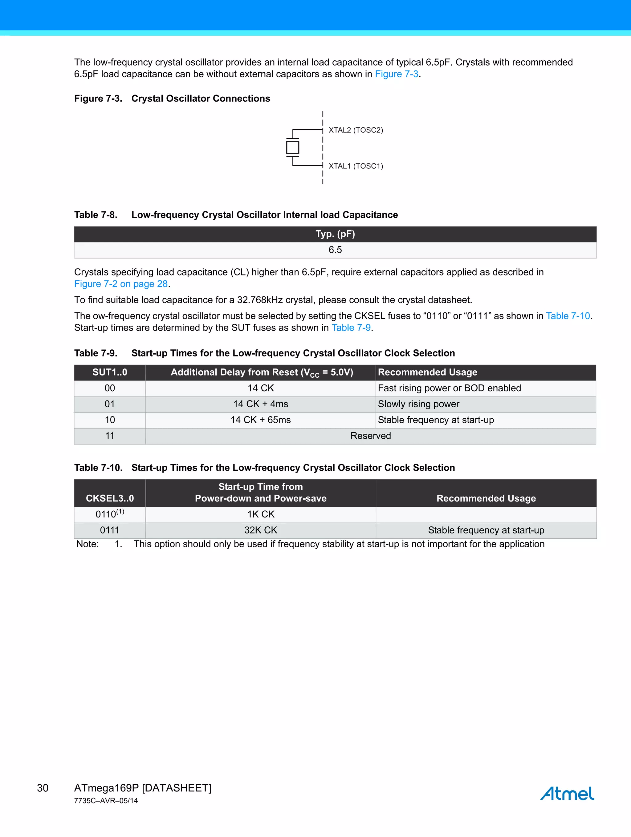 ATmega169P [DATASHEET]
7735C–AVR–05/14
30
The low-frequency crystal oscillator provides an internal load capacitance of typical 6.5pF. Crystals with recommended
6.5pF load capacitance can be without external capacitors as shown in Figure 7-3.
Figure 7-3. Crystal Oscillator Connections
Crystals specifying load capacitance (CL) higher than 6.5pF, require external capacitors applied as described in
Figure 7-2 on page 28.
To find suitable load capacitance for a 32.768kHz crystal, please consult the crystal datasheet.
The ow-frequency crystal oscillator must be selected by setting the CKSEL fuses to “0110” or “0111” as shown in Table 7-10.
Start-up times are determined by the SUT fuses as shown in Table 7-9.
Table 7-8. Low-frequency Crystal Oscillator Internal load Capacitance
Typ. (pF)
6.5
Table 7-9. Start-up Times for the Low-frequency Crystal Oscillator Clock Selection
SUT1..0 Additional Delay from Reset (VCC = 5.0V) Recommended Usage
00 14 CK Fast rising power or BOD enabled
01 14 CK + 4ms Slowly rising power
10 14 CK + 65ms Stable frequency at start-up
11 Reserved
Table 7-10. Start-up Times for the Low-frequency Crystal Oscillator Clock Selection
CKSEL3..0
Start-up Time from
Power-down and Power-save Recommended Usage
0110(1)
1K CK
0111 32K CK Stable frequency at start-up
Note: 1. This option should only be used if frequency stability at start-up is not important for the application
XTAL2 (TOSC2)
XTAL1 (TOSC1)
 