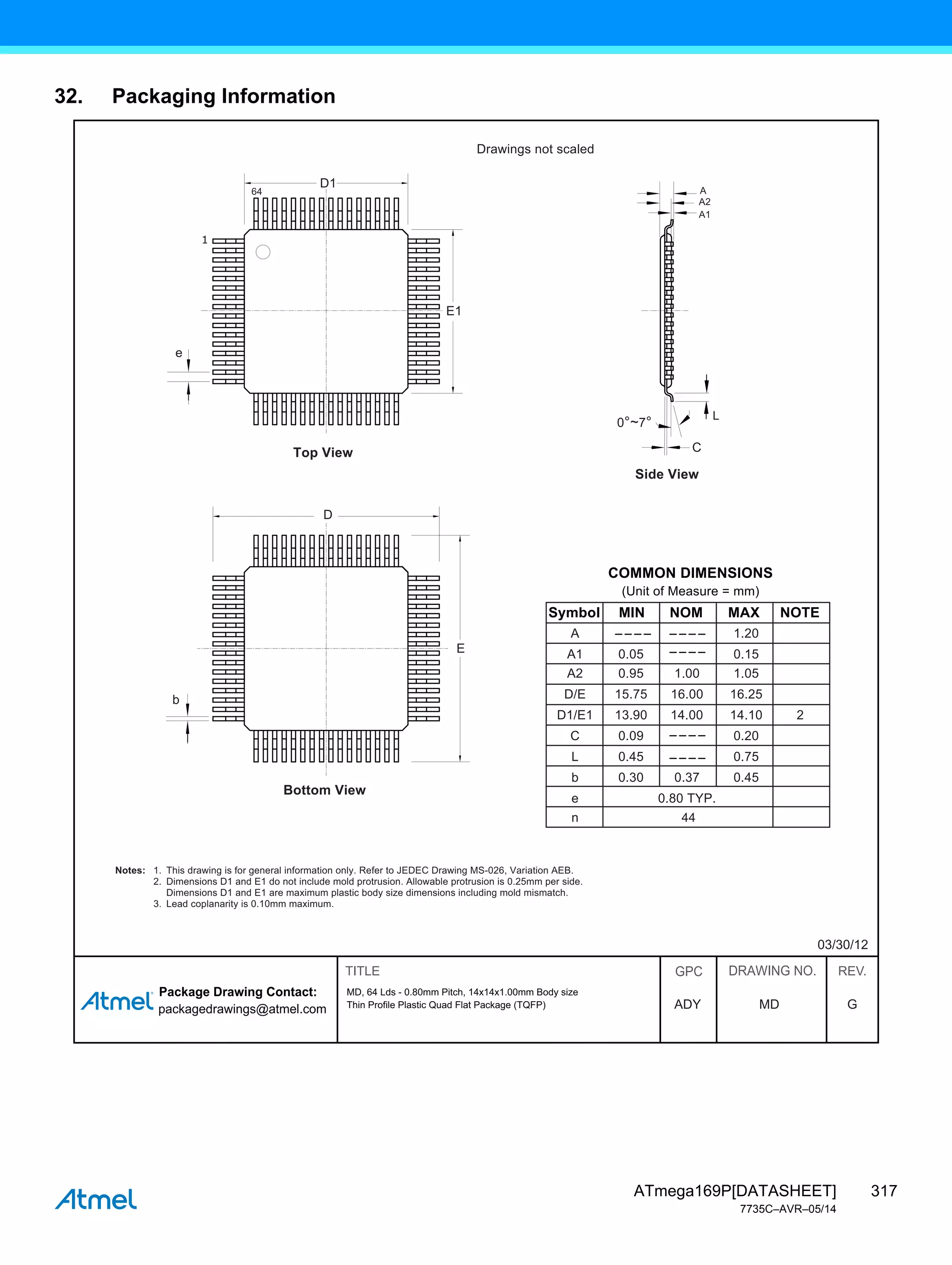 317
ATmega169P[DATASHEET]
7735C–AVR–05/14
32. Packaging Information
Package Drawing Contact:
packagedrawings@atmel.com
GPC DRAWING NO. REV.
TITLE
MD
ADY G
03/30/12
MD, 64 Lds - 0.80mm Pitch, 14x14x1.00mm Body size
Thin Profile Plastic Quad Flat Package (TQFP)
Drawings not scaled
1.
Notes:
2.
3.
This drawing is for general information only. Refer to JEDEC Drawing MS-026, Variation AEB.
Dimensions D1 and E1 do not include mold protrusion. Allowable protrusion is 0.25mm per side.
Dimensions D1 and E1 are maximum plastic body size dimensions including mold mismatch.
Lead coplanarity is 0.10mm maximum.
C
0°~7°
L
A
A2
A1
D
E
b
COMMON DIMENSIONS
(Unit of Measure = mm)
MIN NOM NOTE
MAX
Symbol
0.15
0.05
A1
0.20
0.09
C
0.80 TYP.
e
44
n
0.45
0.30
b
0.75
0.45
L
14.10
13.90 14.00
D1/E1
16.00 16.25
15.75
D/E
1.00
0.37
1.05
0.95
A2
1.20
A
2
Top View
Side View
Bottom View
D1
E1
64
e
 