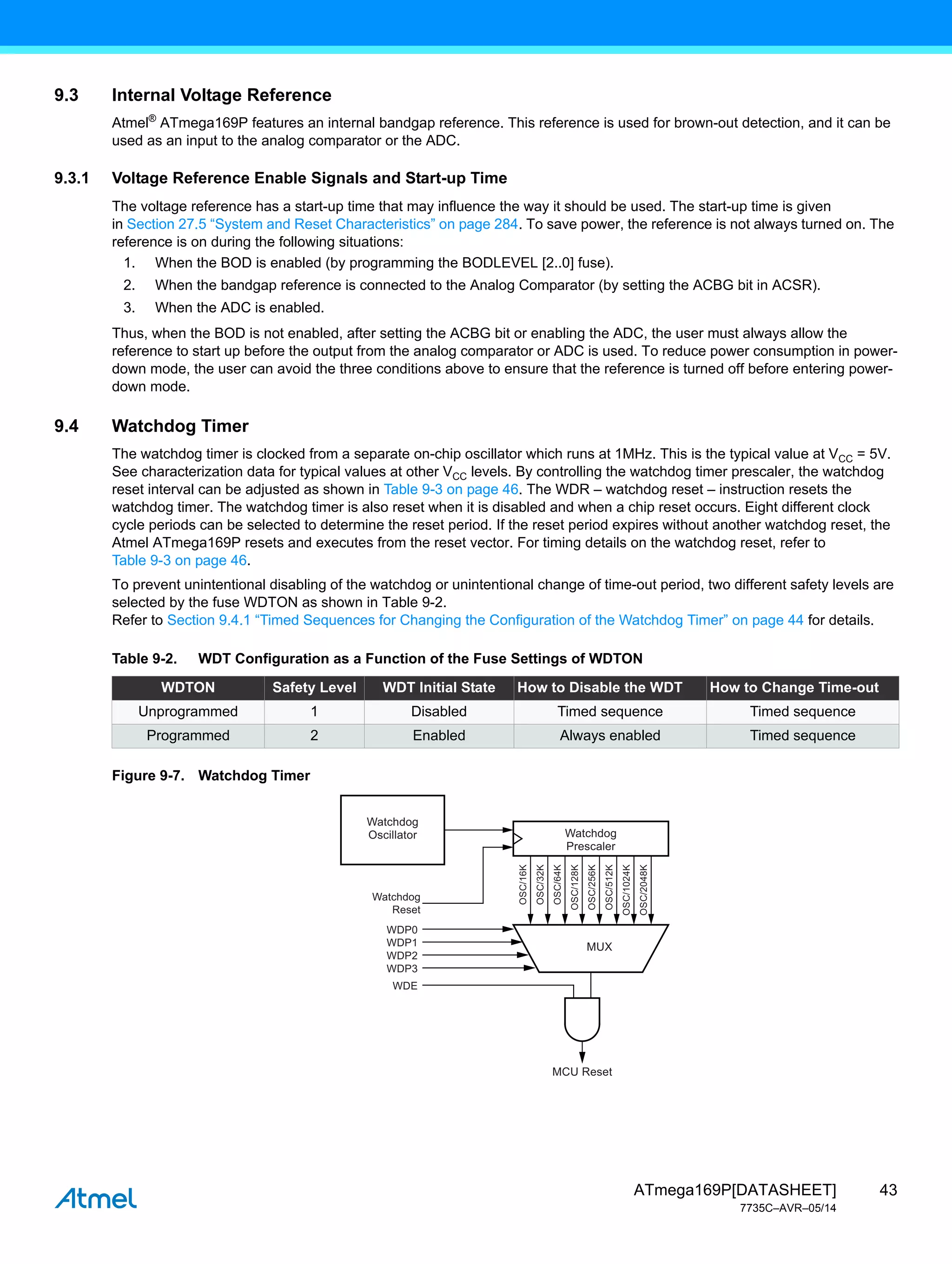 43
ATmega169P[DATASHEET]
7735C–AVR–05/14
9.3 Internal Voltage Reference
Atmel®
ATmega169P features an internal bandgap reference. This reference is used for brown-out detection, and it can be
used as an input to the analog comparator or the ADC.
9.3.1 Voltage Reference Enable Signals and Start-up Time
The voltage reference has a start-up time that may influence the way it should be used. The start-up time is given
in Section 27.5 “System and Reset Characteristics” on page 284. To save power, the reference is not always turned on. The
reference is on during the following situations:
1. When the BOD is enabled (by programming the BODLEVEL [2..0] fuse).
2. When the bandgap reference is connected to the Analog Comparator (by setting the ACBG bit in ACSR).
3. When the ADC is enabled.
Thus, when the BOD is not enabled, after setting the ACBG bit or enabling the ADC, the user must always allow the
reference to start up before the output from the analog comparator or ADC is used. To reduce power consumption in power-
down mode, the user can avoid the three conditions above to ensure that the reference is turned off before entering power-
down mode.
9.4 Watchdog Timer
The watchdog timer is clocked from a separate on-chip oscillator which runs at 1MHz. This is the typical value at VCC = 5V.
See characterization data for typical values at other VCC levels. By controlling the watchdog timer prescaler, the watchdog
reset interval can be adjusted as shown in Table 9-3 on page 46. The WDR – watchdog reset – instruction resets the
watchdog timer. The watchdog timer is also reset when it is disabled and when a chip reset occurs. Eight different clock
cycle periods can be selected to determine the reset period. If the reset period expires without another watchdog reset, the
Atmel ATmega169P resets and executes from the reset vector. For timing details on the watchdog reset, refer to
Table 9-3 on page 46.
To prevent unintentional disabling of the watchdog or unintentional change of time-out period, two different safety levels are
selected by the fuse WDTON as shown in Table 9-2.
Refer to Section 9.4.1 “Timed Sequences for Changing the Configuration of the Watchdog Timer” on page 44 for details.
Figure 9-7. Watchdog Timer
Table 9-2. WDT Configuration as a Function of the Fuse Settings of WDTON
WDTON Safety Level WDT Initial State How to Disable the WDT How to Change Time-out
Unprogrammed 1 Disabled Timed sequence Timed sequence
Programmed 2 Enabled Always enabled Timed sequence
OSC/16K
OSC/32K
OSC/64K
OSC/128K
OSC/256K
OSC/512K
OSC/1024K
OSC/2048K
Watchdog
Prescaler
MCU Reset
WDP0
Watchdog
Reset
WDP1
WDP2
WDP3
WDE
Watchdog
Oscillator
MUX
 