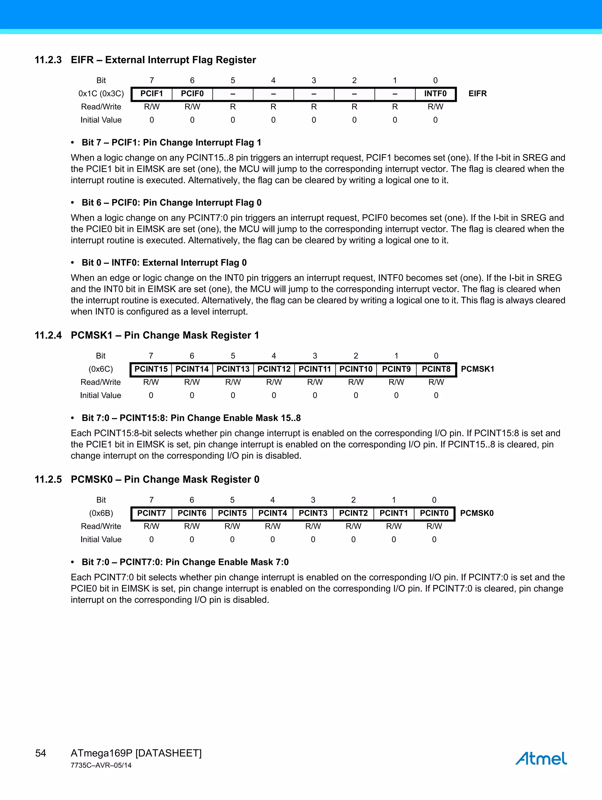 ATmega169P [DATASHEET]
7735C–AVR–05/14
54
11.2.3 EIFR – External Interrupt Flag Register
• Bit 7 – PCIF1: Pin Change Interrupt Flag 1
When a logic change on any PCINT15..8 pin triggers an interrupt request, PCIF1 becomes set (one). If the I-bit in SREG and
the PCIE1 bit in EIMSK are set (one), the MCU will jump to the corresponding interrupt vector. The flag is cleared when the
interrupt routine is executed. Alternatively, the flag can be cleared by writing a logical one to it.
• Bit 6 – PCIF0: Pin Change Interrupt Flag 0
When a logic change on any PCINT7:0 pin triggers an interrupt request, PCIF0 becomes set (one). If the I-bit in SREG and
the PCIE0 bit in EIMSK are set (one), the MCU will jump to the corresponding interrupt vector. The flag is cleared when the
interrupt routine is executed. Alternatively, the flag can be cleared by writing a logical one to it.
• Bit 0 – INTF0: External Interrupt Flag 0
When an edge or logic change on the INT0 pin triggers an interrupt request, INTF0 becomes set (one). If the I-bit in SREG
and the INT0 bit in EIMSK are set (one), the MCU will jump to the corresponding interrupt vector. The flag is cleared when
the interrupt routine is executed. Alternatively, the flag can be cleared by writing a logical one to it. This flag is always cleared
when INT0 is configured as a level interrupt.
11.2.4 PCMSK1 – Pin Change Mask Register 1
• Bit 7:0 – PCINT15:8: Pin Change Enable Mask 15..8
Each PCINT15:8-bit selects whether pin change interrupt is enabled on the corresponding I/O pin. If PCINT15:8 is set and
the PCIE1 bit in EIMSK is set, pin change interrupt is enabled on the corresponding I/O pin. If PCINT15..8 is cleared, pin
change interrupt on the corresponding I/O pin is disabled.
11.2.5 PCMSK0 – Pin Change Mask Register 0
• Bit 7:0 – PCINT7:0: Pin Change Enable Mask 7:0
Each PCINT7:0 bit selects whether pin change interrupt is enabled on the corresponding I/O pin. If PCINT7:0 is set and the
PCIE0 bit in EIMSK is set, pin change interrupt is enabled on the corresponding I/O pin. If PCINT7:0 is cleared, pin change
interrupt on the corresponding I/O pin is disabled.
Bit 7 6 5 4 3 2 1 0
0x1C (0x3C) PCIF1 PCIF0 – – – – – INTF0 EIFR
Read/Write R/W R/W R R R R R R/W
Initial Value 0 0 0 0 0 0 0 0
Bit 7 6 5 4 3 2 1 0
(0x6C) PCINT15 PCINT14 PCINT13 PCINT12 PCINT11 PCINT10 PCINT9 PCINT8 PCMSK1
Read/Write R/W R/W R/W R/W R/W R/W R/W R/W
Initial Value 0 0 0 0 0 0 0 0
Bit 7 6 5 4 3 2 1 0
(0x6B) PCINT7 PCINT6 PCINT5 PCINT4 PCINT3 PCINT2 PCINT1 PCINT0 PCMSK0
Read/Write R/W R/W R/W R/W R/W R/W R/W R/W
Initial Value 0 0 0 0 0 0 0 0
 