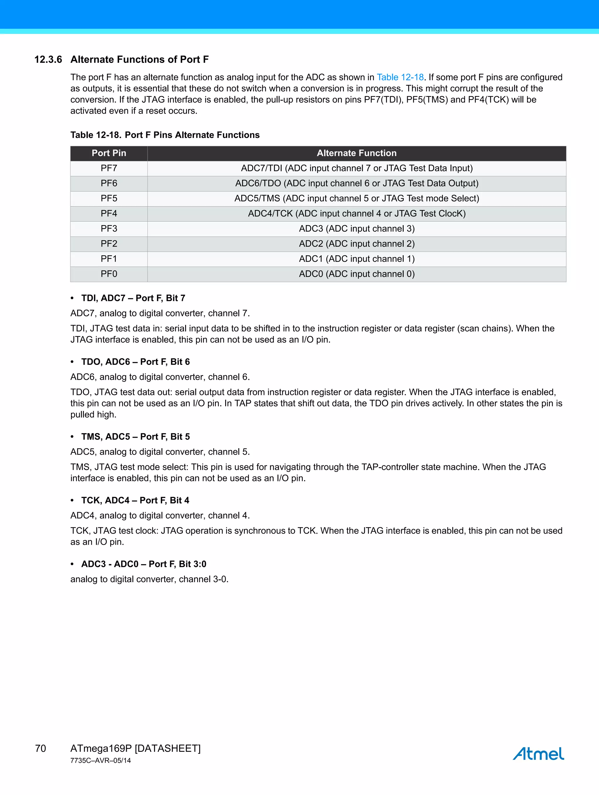 ATmega169P [DATASHEET]
7735C–AVR–05/14
70
12.3.6 Alternate Functions of Port F
The port F has an alternate function as analog input for the ADC as shown in Table 12-18. If some port F pins are configured
as outputs, it is essential that these do not switch when a conversion is in progress. This might corrupt the result of the
conversion. If the JTAG interface is enabled, the pull-up resistors on pins PF7(TDI), PF5(TMS) and PF4(TCK) will be
activated even if a reset occurs.
• TDI, ADC7 – Port F, Bit 7
ADC7, analog to digital converter, channel 7.
TDI, JTAG test data in: serial input data to be shifted in to the instruction register or data register (scan chains). When the
JTAG interface is enabled, this pin can not be used as an I/O pin.
• TDO, ADC6 – Port F, Bit 6
ADC6, analog to digital converter, channel 6.
TDO, JTAG test data out: serial output data from instruction register or data register. When the JTAG interface is enabled,
this pin can not be used as an I/O pin. In TAP states that shift out data, the TDO pin drives actively. In other states the pin is
pulled high.
• TMS, ADC5 – Port F, Bit 5
ADC5, analog to digital converter, channel 5.
TMS, JTAG test mode select: This pin is used for navigating through the TAP-controller state machine. When the JTAG
interface is enabled, this pin can not be used as an I/O pin.
• TCK, ADC4 – Port F, Bit 4
ADC4, analog to digital converter, channel 4.
TCK, JTAG test clock: JTAG operation is synchronous to TCK. When the JTAG interface is enabled, this pin can not be used
as an I/O pin.
• ADC3 - ADC0 – Port F, Bit 3:0
analog to digital converter, channel 3-0.
Table 12-18. Port F Pins Alternate Functions
Port Pin Alternate Function
PF7 ADC7/TDI (ADC input channel 7 or JTAG Test Data Input)
PF6 ADC6/TDO (ADC input channel 6 or JTAG Test Data Output)
PF5 ADC5/TMS (ADC input channel 5 or JTAG Test mode Select)
PF4 ADC4/TCK (ADC input channel 4 or JTAG Test ClocK)
PF3 ADC3 (ADC input channel 3)
PF2 ADC2 (ADC input channel 2)
PF1 ADC1 (ADC input channel 1)
PF0 ADC0 (ADC input channel 0)
 