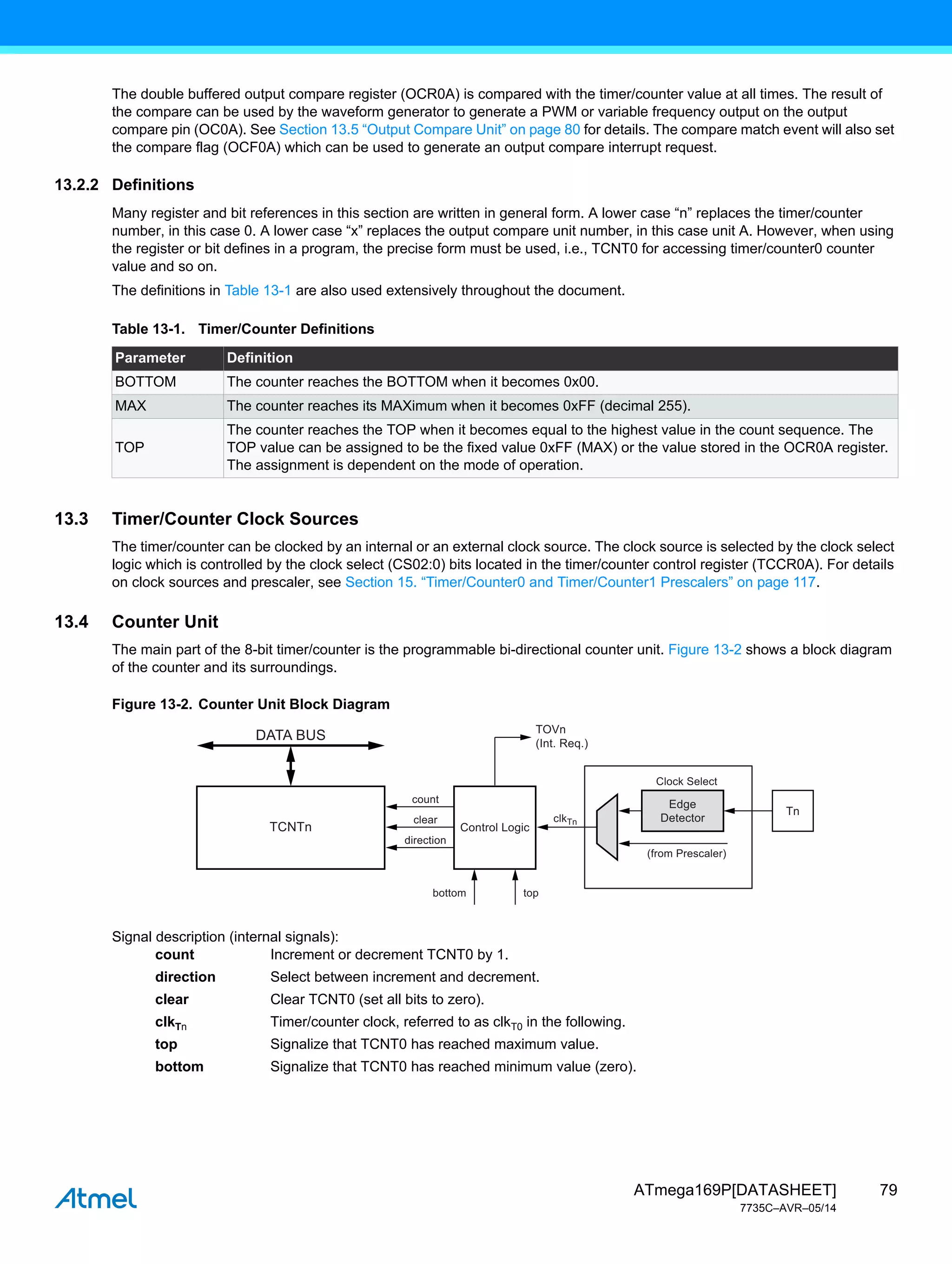 79
ATmega169P[DATASHEET]
7735C–AVR–05/14
The double buffered output compare register (OCR0A) is compared with the timer/counter value at all times. The result of
the compare can be used by the waveform generator to generate a PWM or variable frequency output on the output
compare pin (OC0A). See Section 13.5 “Output Compare Unit” on page 80 for details. The compare match event will also set
the compare flag (OCF0A) which can be used to generate an output compare interrupt request.
13.2.2 Definitions
Many register and bit references in this section are written in general form. A lower case “n” replaces the timer/counter
number, in this case 0. A lower case “x” replaces the output compare unit number, in this case unit A. However, when using
the register or bit defines in a program, the precise form must be used, i.e., TCNT0 for accessing timer/counter0 counter
value and so on.
The definitions in Table 13-1 are also used extensively throughout the document.
13.3 Timer/Counter Clock Sources
The timer/counter can be clocked by an internal or an external clock source. The clock source is selected by the clock select
logic which is controlled by the clock select (CS02:0) bits located in the timer/counter control register (TCCR0A). For details
on clock sources and prescaler, see Section 15. “Timer/Counter0 and Timer/Counter1 Prescalers” on page 117.
13.4 Counter Unit
The main part of the 8-bit timer/counter is the programmable bi-directional counter unit. Figure 13-2 shows a block diagram
of the counter and its surroundings.
Figure 13-2. Counter Unit Block Diagram
Signal description (internal signals):
count Increment or decrement TCNT0 by 1.
direction Select between increment and decrement.
clear Clear TCNT0 (set all bits to zero).
clkTn Timer/counter clock, referred to as clkT0 in the following.
top Signalize that TCNT0 has reached maximum value.
bottom Signalize that TCNT0 has reached minimum value (zero).
Table 13-1. Timer/Counter Definitions
Parameter Definition
BOTTOM The counter reaches the BOTTOM when it becomes 0x00.
MAX The counter reaches its MAXimum when it becomes 0xFF (decimal 255).
TOP
The counter reaches the TOP when it becomes equal to the highest value in the count sequence. The
TOP value can be assigned to be the fixed value 0xFF (MAX) or the value stored in the OCR0A register.
The assignment is dependent on the mode of operation.
top
bottom
TOVn
(Int. Req.)
DATA BUS
Control Logic
TCNTn
clkTn
clear
count
direction
Edge
Detector
(from Prescaler)
Clock Select
Tn
 