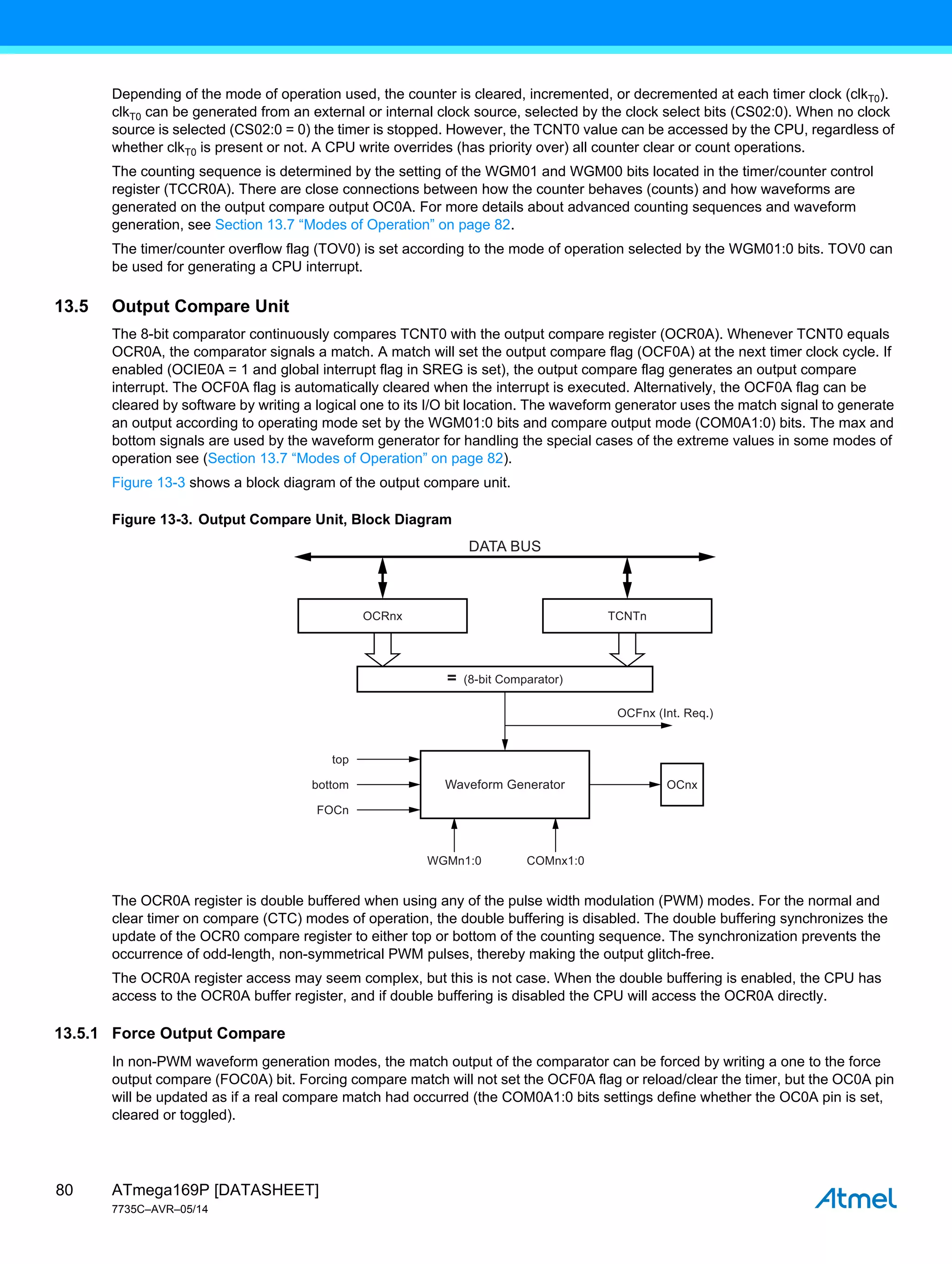 ATmega169P [DATASHEET]
7735C–AVR–05/14
80
Depending of the mode of operation used, the counter is cleared, incremented, or decremented at each timer clock (clkT0).
clkT0 can be generated from an external or internal clock source, selected by the clock select bits (CS02:0). When no clock
source is selected (CS02:0 = 0) the timer is stopped. However, the TCNT0 value can be accessed by the CPU, regardless of
whether clkT0 is present or not. A CPU write overrides (has priority over) all counter clear or count operations.
The counting sequence is determined by the setting of the WGM01 and WGM00 bits located in the timer/counter control
register (TCCR0A). There are close connections between how the counter behaves (counts) and how waveforms are
generated on the output compare output OC0A. For more details about advanced counting sequences and waveform
generation, see Section 13.7 “Modes of Operation” on page 82.
The timer/counter overflow flag (TOV0) is set according to the mode of operation selected by the WGM01:0 bits. TOV0 can
be used for generating a CPU interrupt.
13.5 Output Compare Unit
The 8-bit comparator continuously compares TCNT0 with the output compare register (OCR0A). Whenever TCNT0 equals
OCR0A, the comparator signals a match. A match will set the output compare flag (OCF0A) at the next timer clock cycle. If
enabled (OCIE0A = 1 and global interrupt flag in SREG is set), the output compare flag generates an output compare
interrupt. The OCF0A flag is automatically cleared when the interrupt is executed. Alternatively, the OCF0A flag can be
cleared by software by writing a logical one to its I/O bit location. The waveform generator uses the match signal to generate
an output according to operating mode set by the WGM01:0 bits and compare output mode (COM0A1:0) bits. The max and
bottom signals are used by the waveform generator for handling the special cases of the extreme values in some modes of
operation see (Section 13.7 “Modes of Operation” on page 82).
Figure 13-3 shows a block diagram of the output compare unit.
Figure 13-3. Output Compare Unit, Block Diagram
The OCR0A register is double buffered when using any of the pulse width modulation (PWM) modes. For the normal and
clear timer on compare (CTC) modes of operation, the double buffering is disabled. The double buffering synchronizes the
update of the OCR0 compare register to either top or bottom of the counting sequence. The synchronization prevents the
occurrence of odd-length, non-symmetrical PWM pulses, thereby making the output glitch-free.
The OCR0A register access may seem complex, but this is not case. When the double buffering is enabled, the CPU has
access to the OCR0A buffer register, and if double buffering is disabled the CPU will access the OCR0A directly.
13.5.1 Force Output Compare
In non-PWM waveform generation modes, the match output of the comparator can be forced by writing a one to the force
output compare (FOC0A) bit. Forcing compare match will not set the OCF0A flag or reload/clear the timer, but the OC0A pin
will be updated as if a real compare match had occurred (the COM0A1:0 bits settings define whether the OC0A pin is set,
cleared or toggled).
OCFnx (Int. Req.)
= (8-bit Comparator)
OCRnx
Waveform Generator
TCNTn
OCnx
top
bottom
FOCn
WGMn1:0 COMnx1:0
DATA BUS
 