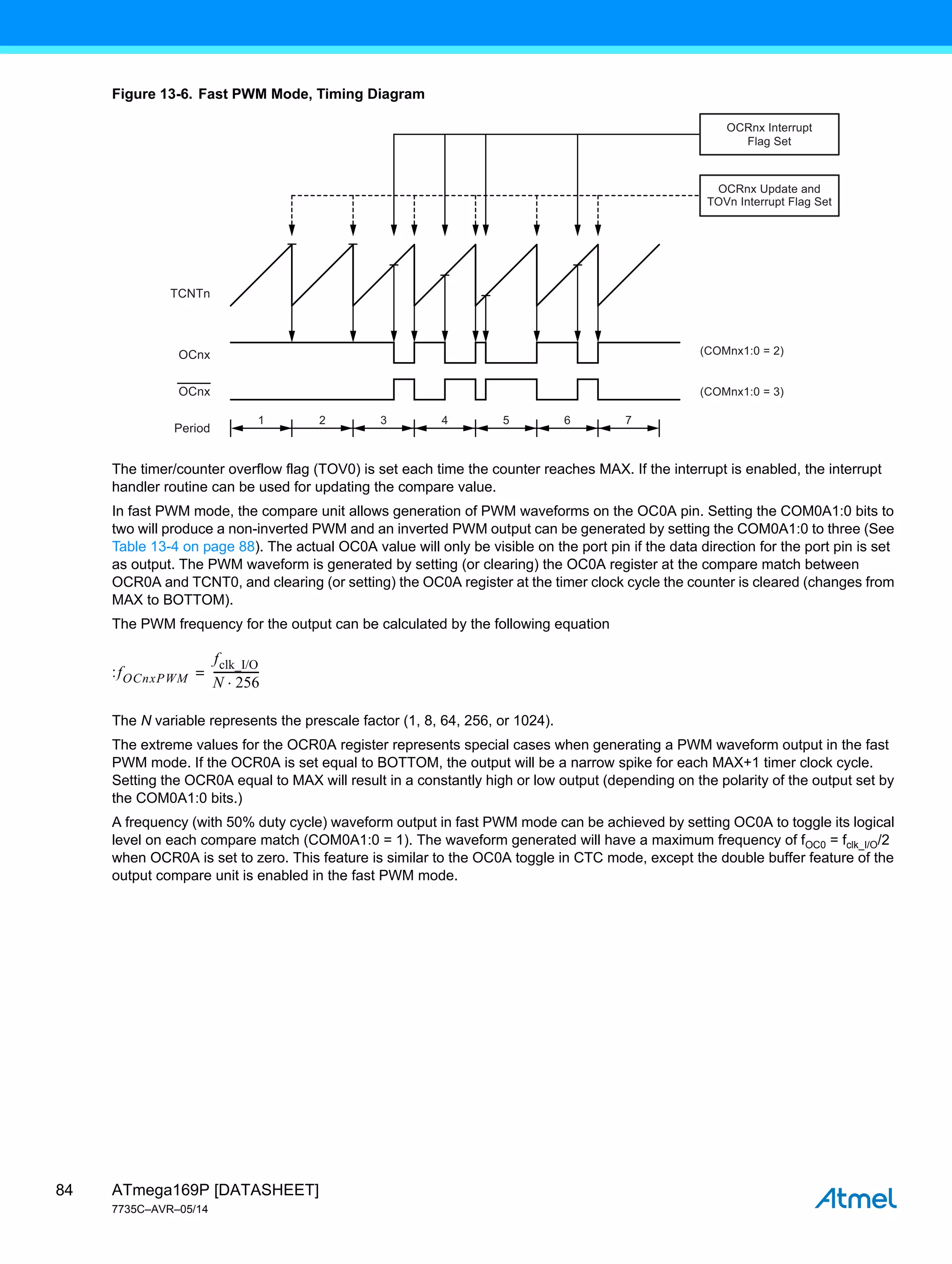 ATmega169P [DATASHEET]
7735C–AVR–05/14
84
Figure 13-6. Fast PWM Mode, Timing Diagram
The timer/counter overflow flag (TOV0) is set each time the counter reaches MAX. If the interrupt is enabled, the interrupt
handler routine can be used for updating the compare value.
In fast PWM mode, the compare unit allows generation of PWM waveforms on the OC0A pin. Setting the COM0A1:0 bits to
two will produce a non-inverted PWM and an inverted PWM output can be generated by setting the COM0A1:0 to three (See
Table 13-4 on page 88). The actual OC0A value will only be visible on the port pin if the data direction for the port pin is set
as output. The PWM waveform is generated by setting (or clearing) the OC0A register at the compare match between
OCR0A and TCNT0, and clearing (or setting) the OC0A register at the timer clock cycle the counter is cleared (changes from
MAX to BOTTOM).
The PWM frequency for the output can be calculated by the following equation
:
The N variable represents the prescale factor (1, 8, 64, 256, or 1024).
The extreme values for the OCR0A register represents special cases when generating a PWM waveform output in the fast
PWM mode. If the OCR0A is set equal to BOTTOM, the output will be a narrow spike for each MAX+1 timer clock cycle.
Setting the OCR0A equal to MAX will result in a constantly high or low output (depending on the polarity of the output set by
the COM0A1:0 bits.)
A frequency (with 50% duty cycle) waveform output in fast PWM mode can be achieved by setting OC0A to toggle its logical
level on each compare match (COM0A1:0 = 1). The waveform generated will have a maximum frequency of fOC0 = fclk_I/O/2
when OCR0A is set to zero. This feature is similar to the OC0A toggle in CTC mode, except the double buffer feature of the
output compare unit is enabled in the fast PWM mode.
1 2 3 4 5 6 7
TCNTn
(COMnx1:0 = 2)
(COMnx1:0 = 3)
OCnx
OCnx
Period
OCRnx Update and
TOVn Interrupt Flag Set
OCRnx Interrupt
Flag Set
fOCnxPWM
fclk_I/O
N 256

----------------
-
=
 