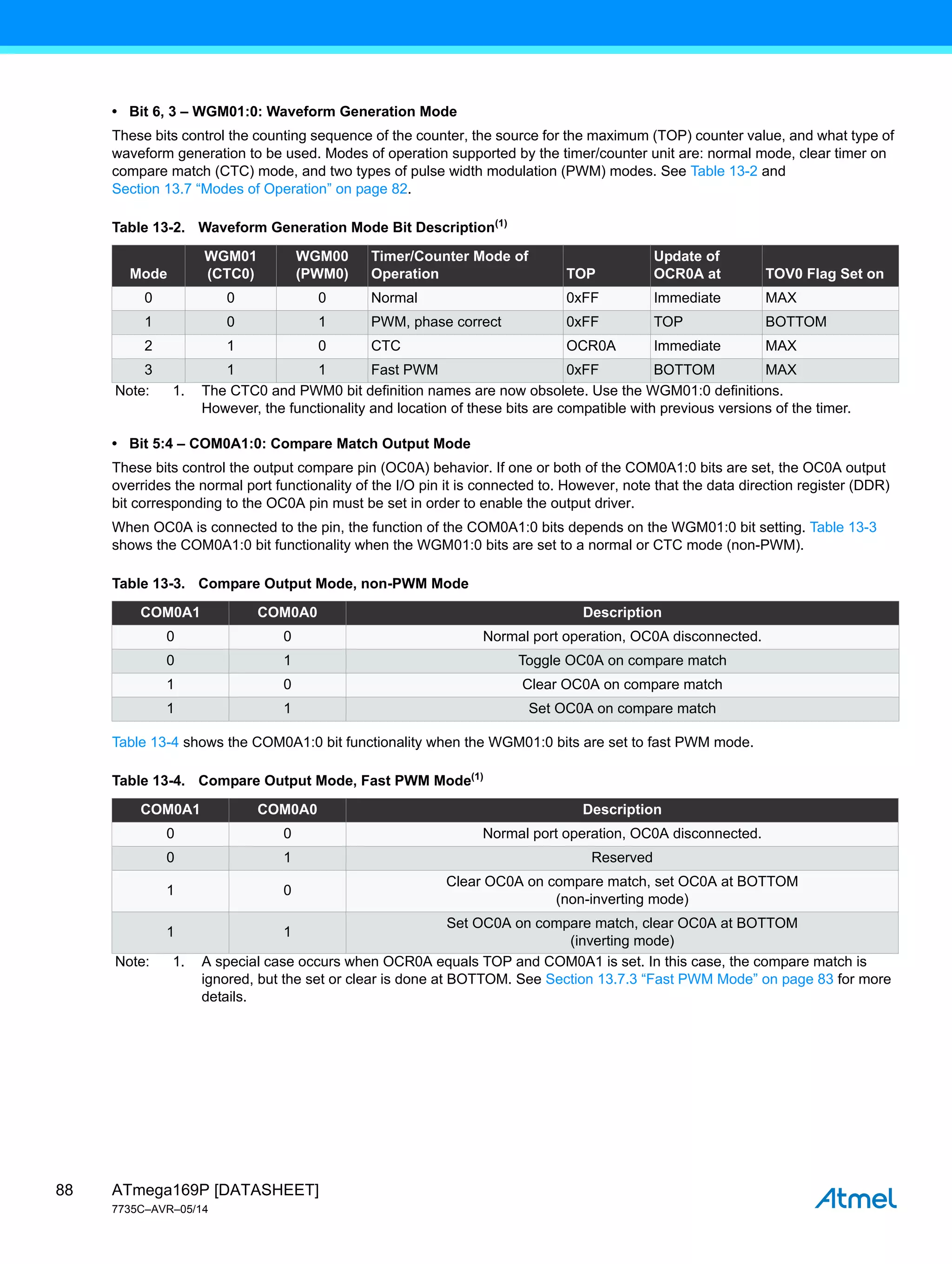ATmega169P [DATASHEET]
7735C–AVR–05/14
88
• Bit 6, 3 – WGM01:0: Waveform Generation Mode
These bits control the counting sequence of the counter, the source for the maximum (TOP) counter value, and what type of
waveform generation to be used. Modes of operation supported by the timer/counter unit are: normal mode, clear timer on
compare match (CTC) mode, and two types of pulse width modulation (PWM) modes. See Table 13-2 and
Section 13.7 “Modes of Operation” on page 82.
• Bit 5:4 – COM0A1:0: Compare Match Output Mode
These bits control the output compare pin (OC0A) behavior. If one or both of the COM0A1:0 bits are set, the OC0A output
overrides the normal port functionality of the I/O pin it is connected to. However, note that the data direction register (DDR)
bit corresponding to the OC0A pin must be set in order to enable the output driver.
When OC0A is connected to the pin, the function of the COM0A1:0 bits depends on the WGM01:0 bit setting. Table 13-3
shows the COM0A1:0 bit functionality when the WGM01:0 bits are set to a normal or CTC mode (non-PWM).
Table 13-4 shows the COM0A1:0 bit functionality when the WGM01:0 bits are set to fast PWM mode.
Table 13-2. Waveform Generation Mode Bit Description(1)
Mode
WGM01
(CTC0)
WGM00
(PWM0)
Timer/Counter Mode of
Operation TOP
Update of
OCR0A at TOV0 Flag Set on
0 0 0 Normal 0xFF Immediate MAX
1 0 1 PWM, phase correct 0xFF TOP BOTTOM
2 1 0 CTC OCR0A Immediate MAX
3 1 1 Fast PWM 0xFF BOTTOM MAX
Note: 1. The CTC0 and PWM0 bit definition names are now obsolete. Use the WGM01:0 definitions.
However, the functionality and location of these bits are compatible with previous versions of the timer.
Table 13-3. Compare Output Mode, non-PWM Mode
COM0A1 COM0A0 Description
0 0 Normal port operation, OC0A disconnected.
0 1 Toggle OC0A on compare match
1 0 Clear OC0A on compare match
1 1 Set OC0A on compare match
Table 13-4. Compare Output Mode, Fast PWM Mode(1)
COM0A1 COM0A0 Description
0 0 Normal port operation, OC0A disconnected.
0 1 Reserved
1 0
Clear OC0A on compare match, set OC0A at BOTTOM
(non-inverting mode)
1 1
Set OC0A on compare match, clear OC0A at BOTTOM
(inverting mode)
Note: 1. A special case occurs when OCR0A equals TOP and COM0A1 is set. In this case, the compare match is
ignored, but the set or clear is done at BOTTOM. See Section 13.7.3 “Fast PWM Mode” on page 83 for more
details.
 