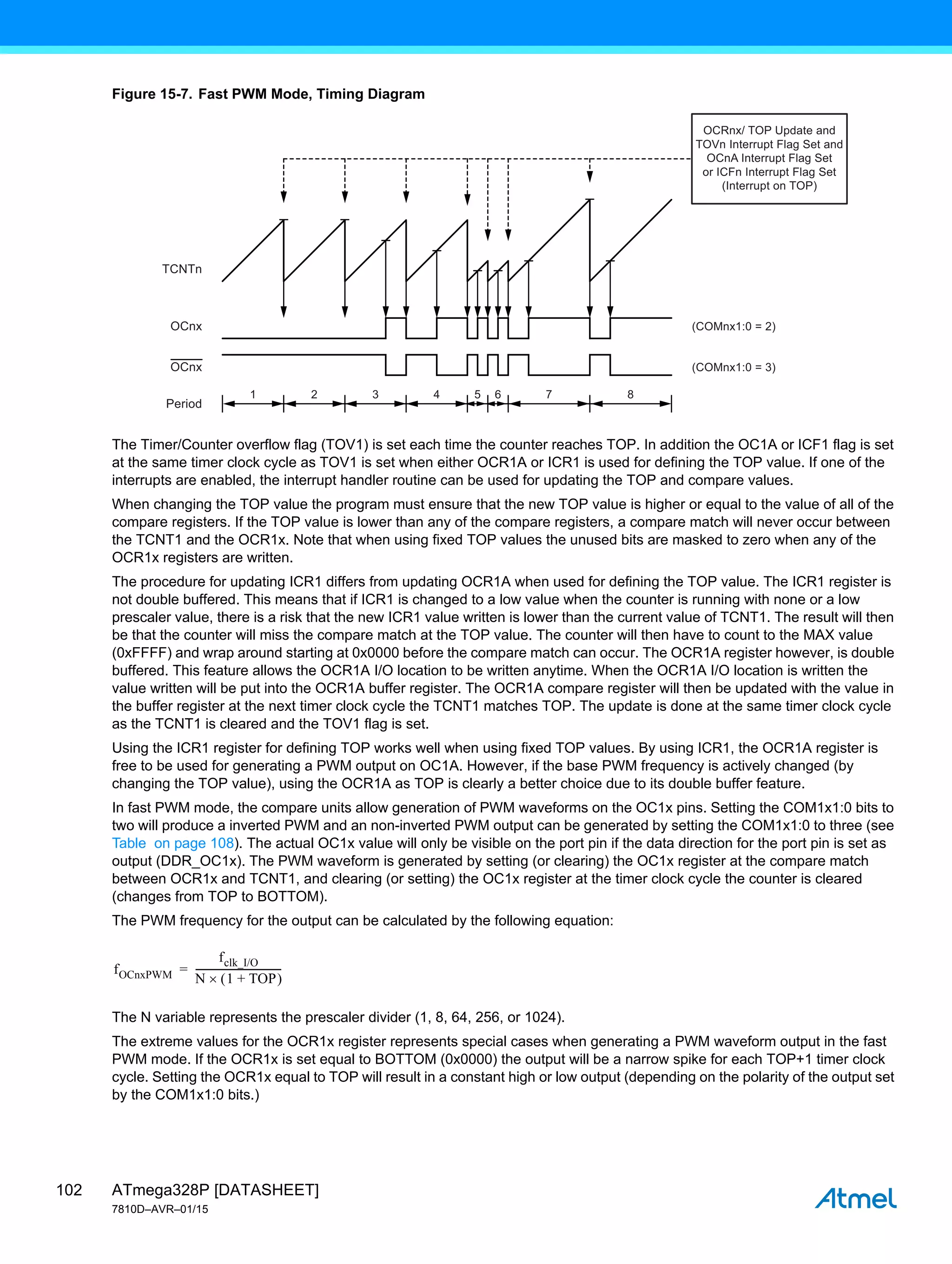 ATmega328P [DATASHEET]
7810D–AVR–01/15
102
Figure 15-7. Fast PWM Mode, Timing Diagram
The Timer/Counter overflow flag (TOV1) is set each time the counter reaches TOP. In addition the OC1A or ICF1 flag is set
at the same timer clock cycle as TOV1 is set when either OCR1A or ICR1 is used for defining the TOP value. If one of the
interrupts are enabled, the interrupt handler routine can be used for updating the TOP and compare values.
When changing the TOP value the program must ensure that the new TOP value is higher or equal to the value of all of the
compare registers. If the TOP value is lower than any of the compare registers, a compare match will never occur between
the TCNT1 and the OCR1x. Note that when using fixed TOP values the unused bits are masked to zero when any of the
OCR1x registers are written.
The procedure for updating ICR1 differs from updating OCR1A when used for defining the TOP value. The ICR1 register is
not double buffered. This means that if ICR1 is changed to a low value when the counter is running with none or a low
prescaler value, there is a risk that the new ICR1 value written is lower than the current value of TCNT1. The result will then
be that the counter will miss the compare match at the TOP value. The counter will then have to count to the MAX value
(0xFFFF) and wrap around starting at 0x0000 before the compare match can occur. The OCR1A register however, is double
buffered. This feature allows the OCR1A I/O location to be written anytime. When the OCR1A I/O location is written the
value written will be put into the OCR1A buffer register. The OCR1A compare register will then be updated with the value in
the buffer register at the next timer clock cycle the TCNT1 matches TOP. The update is done at the same timer clock cycle
as the TCNT1 is cleared and the TOV1 flag is set.
Using the ICR1 register for defining TOP works well when using fixed TOP values. By using ICR1, the OCR1A register is
free to be used for generating a PWM output on OC1A. However, if the base PWM frequency is actively changed (by
changing the TOP value), using the OCR1A as TOP is clearly a better choice due to its double buffer feature.
In fast PWM mode, the compare units allow generation of PWM waveforms on the OC1x pins. Setting the COM1x1:0 bits to
two will produce a inverted PWM and an non-inverted PWM output can be generated by setting the COM1x1:0 to three (see
Table on page 108). The actual OC1x value will only be visible on the port pin if the data direction for the port pin is set as
output (DDR_OC1x). The PWM waveform is generated by setting (or clearing) the OC1x register at the compare match
between OCR1x and TCNT1, and clearing (or setting) the OC1x register at the timer clock cycle the counter is cleared
(changes from TOP to BOTTOM).
The PWM frequency for the output can be calculated by the following equation:
The N variable represents the prescaler divider (1, 8, 64, 256, or 1024).
The extreme values for the OCR1x register represents special cases when generating a PWM waveform output in the fast
PWM mode. If the OCR1x is set equal to BOTTOM (0x0000) the output will be a narrow spike for each TOP+1 timer clock
cycle. Setting the OCR1x equal to TOP will result in a constant high or low output (depending on the polarity of the output set
by the COM1x1:0 bits.)
1 2 3 4 5
TCNTn
(COMnx1:0 = 2)
OCnx
OCnx
Period
OCRnx/ TOP Update and
TOVn Interrupt Flag Set and
OCnA Interrupt Flag Set
or ICFn Interrupt Flag Set
(Interrupt on TOP)
6 7 8
(COMnx1:0 = 3)
fOCnxPWM
fclk_I/O
N 1 TOP
+
 

-----------------------------------
-
=
 