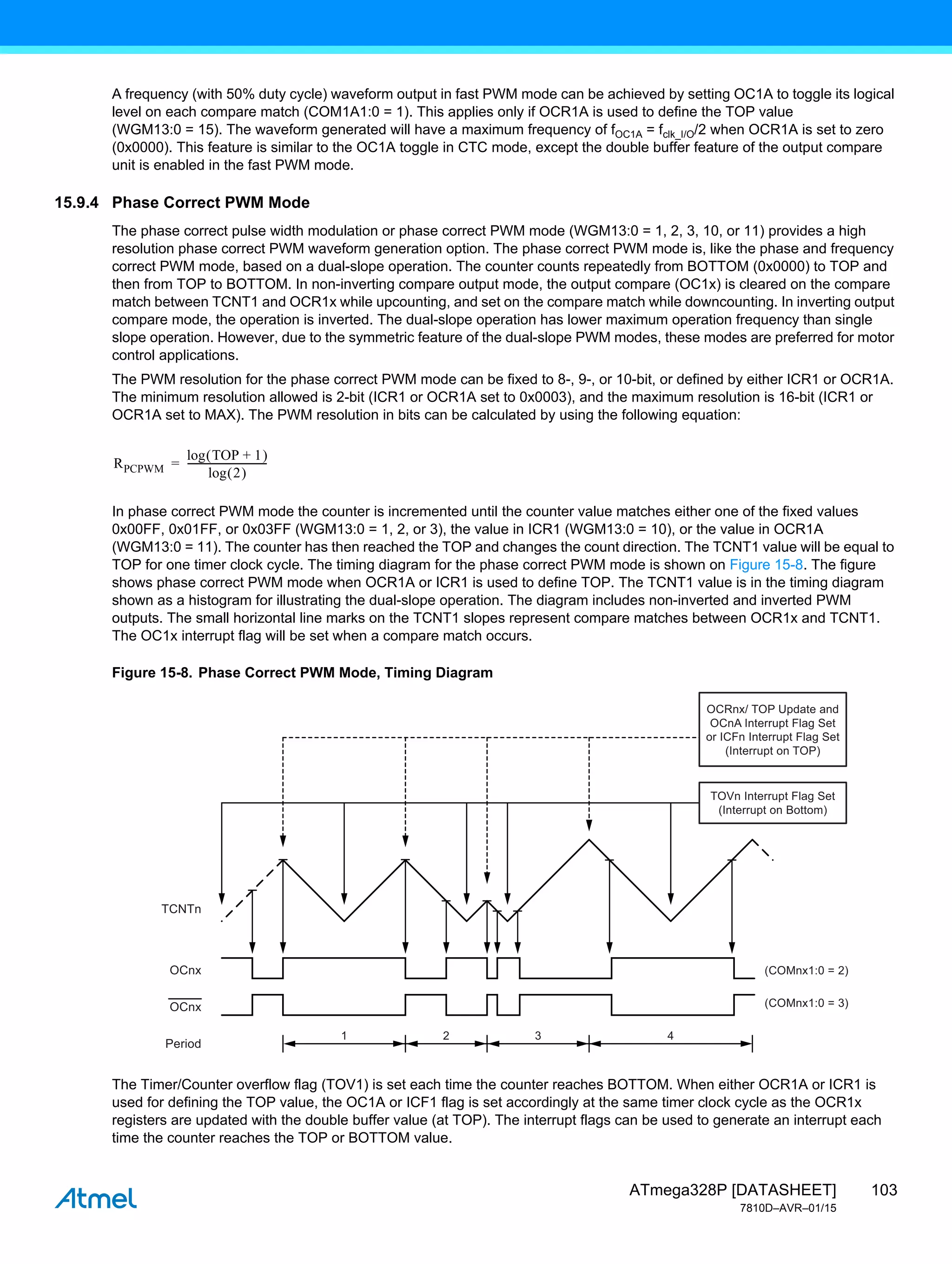 103
ATmega328P [DATASHEET]
7810D–AVR–01/15
A frequency (with 50% duty cycle) waveform output in fast PWM mode can be achieved by setting OC1A to toggle its logical
level on each compare match (COM1A1:0 = 1). This applies only if OCR1A is used to define the TOP value
(WGM13:0 = 15). The waveform generated will have a maximum frequency of fOC1A = fclk_I/O/2 when OCR1A is set to zero
(0x0000). This feature is similar to the OC1A toggle in CTC mode, except the double buffer feature of the output compare
unit is enabled in the fast PWM mode.
15.9.4 Phase Correct PWM Mode
The phase correct pulse width modulation or phase correct PWM mode (WGM13:0 = 1, 2, 3, 10, or 11) provides a high
resolution phase correct PWM waveform generation option. The phase correct PWM mode is, like the phase and frequency
correct PWM mode, based on a dual-slope operation. The counter counts repeatedly from BOTTOM (0x0000) to TOP and
then from TOP to BOTTOM. In non-inverting compare output mode, the output compare (OC1x) is cleared on the compare
match between TCNT1 and OCR1x while upcounting, and set on the compare match while downcounting. In inverting output
compare mode, the operation is inverted. The dual-slope operation has lower maximum operation frequency than single
slope operation. However, due to the symmetric feature of the dual-slope PWM modes, these modes are preferred for motor
control applications.
The PWM resolution for the phase correct PWM mode can be fixed to 8-, 9-, or 10-bit, or defined by either ICR1 or OCR1A.
The minimum resolution allowed is 2-bit (ICR1 or OCR1A set to 0x0003), and the maximum resolution is 16-bit (ICR1 or
OCR1A set to MAX). The PWM resolution in bits can be calculated by using the following equation:
In phase correct PWM mode the counter is incremented until the counter value matches either one of the fixed values
0x00FF, 0x01FF, or 0x03FF (WGM13:0 = 1, 2, or 3), the value in ICR1 (WGM13:0 = 10), or the value in OCR1A
(WGM13:0 = 11). The counter has then reached the TOP and changes the count direction. The TCNT1 value will be equal to
TOP for one timer clock cycle. The timing diagram for the phase correct PWM mode is shown on Figure 15-8. The figure
shows phase correct PWM mode when OCR1A or ICR1 is used to define TOP. The TCNT1 value is in the timing diagram
shown as a histogram for illustrating the dual-slope operation. The diagram includes non-inverted and inverted PWM
outputs. The small horizontal line marks on the TCNT1 slopes represent compare matches between OCR1x and TCNT1.
The OC1x interrupt flag will be set when a compare match occurs.
Figure 15-8. Phase Correct PWM Mode, Timing Diagram
The Timer/Counter overflow flag (TOV1) is set each time the counter reaches BOTTOM. When either OCR1A or ICR1 is
used for defining the TOP value, the OC1A or ICF1 flag is set accordingly at the same timer clock cycle as the OCR1x
registers are updated with the double buffer value (at TOP). The interrupt flags can be used to generate an interrupt each
time the counter reaches the TOP or BOTTOM value.
RPCPWM
log TOP 1
+
 
log 2
 
--------------------------------
-
=
1 2 3 4
TCNTn
(COMnx1:0 = 2)
(COMnx1:0 = 3)
OCnx
OCnx
Period
TOVn Interrupt Flag Set
(Interrupt on Bottom)
OCRnx/ TOP Update and
OCnA Interrupt Flag Set
or ICFn Interrupt Flag Set
(Interrupt on TOP)
 