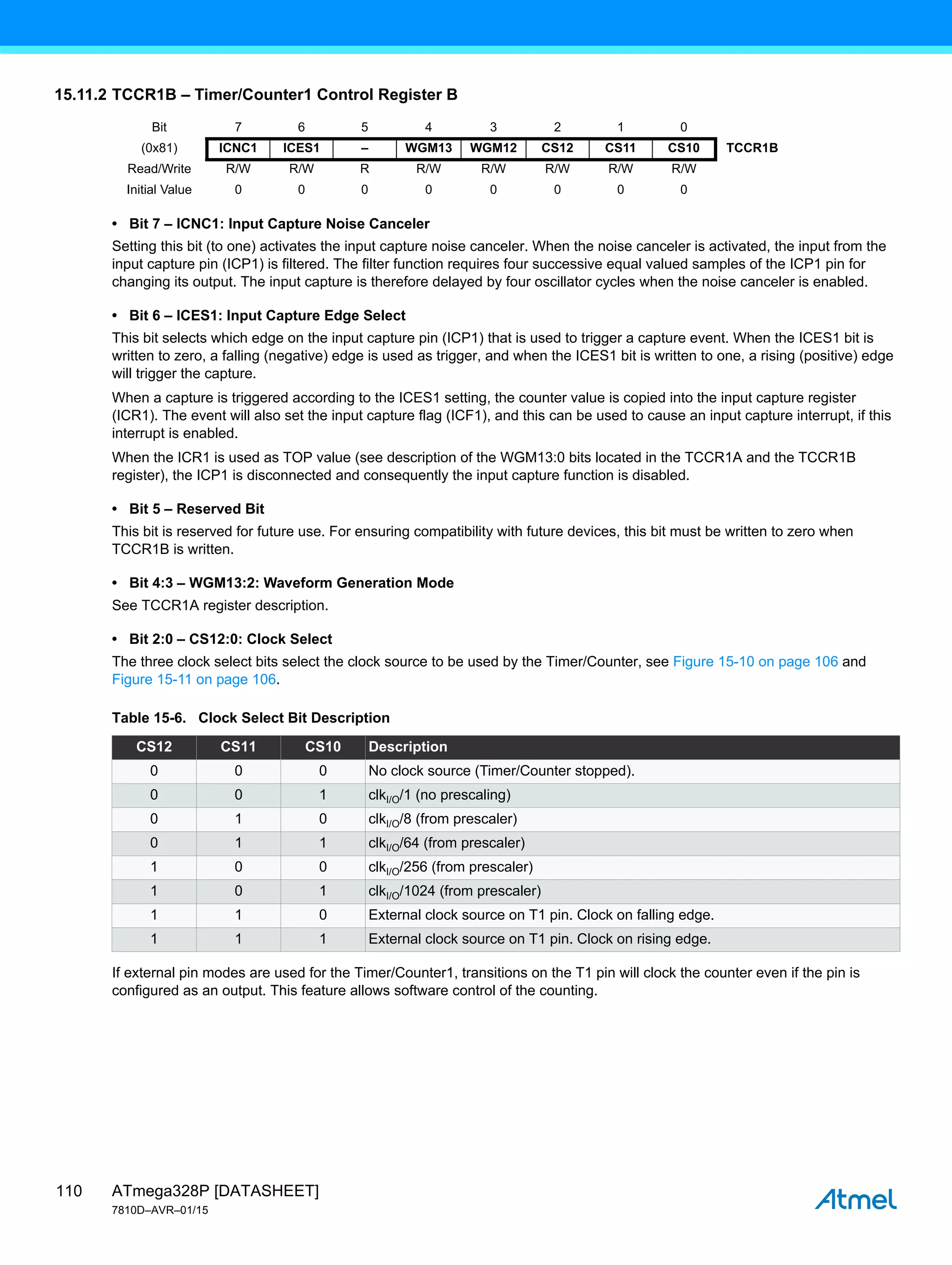 ATmega328P [DATASHEET]
7810D–AVR–01/15
110
15.11.2 TCCR1B – Timer/Counter1 Control Register B
• Bit 7 – ICNC1: Input Capture Noise Canceler
Setting this bit (to one) activates the input capture noise canceler. When the noise canceler is activated, the input from the
input capture pin (ICP1) is filtered. The filter function requires four successive equal valued samples of the ICP1 pin for
changing its output. The input capture is therefore delayed by four oscillator cycles when the noise canceler is enabled.
• Bit 6 – ICES1: Input Capture Edge Select
This bit selects which edge on the input capture pin (ICP1) that is used to trigger a capture event. When the ICES1 bit is
written to zero, a falling (negative) edge is used as trigger, and when the ICES1 bit is written to one, a rising (positive) edge
will trigger the capture.
When a capture is triggered according to the ICES1 setting, the counter value is copied into the input capture register
(ICR1). The event will also set the input capture flag (ICF1), and this can be used to cause an input capture interrupt, if this
interrupt is enabled.
When the ICR1 is used as TOP value (see description of the WGM13:0 bits located in the TCCR1A and the TCCR1B
register), the ICP1 is disconnected and consequently the input capture function is disabled.
• Bit 5 – Reserved Bit
This bit is reserved for future use. For ensuring compatibility with future devices, this bit must be written to zero when
TCCR1B is written.
• Bit 4:3 – WGM13:2: Waveform Generation Mode
See TCCR1A register description.
• Bit 2:0 – CS12:0: Clock Select
The three clock select bits select the clock source to be used by the Timer/Counter, see Figure 15-10 on page 106 and
Figure 15-11 on page 106.
If external pin modes are used for the Timer/Counter1, transitions on the T1 pin will clock the counter even if the pin is
configured as an output. This feature allows software control of the counting.
Bit 7 6 5 4 3 2 1 0
(0x81) ICNC1 ICES1 – WGM13 WGM12 CS12 CS11 CS10 TCCR1B
Read/Write R/W R/W R R/W R/W R/W R/W R/W
Initial Value 0 0 0 0 0 0 0 0
Table 15-6. Clock Select Bit Description
CS12 CS11 CS10 Description
0 0 0 No clock source (Timer/Counter stopped).
0 0 1 clkI/O/1 (no prescaling)
0 1 0 clkI/O/8 (from prescaler)
0 1 1 clkI/O/64 (from prescaler)
1 0 0 clkI/O/256 (from prescaler)
1 0 1 clkI/O/1024 (from prescaler)
1 1 0 External clock source on T1 pin. Clock on falling edge.
1 1 1 External clock source on T1 pin. Clock on rising edge.
 