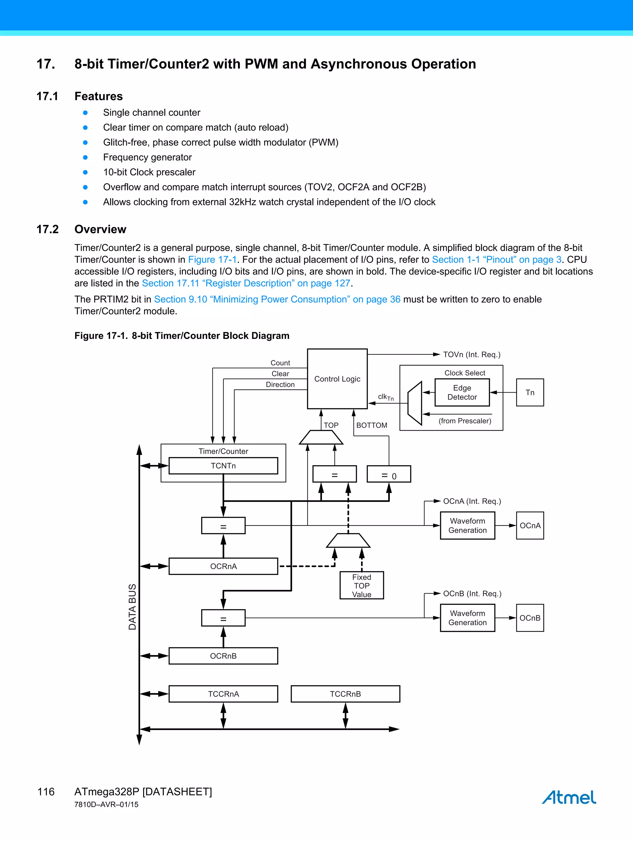 ATmega328P [DATASHEET]
7810D–AVR–01/15
116
17. 8-bit Timer/Counter2 with PWM and Asynchronous Operation
17.1 Features
● Single channel counter
● Clear timer on compare match (auto reload)
● Glitch-free, phase correct pulse width modulator (PWM)
● Frequency generator
● 10-bit Clock prescaler
● Overflow and compare match interrupt sources (TOV2, OCF2A and OCF2B)
● Allows clocking from external 32kHz watch crystal independent of the I/O clock
17.2 Overview
Timer/Counter2 is a general purpose, single channel, 8-bit Timer/Counter module. A simplified block diagram of the 8-bit
Timer/Counter is shown in Figure 17-1. For the actual placement of I/O pins, refer to Section 1-1 “Pinout” on page 3. CPU
accessible I/O registers, including I/O bits and I/O pins, are shown in bold. The device-specific I/O register and bit locations
are listed in the Section 17.11 “Register Description” on page 127.
The PRTIM2 bit in Section 9.10 “Minimizing Power Consumption” on page 36 must be written to zero to enable
Timer/Counter2 module.
Figure 17-1. 8-bit Timer/Counter Block Diagram
Control Logic
TCNTn
Timer/Counter
Count
Clear
Direction
clkTn
OCRnA
OCRnB
TCCRnA TCCRnB
=
Edge
Detector
(from Prescaler)
Clock Select
TOP BOTTOM
TOVn (Int. Req.)
OCnA (Int. Req.)
Tn
Waveform
Generation
Fixed
TOP
Value
DATA
BUS
=
= = 0
OCnA
OCnB (Int. Req.)
Waveform
Generation
OCnB
 