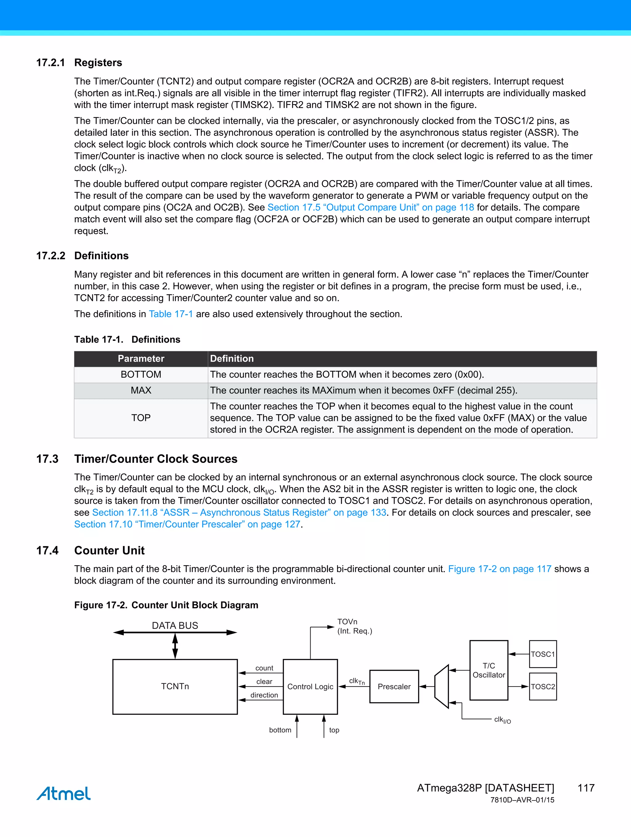 117
ATmega328P [DATASHEET]
7810D–AVR–01/15
17.2.1 Registers
The Timer/Counter (TCNT2) and output compare register (OCR2A and OCR2B) are 8-bit registers. Interrupt request
(shorten as int.Req.) signals are all visible in the timer interrupt flag register (TIFR2). All interrupts are individually masked
with the timer interrupt mask register (TIMSK2). TIFR2 and TIMSK2 are not shown in the figure.
The Timer/Counter can be clocked internally, via the prescaler, or asynchronously clocked from the TOSC1/2 pins, as
detailed later in this section. The asynchronous operation is controlled by the asynchronous status register (ASSR). The
clock select logic block controls which clock source he Timer/Counter uses to increment (or decrement) its value. The
Timer/Counter is inactive when no clock source is selected. The output from the clock select logic is referred to as the timer
clock (clkT2).
The double buffered output compare register (OCR2A and OCR2B) are compared with the Timer/Counter value at all times.
The result of the compare can be used by the waveform generator to generate a PWM or variable frequency output on the
output compare pins (OC2A and OC2B). See Section 17.5 “Output Compare Unit” on page 118 for details. The compare
match event will also set the compare flag (OCF2A or OCF2B) which can be used to generate an output compare interrupt
request.
17.2.2 Definitions
Many register and bit references in this document are written in general form. A lower case “n” replaces the Timer/Counter
number, in this case 2. However, when using the register or bit defines in a program, the precise form must be used, i.e.,
TCNT2 for accessing Timer/Counter2 counter value and so on.
The definitions in Table 17-1 are also used extensively throughout the section.
17.3 Timer/Counter Clock Sources
The Timer/Counter can be clocked by an internal synchronous or an external asynchronous clock source. The clock source
clkT2 is by default equal to the MCU clock, clkI/O. When the AS2 bit in the ASSR register is written to logic one, the clock
source is taken from the Timer/Counter oscillator connected to TOSC1 and TOSC2. For details on asynchronous operation,
see Section 17.11.8 “ASSR – Asynchronous Status Register” on page 133. For details on clock sources and prescaler, see
Section 17.10 “Timer/Counter Prescaler” on page 127.
17.4 Counter Unit
The main part of the 8-bit Timer/Counter is the programmable bi-directional counter unit. Figure 17-2 on page 117 shows a
block diagram of the counter and its surrounding environment.
Figure 17-2. Counter Unit Block Diagram
Table 17-1. Definitions
Parameter Definition
BOTTOM The counter reaches the BOTTOM when it becomes zero (0x00).
MAX The counter reaches its MAXimum when it becomes 0xFF (decimal 255).
TOP
The counter reaches the TOP when it becomes equal to the highest value in the count
sequence. The TOP value can be assigned to be the fixed value 0xFF (MAX) or the value
stored in the OCR2A register. The assignment is dependent on the mode of operation.
top
bottom
TOVn
(Int. Req.)
DATA BUS
Control Logic
TCNTn
clkTn
clear
count
direction
clkI/O
Prescaler
T/C
Oscillator
TOSC1
TOSC2
 