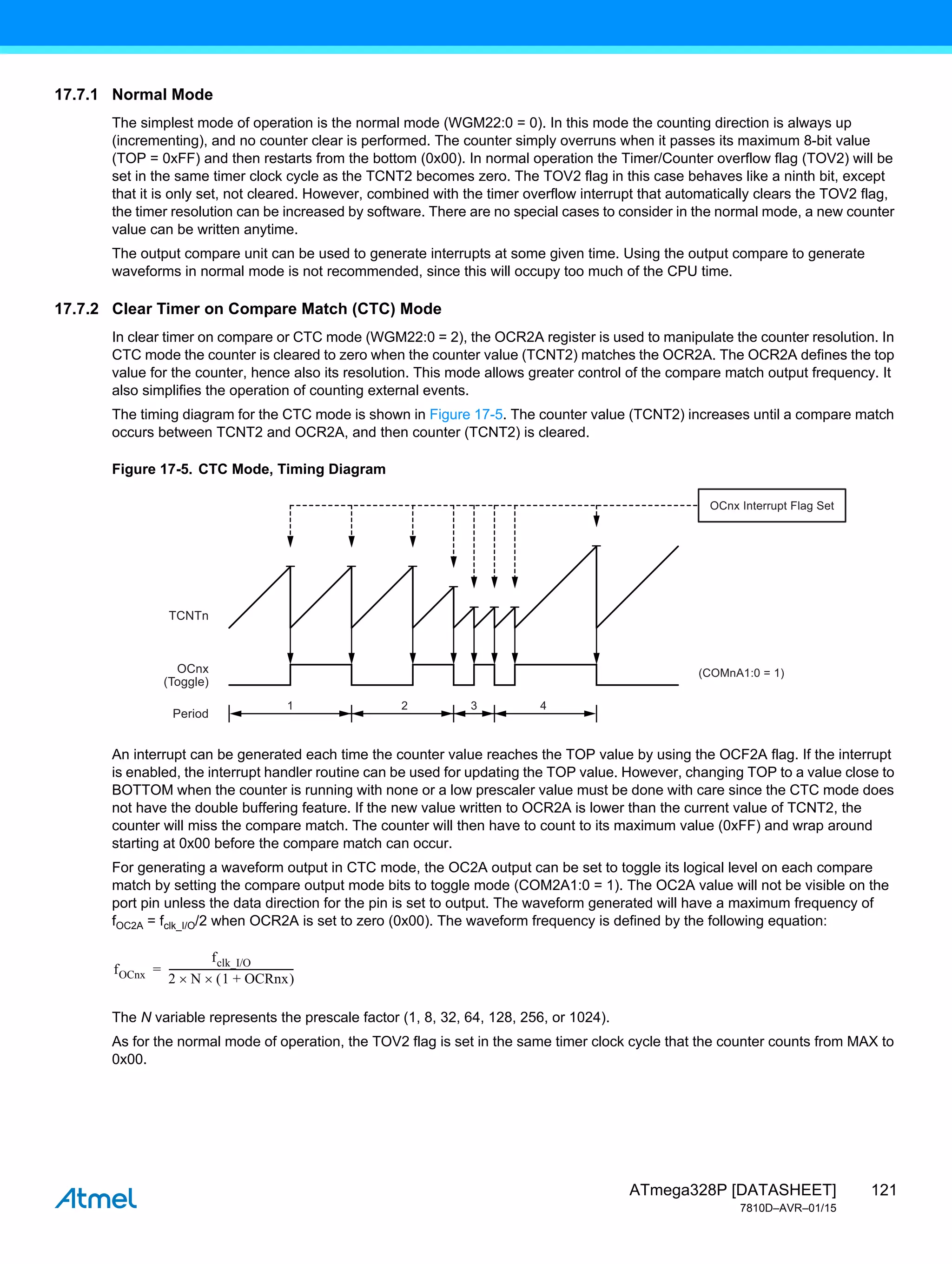 121
ATmega328P [DATASHEET]
7810D–AVR–01/15
17.7.1 Normal Mode
The simplest mode of operation is the normal mode (WGM22:0 = 0). In this mode the counting direction is always up
(incrementing), and no counter clear is performed. The counter simply overruns when it passes its maximum 8-bit value
(TOP = 0xFF) and then restarts from the bottom (0x00). In normal operation the Timer/Counter overflow flag (TOV2) will be
set in the same timer clock cycle as the TCNT2 becomes zero. The TOV2 flag in this case behaves like a ninth bit, except
that it is only set, not cleared. However, combined with the timer overflow interrupt that automatically clears the TOV2 flag,
the timer resolution can be increased by software. There are no special cases to consider in the normal mode, a new counter
value can be written anytime.
The output compare unit can be used to generate interrupts at some given time. Using the output compare to generate
waveforms in normal mode is not recommended, since this will occupy too much of the CPU time.
17.7.2 Clear Timer on Compare Match (CTC) Mode
In clear timer on compare or CTC mode (WGM22:0 = 2), the OCR2A register is used to manipulate the counter resolution. In
CTC mode the counter is cleared to zero when the counter value (TCNT2) matches the OCR2A. The OCR2A defines the top
value for the counter, hence also its resolution. This mode allows greater control of the compare match output frequency. It
also simplifies the operation of counting external events.
The timing diagram for the CTC mode is shown in Figure 17-5. The counter value (TCNT2) increases until a compare match
occurs between TCNT2 and OCR2A, and then counter (TCNT2) is cleared.
Figure 17-5. CTC Mode, Timing Diagram
An interrupt can be generated each time the counter value reaches the TOP value by using the OCF2A flag. If the interrupt
is enabled, the interrupt handler routine can be used for updating the TOP value. However, changing TOP to a value close to
BOTTOM when the counter is running with none or a low prescaler value must be done with care since the CTC mode does
not have the double buffering feature. If the new value written to OCR2A is lower than the current value of TCNT2, the
counter will miss the compare match. The counter will then have to count to its maximum value (0xFF) and wrap around
starting at 0x00 before the compare match can occur.
For generating a waveform output in CTC mode, the OC2A output can be set to toggle its logical level on each compare
match by setting the compare output mode bits to toggle mode (COM2A1:0 = 1). The OC2A value will not be visible on the
port pin unless the data direction for the pin is set to output. The waveform generated will have a maximum frequency of
fOC2A = fclk_I/O/2 when OCR2A is set to zero (0x00). The waveform frequency is defined by the following equation:
The N variable represents the prescale factor (1, 8, 32, 64, 128, 256, or 1024).
As for the normal mode of operation, the TOV2 flag is set in the same timer clock cycle that the counter counts from MAX to
0x00.
1 2
TCNTn
(COMnA1:0 = 1)
OCnx
(Toggle)
Period
3
OCnx Interrupt Flag Set
4
fOCnx
fclk_I/O
2 N
 1 OCRnx
+
 

---------------------------------------------------
-
=
 