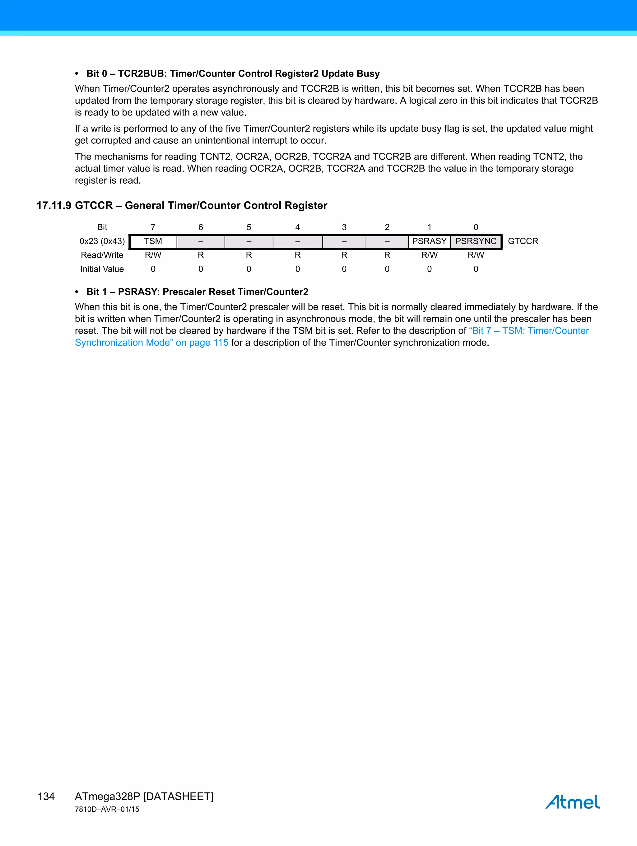 ATmega328P [DATASHEET]
7810D–AVR–01/15
134
• Bit 0 – TCR2BUB: Timer/Counter Control Register2 Update Busy
When Timer/Counter2 operates asynchronously and TCCR2B is written, this bit becomes set. When TCCR2B has been
updated from the temporary storage register, this bit is cleared by hardware. A logical zero in this bit indicates that TCCR2B
is ready to be updated with a new value.
If a write is performed to any of the five Timer/Counter2 registers while its update busy flag is set, the updated value might
get corrupted and cause an unintentional interrupt to occur.
The mechanisms for reading TCNT2, OCR2A, OCR2B, TCCR2A and TCCR2B are different. When reading TCNT2, the
actual timer value is read. When reading OCR2A, OCR2B, TCCR2A and TCCR2B the value in the temporary storage
register is read.
17.11.9 GTCCR – General Timer/Counter Control Register
• Bit 1 – PSRASY: Prescaler Reset Timer/Counter2
When this bit is one, the Timer/Counter2 prescaler will be reset. This bit is normally cleared immediately by hardware. If the
bit is written when Timer/Counter2 is operating in asynchronous mode, the bit will remain one until the prescaler has been
reset. The bit will not be cleared by hardware if the TSM bit is set. Refer to the description of “Bit 7 – TSM: Timer/Counter
Synchronization Mode” on page 115 for a description of the Timer/Counter synchronization mode.
Bit 7 6 5 4 3 2 1 0
0x23 (0x43) TSM – – – – – PSRASY PSRSYNC GTCCR
Read/Write R/W R R R R R R/W R/W
Initial Value 0 0 0 0 0 0 0 0
 