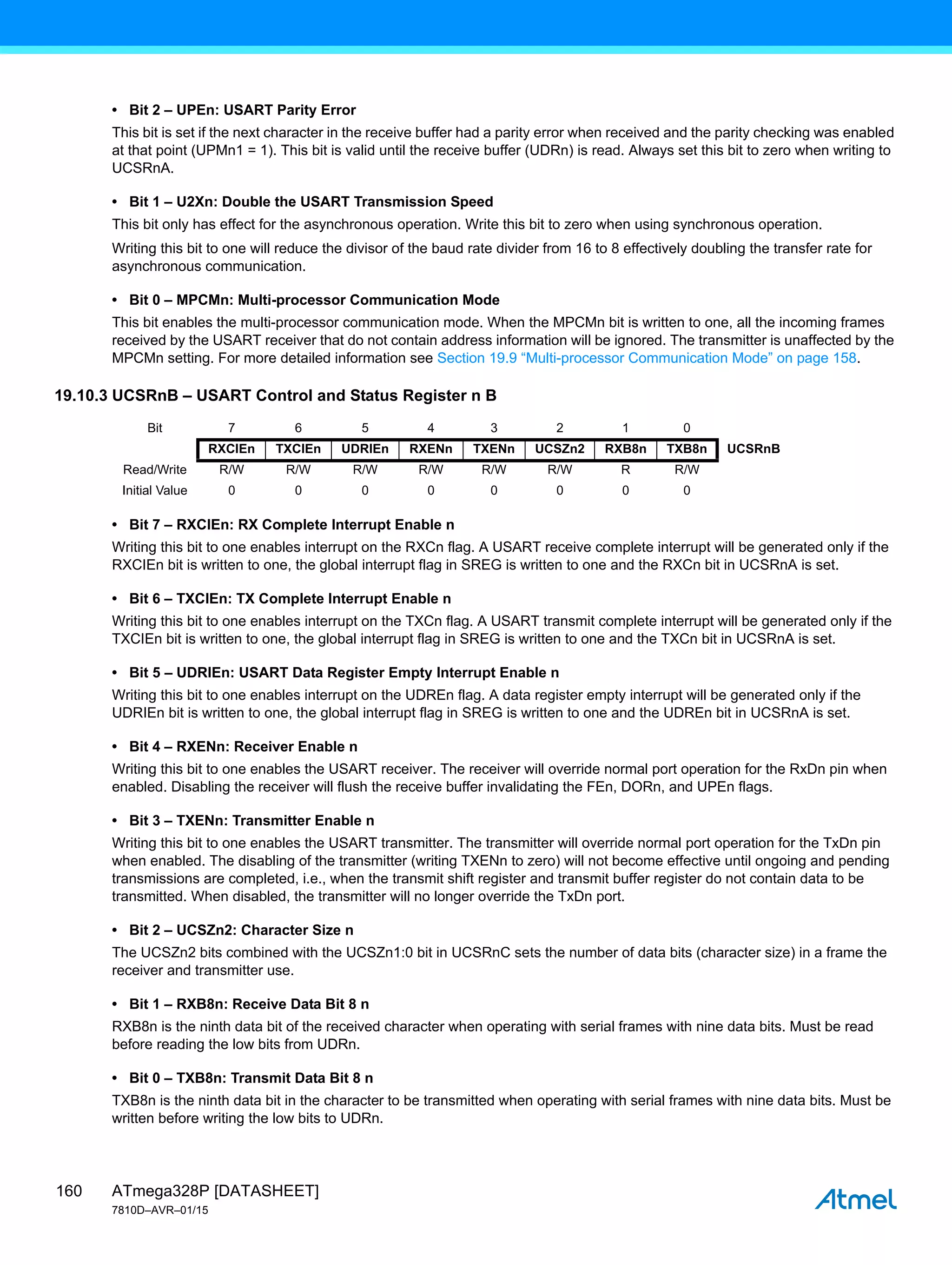 ATmega328P [DATASHEET]
7810D–AVR–01/15
160
• Bit 2 – UPEn: USART Parity Error
This bit is set if the next character in the receive buffer had a parity error when received and the parity checking was enabled
at that point (UPMn1 = 1). This bit is valid until the receive buffer (UDRn) is read. Always set this bit to zero when writing to
UCSRnA.
• Bit 1 – U2Xn: Double the USART Transmission Speed
This bit only has effect for the asynchronous operation. Write this bit to zero when using synchronous operation.
Writing this bit to one will reduce the divisor of the baud rate divider from 16 to 8 effectively doubling the transfer rate for
asynchronous communication.
• Bit 0 – MPCMn: Multi-processor Communication Mode
This bit enables the multi-processor communication mode. When the MPCMn bit is written to one, all the incoming frames
received by the USART receiver that do not contain address information will be ignored. The transmitter is unaffected by the
MPCMn setting. For more detailed information see Section 19.9 “Multi-processor Communication Mode” on page 158.
19.10.3 UCSRnB – USART Control and Status Register n B
• Bit 7 – RXCIEn: RX Complete Interrupt Enable n
Writing this bit to one enables interrupt on the RXCn flag. A USART receive complete interrupt will be generated only if the
RXCIEn bit is written to one, the global interrupt flag in SREG is written to one and the RXCn bit in UCSRnA is set.
• Bit 6 – TXCIEn: TX Complete Interrupt Enable n
Writing this bit to one enables interrupt on the TXCn flag. A USART transmit complete interrupt will be generated only if the
TXCIEn bit is written to one, the global interrupt flag in SREG is written to one and the TXCn bit in UCSRnA is set.
• Bit 5 – UDRIEn: USART Data Register Empty Interrupt Enable n
Writing this bit to one enables interrupt on the UDREn flag. A data register empty interrupt will be generated only if the
UDRIEn bit is written to one, the global interrupt flag in SREG is written to one and the UDREn bit in UCSRnA is set.
• Bit 4 – RXENn: Receiver Enable n
Writing this bit to one enables the USART receiver. The receiver will override normal port operation for the RxDn pin when
enabled. Disabling the receiver will flush the receive buffer invalidating the FEn, DORn, and UPEn flags.
• Bit 3 – TXENn: Transmitter Enable n
Writing this bit to one enables the USART transmitter. The transmitter will override normal port operation for the TxDn pin
when enabled. The disabling of the transmitter (writing TXENn to zero) will not become effective until ongoing and pending
transmissions are completed, i.e., when the transmit shift register and transmit buffer register do not contain data to be
transmitted. When disabled, the transmitter will no longer override the TxDn port.
• Bit 2 – UCSZn2: Character Size n
The UCSZn2 bits combined with the UCSZn1:0 bit in UCSRnC sets the number of data bits (character size) in a frame the
receiver and transmitter use.
• Bit 1 – RXB8n: Receive Data Bit 8 n
RXB8n is the ninth data bit of the received character when operating with serial frames with nine data bits. Must be read
before reading the low bits from UDRn.
• Bit 0 – TXB8n: Transmit Data Bit 8 n
TXB8n is the ninth data bit in the character to be transmitted when operating with serial frames with nine data bits. Must be
written before writing the low bits to UDRn.
Bit 7 6 5 4 3 2 1 0
RXCIEn TXCIEn UDRIEn RXENn TXENn UCSZn2 RXB8n TXB8n UCSRnB
Read/Write R/W R/W R/W R/W R/W R/W R R/W
Initial Value 0 0 0 0 0 0 0 0
 